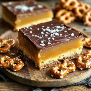 - 2 cups crushed pretzels - 1/2 cup unsalted butter, melted - 1/2 cup packed brown sugar - 1 cup granulated sugar - 1 cup heavy cream - 1 teaspoon pure vanilla extract - 1 cup semi-sweet chocolate chips - Flaky sea salt, for garnish To make No-Bake Salted Caramel Pretzel Bars, you need simple ingredients. First, crushed pretzels give a nice crunch. The melted unsalted butter helps hold everything together. Brown sugar adds a rich flavor. Granulated sugar balances the sweetness. Heavy cream makes the caramel creamy and smooth. The vanilla extract enhances the taste. Semi-sweet chocolate chips are for the top layer. A sprinkle of flaky sea salt adds a perfect touch. - Additional toppings (nuts, caramel drizzle) - Alternative chocolate types (dark, milk) You can customize your bars by adding extra toppings. Chopped nuts or a drizzle of caramel make them even better. Feel free to swap the chocolate too. Use dark or milk chocolate if you prefer. These options let you create your own special twist on the recipe. First, grab a large mixing bowl. Add 2 cups of crushed pretzels to the bowl. Pour in 1/2 cup of melted unsalted butter. Use a spatula to mix it well. Make sure every pretzel piece gets coated with butter. Next, take an 8x8-inch baking pan. Line it with parchment paper, leaving some paper hanging over the sides. This helps with easy removal later. Firmly press the pretzel mixture into the bottom of the pan. Spread it evenly to create a solid base. Once done, pop the pan into the refrigerator. This will keep it cool while we make the caramel layer. Now, we will make the caramel. In a medium saucepan, combine 1/2 cup of packed brown sugar, 1 cup of granulated sugar, and 1 cup of heavy cream. Set your heat to medium. Whisk the mixture until the sugars dissolve fully. Let it come to a gentle boil. Watch it closely and boil without stirring for about 5 minutes. The caramel should thicken and turn a deep, rich color. Once it thickens, remove it from the heat. Stir in 1 teaspoon of pure vanilla extract for flavor. Let the caramel cool for a few minutes so it thickens even more. Carefully pour the warm caramel over your pretzel base. Use a spatula to spread it evenly. Then, return the pan to the refrigerator for about 30 minutes. This helps the caramel set. While that cools, melt the chocolate. Place 1 cup of semi-sweet chocolate chips in a microwave-safe bowl. Heat it in 30-second intervals, stirring after each time. Continue until the chocolate is completely melted and smooth. Once the caramel is set, pour the melted chocolate over the top. Spread it evenly with a spatula. To finish, sprinkle some flaky sea salt over the chocolate layer. This adds a nice touch. Finally, place the pan back in the refrigerator for at least one hour. This allows the bars to firm up completely. Once set, lift the bars out using the parchment paper. Cut them into squares or rectangles for serving. - Ensure even distribution of ingredients: Mix the crushed pretzels and melted butter well. This helps each bite have a nice salty flavor. Press the mixture firmly into the pan. This makes a strong base that holds together. - Tips for melting chocolate without burning: Use a microwave-safe bowl. Heat the chocolate in 30-second bursts. Stir after each interval. This helps the chocolate melt evenly. Stop when it’s smooth, as overcooking can ruin it. - Ideal refrigeration tips: Keep your bars in the fridge. They taste best when chilled. Use an airtight container for storage. This keeps them fresh for up to a week. - Presentation ideas for serving: Serve the bars on a pretty plate. Add a few whole pretzels on top. A sprinkle of flaky sea salt will make them look even more tempting. {{image_4}} You can easily change up your No-Bake Salted Caramel Pretzel Bars. Adding nuts gives them a nice crunch. Try using chopped pecans or almonds. They add a great texture and flavor. You can also experiment with flavored chocolate. Try mint or orange chocolate for a fun twist. Just melt the flavored chocolate like regular chocolate. Then pour it over the caramel layer. If you need gluten-free options, use gluten-free pretzels. They work just as well and taste great. For vegan alternatives, swap the butter with coconut oil. Also, choose dairy-free chocolate chips. This way, you can enjoy the bars without any animal products. These adjustments keep the delicious flavors while fitting different diets. No-Bake Salted Caramel Pretzel Bars stay fresh in the fridge for up to one week. To keep them tasty, store them in an airtight container. This helps prevent them from drying out and losing flavor. You can freeze these bars for up to three months. To freeze, wrap each bar in plastic wrap. Then, place them in a freezer-safe bag or container. When you want to enjoy them, take them out and thaw them in the fridge overnight. This keeps the taste and texture just right. These bars stay fresh in the fridge for up to one week. Store them in an airtight container. For longer storage, you can freeze them for up to three months. Just wrap each bar well before freezing. Yes, these bars are great to make ahead of time. You can prepare them one to two days before serving. Just keep them in the fridge until you’re ready to enjoy. This will help the flavors develop even more! To cut the bars cleanly, use a sharp knife. First, chill the bars until firm. Then, let the knife warm slightly under hot water. Wipe it dry before cutting. This will help prevent sticking and make clean cuts. This recipe for No-Bake Salted Caramel Pretzel Bars showcases simple steps to make a tasty snack. We covered the key ingredients and optional ones to add your twist. You learned how to prepare the base, make caramel, and assemble the bars. Remember to follow tips for best results and storage. These bars are fun to make and great for sharing. Enjoy your sweet treat and impress others with your new skills!