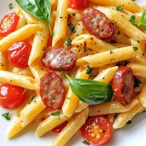 To make creamy smoked sausage pasta, gather these tasty ingredients: - 8 oz (225 g) penne pasta - 2 tablespoons extra-virgin olive oil - 12 oz (340 g) smoked sausage, sliced into bite-sized pieces - 1 medium onion, finely diced - 3 cloves garlic, finely minced - 1 red bell pepper, diced into small cubes - 1 cup cherry tomatoes, halved - 1 cup heavy cream - 1 cup freshly grated Parmesan cheese - 1 teaspoon smoked paprika - Salt and freshly ground black pepper to taste - Fresh basil leaves for garnish If you can’t find some ingredients, don’t worry! Here are some swaps you can try: - Pasta: You can use any pasta you like, such as fusilli or rigatoni. - Smoked Sausage: Try kielbasa or chicken sausage for a lighter option. - Heavy Cream: Use half-and-half or coconut cream for a different flavor. - Parmesan Cheese: Grate some Pecorino Romano or nutritional yeast for a vegan option. - Vegetables: Mix in zucchini, spinach, or mushrooms for more veggies. You’ll need some basic tools to whip up this dish: - A large pot for boiling pasta - A spacious skillet for sautéing - A colander to drain the pasta - A cutting board and knife for chopping - A cheese grater for the Parmesan These items make cooking easier, helping you create a delightful meal! {{ingredient_image_2}} To start, fill a large pot with 4 quarts of salted water. Bring it to a rolling boil. Add 8 ounces of penne pasta to the pot. Cook the pasta based on the package instructions, usually 10 to 12 minutes. You want it to be al dente. This means it should be firm when you bite into it. After cooking, drain the pasta in a colander. Set it aside while you prepare the other ingredients. Next, take a large skillet and heat 2 tablespoons of extra-virgin olive oil over medium heat. Wait until the oil shimmers. Add 12 ounces of sliced smoked sausage to the skillet. Sauté the sausage for about 5 minutes. You want it to be browned and a bit crispy. After that, remove the sausage from the skillet and set it aside. Keep the tasty fat from the sausage in the pan; it adds flavor to your dish. In the same skillet, add one finely diced medium onion. Cook it for about 2 to 3 minutes until it turns soft and translucent. Then, add 3 cloves of minced garlic and one diced red bell pepper. Sauté these for another 3 to 4 minutes. This will let the flavors blend. Now, stir in one cup of halved cherry tomatoes. Cook them until they begin to burst, which should take around 2 minutes. The juices from the tomatoes will add great taste. Now, lower the heat and pour in 1 cup of heavy cream. Stir well to mix everything. Gradually add 1 cup of freshly grated Parmesan cheese. Sprinkle in 1 teaspoon of smoked paprika as you stir. Keep stirring until the cheese melts and the sauce thickens a bit, about 2 to 3 minutes. Finally, return the browned sausage to the skillet. Add the drained penne pasta and toss everything together. Ensure the pasta is well coated in the creamy sauce. Taste it and add salt and black pepper as needed. Your creamy smoked sausage pasta is now ready to serve! To make your creamy smoked sausage pasta shine, use simple seasonings. Start with smoked paprika. This spice adds a warm, smoky flavor. Add salt and pepper to taste. Fresh herbs can boost the dish. Basil works well, but parsley is nice too. You can also sprinkle some red pepper flakes for a bit of heat. A creamy sauce needs to be smooth. To achieve this, heat the cream gently. Stir often to avoid burning. When you add Parmesan, do it slowly. This helps it melt evenly. If your sauce is too thick, add a splash of pasta water. This will loosen it up without losing flavor. How you present your dish matters! Serve the pasta in wide, shallow bowls. This lets the vibrant colors pop. For a touch of elegance, drizzle olive oil on top. Sprinkle extra Parmesan cheese for a beautiful finish. Lastly, add fresh basil leaves as a garnish. This not only looks great but adds more flavor too. Pro Tips Use Fresh Ingredients: Whenever possible, opt for fresh vegetables and high-quality sausage to enhance the overall flavor of your dish. Adjust the Creaminess: For a lighter version, substitute half the heavy cream with chicken broth or use a lighter cream alternative. Perfect Pasta Cooking: Make sure to cook the pasta just until al dente; it will continue to cook when mixed with the sauce, preventing it from becoming mushy. Customize Your Veggies: Feel free to add or substitute other vegetables, such as spinach or zucchini, to add more nutrition and flavor to the dish. {{image_4}} You can easily add more veggies to your creamy smoked sausage pasta. Try adding: - Spinach or kale for a green boost. - Zucchini, sliced thin for added crunch. - Mushrooms for a rich, earthy flavor. - Peas for a pop of sweetness. Cook these veggies with the onion and bell pepper. This adds color and nutrition. Switching up the sausage can change the dish’s flavor. You might try: - Chicken sausage for a leaner option. - Italian sausage for a spicy kick. - Turkey sausage for a lighter choice. Each type brings its own taste. Pick one that fits your mood! If you need gluten-free or dairy-free options, it's simple. Use: - Gluten-free penne pasta made from rice or corn. - Coconut cream or cashew cream instead of heavy cream. - Nutritional yeast for a cheesy flavor without dairy. These swaps keep your dish tasty while fitting your dietary needs. Enjoy your creamy smoked sausage pasta any way you like! To keep your creamy smoked sausage pasta fresh, let it cool first. Transfer the leftovers to an airtight container. Make sure to seal it tightly. Store the container in the fridge. It helps to label the container with the date. This way, you know when you made it. When you're ready to enjoy your leftovers, take them out of the fridge. You can reheat the pasta on the stove or in the microwave. If using the stove, add a splash of milk or cream to prevent it from drying out. Stir it gently over low heat until it is warm. In the microwave, use a microwave-safe dish. Heat in short bursts, stirring in between. This will ensure even heating. Your creamy smoked sausage pasta will stay good in the fridge for about 3 to 4 days. If you want to keep it longer, consider freezing it. In the freezer, it can last up to 2 months. Just remember to use a freezer-safe container. When you're ready to eat it, thaw it overnight in the fridge. Then follow the reheating instructions above. Yes, you can use other types of pasta. Options like fusilli, farfalle, or rigatoni work well. Just remember to adjust the cooking time based on the type you choose. The key is to cook it until it's al dente. This keeps the pasta firm and tasty in your dish. If you want to avoid heavy cream, try using half-and-half or whole milk. You can also use coconut milk for a dairy-free option. These substitutes will change the flavor and texture slightly. To get a thicker sauce, mix in some cornstarch or a bit of cream cheese. To add some heat, you can include red pepper flakes or diced jalapeños. Stir these in while cooking the sausage or veggies. Another option is to use spicy sausage instead of smoked sausage. Adjust the amount based on your personal spice level. Enjoy the kick! This blog post covered the main ingredients and steps for making creamy smoked sausage pasta. We explored key ingredients and tasty substitutes, along with helpful cooking tips. You can adjust the recipe to fit your taste, add options for veggies, and choose various sausages. Remember to store leftovers properly for best quality. I hope you enjoy making this dish as much as I do. It's easy, flexible, and so satisfying!