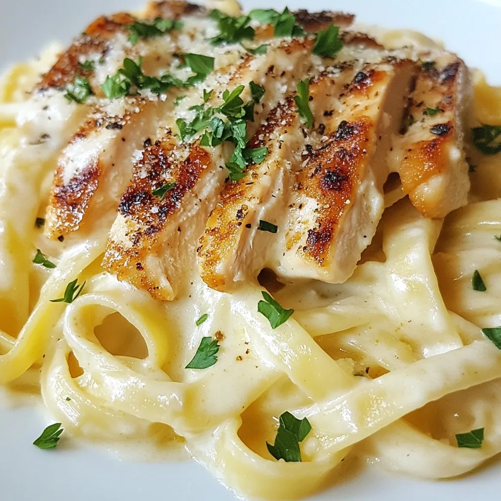 To make a tasty Creamy Garlic Chicken Alfredo, you need a few key ingredients. Here’s what you will need: - 2 boneless, skinless chicken breasts (about 1 pound) - 8 ounces fettuccine pasta - 4 tablespoons unsalted butter (divided) - 4 cloves garlic, finely minced - 1 cup heavy cream - 1 cup freshly grated Parmesan cheese - 1 teaspoon garlic powder - 1 teaspoon Italian seasoning - Salt and freshly cracked black pepper to taste - Fresh parsley, finely chopped (for garnish) Each ingredient plays a role in creating a rich, creamy flavor. The chicken gives protein and heartiness, while the fettuccine provides a perfect base for the sauce. Seasoning your dish enhances the flavors. I recommend using: - Salt and freshly cracked black pepper to taste - Garlic powder for extra garlic flavor - Italian seasoning for a subtle herb touch - Fresh parsley for garnish, adding color and freshness These seasonings help balance the richness of the sauce and add depth. Using good-quality ingredients makes a big difference. Here are my suggestions: - Chicken: Buy organic or free-range chicken breasts for better flavor. - Pasta: Choose high-quality durum wheat fettuccine for a great texture. - Butter: Use unsalted butter so you can better control the salt. - Cream: Look for heavy cream with no additives for the best texture. - Parmesan: Opt for freshly grated Parmesan cheese. It melts better and tastes richer. Investing in quality ingredients ensures your Creamy Garlic Chicken Alfredo will be delicious and satisfying. {{ingredient_image_2}} Start by boiling salted water in a large pot. Add 8 ounces of fettuccine pasta to the water. Cook it according to the package instructions until it is al dente. This usually takes about 8 to 10 minutes. Once cooked, drain the pasta. Make sure to keep about 1 cup of the pasta water. Set the drained pasta aside for later. Season both sides of 2 boneless, skinless chicken breasts well with salt, pepper, and garlic powder. In a large skillet, melt 2 tablespoons of unsalted butter over medium heat. When the butter is bubbling, add the seasoned chicken. Cook each side for about 6 to 8 minutes. The chicken should turn golden brown and be cooked through. Once done, take the chicken out and let it rest on a cutting board. Slice it into strips after it cools. In the same skillet, add the remaining 2 tablespoons of butter. Then, add 4 finely minced garlic cloves. Sauté the garlic for about 1 to 2 minutes. Stir it constantly to avoid burning. Once the garlic smells good, pour in 1 cup of heavy cream. Stir the mixture well and let it gently simmer. Gradually whisk in 1 cup of freshly grated Parmesan cheese. Keep stirring until the cheese melts into a smooth sauce. Add 1 teaspoon of Italian seasoning and taste the sauce. Adjust the flavor with salt and freshly cracked black pepper as needed. If the sauce is too thick, mix in small amounts of the reserved pasta water until it reaches your desired creaminess. Add the drained fettuccine and sliced chicken to the skillet. Toss everything gently to coat the pasta and chicken evenly in the creamy sauce. Serve the creamy garlic chicken Alfredo hot. For a fresh touch, sprinkle finely chopped fresh parsley on top. This adds color and enhances the flavors. Enjoy your delicious dinner choice! To make the best Alfredo sauce, focus on two key points: quality ingredients and temperature. Use heavy cream and fresh Parmesan cheese. These will give your sauce a rich, creamy texture. Start by melting butter and sautéing garlic until fragrant. Slowly add the heavy cream. This gentle heat helps to blend flavors well. When you add the cheese, whisk constantly. This keeps the sauce smooth and creamy. If the sauce is too thick, add a bit of reserved pasta water. This will help reach your desired consistency. For juicy chicken, follow these steps. First, season the chicken well with salt, pepper, and garlic powder. This adds flavor right from the start. Use medium heat in your skillet. This allows the chicken to cook evenly. Sauté each side for 6-8 minutes until golden brown. Always let the chicken rest before slicing. This keeps the juices inside, making each bite moist and tender. To keep leftovers fresh, cool the dish before storing. Place it in an airtight container in the fridge. It will last for about 3 days. For longer storage, freeze the chicken Alfredo in a freezer-safe container. It can stay good for up to 2 months. When reheating, do this gently. Use low heat on the stove or microwave. Add a splash of milk or cream to keep it creamy. Pro Tips Rest the Chicken: Allowing the chicken to rest after cooking helps retain its juices, making each bite more tender and flavorful. Use Fresh Ingredients: Using freshly grated Parmesan cheese and fresh garlic enhances the overall flavor of the Alfredo sauce, making it richer and more aromatic. Adjust Sauce Thickness: If your Alfredo sauce is too thick, gradually add reserved pasta water to achieve the desired creamy consistency without compromising flavor. Add a Twist: For a unique flavor profile, consider adding a pinch of nutmeg or a splash of white wine to the sauce for an extra layer of complexity. {{image_4}} You can make Chicken Alfredo even better by adding veggies! Broccoli, spinach, or bell peppers work great. These veggies add color and nutrition. To make this dish, cook your chosen veggies in the same skillet after the chicken. Next, mix them into the Alfredo sauce before adding the pasta and chicken. This way, you get a tasty and healthy meal in one bowl. Fettuccine is the classic choice for Chicken Alfredo, but you can switch it up! Try penne, spaghetti, or even gluten-free pasta. Each type gives a different texture and taste to the dish. Just remember to cook the pasta until it's al dente, so it holds onto that creamy sauce well. The key is to enjoy your favorite pasta shape while keeping the rich flavors intact. If you're looking for a new twist, try using different proteins. Shrimp, scallops, or even tofu can replace chicken. Cook them the same way as the chicken, adjusting the cooking time as needed. These swaps can change the flavor profile while keeping the dish creamy and delicious. You can also mix proteins for a fun seafood Alfredo! After you make Creamy Garlic Chicken Alfredo, let it cool down. Store leftovers in an airtight container. Keep it in the fridge for up to three days. This helps keep your meal fresh and tasty. Make sure the container is sealed well to avoid any bad smells or flavors. You can freeze Creamy Garlic Chicken Alfredo too! Place it in a freezer-safe container. It will stay good for up to three months. To thaw, move it to the fridge the night before you plan to eat it. This way, it defrosts slowly and stays tasty. When you're ready to eat your leftovers, reheat them gently. Use a skillet over low heat. Add a splash of milk or reserved pasta water. This will help the sauce regain its creamy texture. Stir often to prevent burning. You can also use the microwave, but check every 30 seconds to avoid overheating. Enjoy your delicious meal all over again! Yes, you can use half-and-half instead of heavy cream. However, the sauce will be less rich and creamy. Heavy cream has a higher fat content, which gives the sauce its smooth texture. If you use half-and-half, consider adding a little extra cheese for more flavor. To make this dish healthier, try these tips: - Use whole wheat fettuccine for more fiber. - Use skinless chicken thighs instead of breasts for more flavor. - Reduce the amount of butter or use olive oil. - Add vegetables like spinach or broccoli for extra nutrients. If you don't have Parmesan cheese, you can use: - Grana Padano or Pecorino Romano for a similar taste. - Nutritional yeast for a dairy-free option that adds umami. - A mix of mozzarella and a little bit of cheddar as a last resort. To reheat Alfredo pasta without it getting dry, follow these steps: - Add a splash of milk or cream when reheating. - Use low heat on the stove or microwave. - Stir often to help the sauce blend back in. This keeps it creamy and delicious. In this post, I detailed how to make creamy garlic chicken Alfredo. I covered key ingredients, like pasta and chicken, and shared tips for perfect sauce. I also discussed variations and storage tips. This dish is easy to customize and sure to impress. You can enjoy it fresh or save leftovers. With the right techniques, anyone can create a great meal. Dive into the world of savory Alfredo, and have fun cooking!