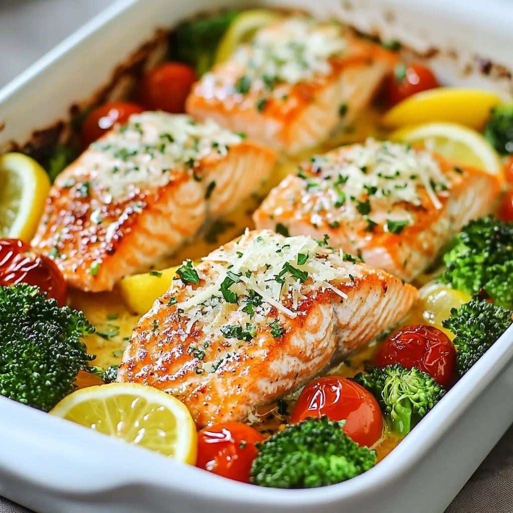 You need 4 fresh salmon fillets for this recipe. Choose fillets that are bright in color and smell fresh. Salmon is healthy and full of omega-3 fats. These fats help your heart and brain. Fresh salmon makes the dish taste amazing. For flavor, gather these tasty items: - 2 tablespoons extra virgin olive oil - 2 tablespoons unsalted butter, melted - Zest of 1 lemon - Juice of 1 lemon - 3 cloves garlic, minced finely - 1/2 cup freshly grated Parmesan cheese - Salt and black pepper to taste The olive oil and butter create a rich base. Lemon zest and juice add brightness. Garlic gives depth and warmth. Parmesan cheese adds a salty, nutty flavor that pairs well with the salmon. You will need these vegetables: - 1 cup cherry tomatoes, halved - 1 cup broccoli florets These veggies bring color and nutrition. Cherry tomatoes add sweetness, while broccoli adds crunch. For garnish, use fresh parsley, chopped. It gives a fresh touch to the dish. With these ingredients, you create a delightful meal. Each bite bursts with flavor. Enjoy cooking! {{ingredient_image_2}} Start by preheating your oven to 400°F (200°C). This step is key for roasting the salmon and veggies. While the oven warms up, grab your baking dish. Make sure it is large enough to hold everything without crowding. In a large bowl, whisk together the olive oil, melted butter, lemon zest, lemon juice, and minced garlic. Mix until everything is well combined. This mixture adds a bright flavor to your meal. Place the salmon fillets in the baking dish. Drizzle half of the lemon-garlic mixture over the salmon. Make sure each piece is coated. Sprinkle salt and black pepper on top. Next, add the halved cherry tomatoes and broccoli florets around the salmon. Drizzle the rest of the lemon-garlic mixture over the veggies. Toss them gently to coat. Now, sprinkle freshly grated Parmesan cheese over the salmon and vegetables. This will create a lovely golden crust as they bake. Place the baking dish in the oven. Bake for 15-20 minutes. The salmon is done when it flakes easily with a fork. The veggies should be tender but still bright. After baking, let the dish rest for 5 minutes before serving. Garnish with chopped fresh parsley for extra color and taste. To get perfectly cooked salmon, check the time. Bake it for 15-20 minutes. The salmon should flake easily with a fork when done. If you want to be sure, use a meat thermometer. The internal temperature should reach 145°F (63°C). Keep an eye on the fish. Overcooking makes it dry and tough. To boost flavors, use fresh ingredients. Fresh lemon zest and juice add brightness. Garlic gives a nice kick. Don’t skip the salt and pepper; they really enhance taste. For more depth, consider adding herbs like thyme or dill. A sprinkle of red pepper flakes can add heat if you like spice. Feel free to experiment with your favorite flavors. For an eye-catching presentation, serve directly from the baking dish. It looks rustic and inviting. If you prefer, plate individual servings. Add a lemon wedge on the side for a pop of color. Sprinkle fresh parsley over the dish for a fresh look. A colorful plate makes the meal more appealing! Pro Tips Freshness Matters: Always use the freshest salmon you can find, as it significantly enhances the flavor and texture of the dish. Season Generously: Don’t skimp on the salt and pepper; they elevate the overall taste of the salmon and vegetables. Customize Your Veggies: Feel free to mix in other vegetables like asparagus or bell peppers, depending on what you have on hand. Let It Rest: Allowing the dish to rest for a few minutes after baking helps the flavors to meld and makes for a more enjoyable eating experience. {{image_4}} You can change the salmon for other fish. Try tilapia or cod for a lighter taste. If you want a richer flavor, go for trout. You can also swap out the Parmesan cheese. Try feta for a tangy twist, or use a dairy-free cheese for a vegan option. For a spicy kick, add red pepper flakes to the lemon-garlic mix. You can bake the salmon, but grilling is another great choice. Grilling gives it a smoky flavor. If you want to use a stovetop, try pan-searing. Just cook the salmon in a hot skillet until golden. For a quick meal, you can also use an air fryer. This method makes the salmon crispy and delicious. Use whatever is fresh in your area. In spring, add asparagus or snap peas. Summer is great for zucchini and bell peppers. In fall, try butternut squash or Brussels sprouts. Winter veggies like carrots or kale work well too. Mix and match based on what’s in season for a fresh taste. After enjoying One-Pan Lemon Parmesan Salmon, let the leftovers cool. Place them in an airtight container. Store it in the fridge for up to three days. This keeps the salmon moist and fresh. If you separate the salmon from the veggies, it stays even better. To reheat, preheat your oven to 350°F (175°C). Place the salmon and veggies on a baking sheet. Cover them with foil to keep moisture in. Heat for about 10-15 minutes, or until warm. You can also use a microwave for quick reheating. Just use a lower power setting to avoid drying it out. You can freeze this dish for later! Wrap the salmon and veggies tightly in plastic wrap. Then, place them in a freezer-safe bag or container. It can last for up to three months in the freezer. When ready to eat, thaw it in the fridge overnight before reheating. This keeps flavors intact and makes meal prep easy. The best side dish pairs well with the flavors of lemon and Parmesan. I love serving this salmon with rice or quinoa. Both absorb the rich juices and add a nice texture. A fresh salad works well too. You can use mixed greens or a simple cucumber salad. The crispness of the salad balances the rich salmon. Yes, you can use frozen salmon fillets. Just make sure to thaw them first. Place the frozen fillets in the fridge overnight for best results. If you're short on time, you can run them under cold water for about 30 minutes. Ensure they are fully thawed before cooking. This ensures even cooking and great flavor. To check if salmon is cooked well, look for its color and texture. Cooked salmon turns opaque and flakes easily with a fork. The internal temperature should reach 145°F (63°C). If you don’t have a thermometer, use a fork to test. If it flakes apart, it’s ready to enjoy! This blog post covered how to make One-Pan Lemon Parmesan Salmon. You learned about fresh salmon, key flavors, and vegetables. I shared step-by-step baking instructions and tips for perfect results. We also explored variations for different tastes and how to store leftovers. Enjoy this dish with family and friends. It's easy to make and packed with good flavors. Try it today and see how simple cooking can be!