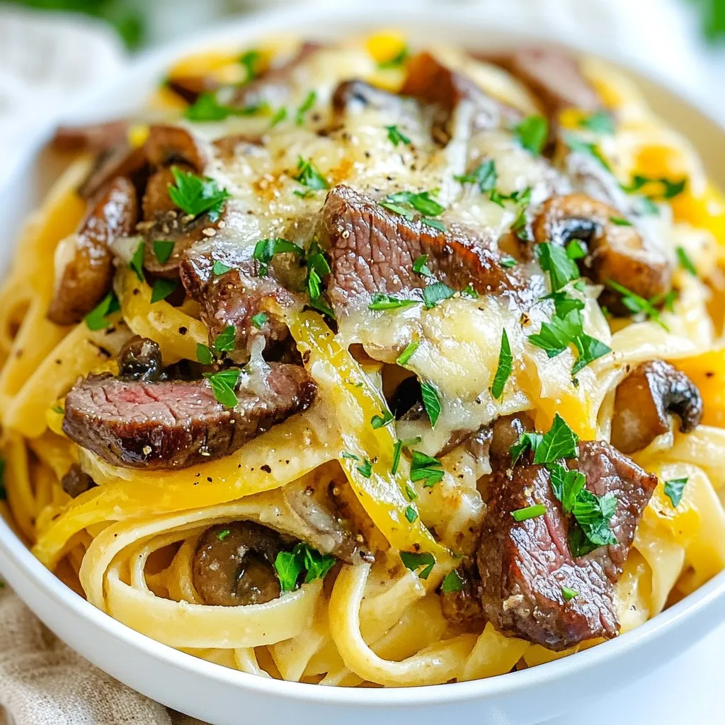 - 8 oz fettuccine pasta - 1 lb ribeye steak, thinly sliced against the grain - 1 tablespoon olive oil - 1 medium onion, thinly sliced - 1 green bell pepper, thinly sliced - 1 cup fresh mushrooms, sliced - 2 cloves garlic, minced - 1 cup beef broth (preferably low-sodium) - 1 cup heavy cream - 1 teaspoon Worcestershire sauce - 1 teaspoon smoked paprika - Salt and black pepper to taste - 1 ½ cups provolone cheese, shredded - Fresh parsley, chopped (for garnish) For this dish, you need specific amounts to make it right. Here’s a breakdown: - Pasta: Use 8 ounces of fettuccine. This gives a great base. - Steak: Use one pound of ribeye steak. Thin slices work best. - Olive oil: Just one tablespoon is enough for sautéing. - Vegetables: One medium onion and one green bell pepper keep the flavor bright. - Mushrooms: A cup of fresh mushrooms adds depth. - Garlic: Two cloves minced to enhance the taste. - Broth and cream: One cup each of beef broth and heavy cream creates a creamy sauce. - Seasonings: Use one teaspoon each of Worcestershire sauce and smoked paprika. Adjust salt and pepper to your liking. - Cheese: Shred one and a half cups of provolone. It melts beautifully. - Garnish: Fresh parsley adds a pop of color and freshness. If you can't find ribeye steak, you can use flank steak or sirloin. For a lighter option, you can swap heavy cream with half-and-half or a plant-based cream. Enjoy the cooking process and make it your own! {{ingredient_image_2}} To cook the fettuccine pasta, bring a large pot of salted water to a rolling boil. Add the pasta and cook it until it is al dente, which means it should have a slight bite. This usually takes about 8-10 minutes. Once cooked, drain the pasta well and set it aside. Make sure to save a little pasta water in case you need it later. Heat a large skillet over medium heat and add olive oil. Once hot, add the thinly sliced onions and green bell peppers. Sauté them for about 4-5 minutes until they soften. Then, add the sliced mushrooms and minced garlic. Cook this mix for another 2 minutes. Layering these flavors builds a rich taste that enhances the dish. After the vegetables are done, push them to one side of the skillet. Increase the heat to medium-high. Add the thinly sliced ribeye steak to the other side. Season with salt, black pepper, and smoked paprika. Sear the steak for about 3-4 minutes until it is browned. Mix everything together for an even flavor. Pour in the beef broth and bring it to a gentle simmer. Stir in the heavy cream and Worcestershire sauce. Allow the sauce to thicken for about 3-5 minutes. Taste and adjust the seasoning as needed. This creamy sauce is key to making your dish rich and delicious. Add the drained fettuccine directly into the skillet with the sauce. Toss everything together until the pasta is well coated. Gradually stir in 1 cup of shredded provolone cheese. Mix until the cheese melts and creates a creamy texture. This step makes the pasta extra comforting. Plate the cheesesteak pasta, and sprinkle additional provolone cheese on top. For a crispy finish, you can place the plates under the broiler for about 2 minutes. This step makes the cheese bubbly and golden. Don’t forget to add a sprinkle of freshly chopped parsley for a bright touch. To make your Philly Cheesesteak Pasta truly sing, focus on some key techniques: - Sear the steak well: Heat your skillet until it's hot. This helps create a nice crust. - Layer your flavors: Start with the onions and bell peppers, then add mushrooms and garlic. Each layer adds depth. - Use a big skillet: This gives you space to cook and stir without spills. For tools, keep these handy: - A large skillet for sautéing. - A pot for boiling pasta. - A sharp knife for slicing steak and veggies. Avoid these typical errors: - Overcooking the steak: It should be browned but not dried out. Look for a nice sear. - Undercooking the pasta: Aim for al dente. This keeps the pasta from getting mushy in the sauce. - Forgetting to taste the sauce: Adjust seasoning before mixing in the pasta. A little salt and pepper go a long way. Signs of overcooked steak include a tough texture. Undercooked pasta will be hard in the center. You can easily customize this dish: - Add spices: Try crushed red pepper flakes for heat. Smoked paprika adds a nice depth too. - Change up the veggies: Add spinach or zucchini for extra nutrition. - Dietary preferences: If you want it vegetarian, use mushrooms or tempeh instead of steak. Substitute the cream with coconut milk for a dairy-free option. Feel free to mix and match to make it your own! Pro Tips Choose the Right Cut: Ribeye steak is ideal for its marbling and flavor, but you can substitute with flank steak for a leaner option. Layering Flavors: Searing the steak after sautéing the vegetables enhances the depth of flavor in your dish, so don’t skip this step! Perfectly Cooked Pasta: Make sure to cook the pasta just until al dente, as it will continue to cook slightly when combined with the sauce. Extra Creaminess: For an even richer sauce, add a splash of cream cheese or mascarpone just before serving for extra creaminess. {{image_4}} For a veggie twist, replace the ribeye steak with mushrooms or tempeh. Both add great texture and flavor. Use a mix of mushrooms like portobello and shiitake for a rich taste. To make the sauce vegetarian-friendly, swap beef broth for vegetable broth. This keeps the dish hearty and delicious while being meat-free. If you need a gluten-free meal, choose gluten-free pasta like brown rice or quinoa pasta. These options work well and cook similarly to regular pasta. When making the sauce, double-check that your Worcestershire sauce is gluten-free. This will help avoid any gluten sensitivity issues, allowing everyone to enjoy the meal. To spice things up, add jalapeños or a splash of hot sauce. Slice jalapeños thinly and mix them in while cooking the vegetables. Start with a small amount and taste as you go. This keeps the flavors balanced and not too overpowering. If you like it really hot, feel free to add more! To store leftovers safely, let the pasta cool to room temp. Place it in an airtight container. This way, it stays fresh for up to three days. Use glass or BPA-free plastic containers. They help avoid strong smells and keep the food safe. Reheat the pasta on the stove for best results. Add a splash of beef broth or cream to keep it moist. Stir it gently over medium heat until warm. You can also use the microwave. Cover the dish to prevent it from drying out. Heat it in short bursts, stirring often. If you want to freeze the dish, cool it completely first. Use freezer-safe containers or bags. Remove excess air to prevent freezer burn. Thaw it in the fridge overnight before reheating. Reheat it slowly on the stove or in the microwave for best texture. If you can't find ribeye steak, don't worry! You can use other cuts of beef. Here are some great alternatives: - Flank steak: Thin and flavorful, it cooks well. - Sirloin: A bit leaner but still tasty. - Chuck roast: Tender when cooked slowly, great for flavor. These cuts work well in this dish, so feel free to experiment! You can easily make this dish dairy-free by swapping out the cream and cheese. Here are some options: - Use coconut cream or cashew cream instead of heavy cream. - For cheese, try dairy-free cheese shreds or nutritional yeast. These substitutes keep the dish creamy and delicious without dairy! Yes, you can prep this dish ahead of time! Here are some tips: - Cook the pasta and veggies, then store them separately. - Sear the steak and make the sauce, then cool before storing. When ready to eat, just combine and heat everything together. It makes mealtime easy! Pair this hearty pasta with some tasty sides. Here are my favorites: - Garlic bread for dipping in the sauce. - A simple green salad for a fresh crunch. - Roasted vegetables to add more flavor. These sides complement the dish well! This recipe is not very spicy. However, you can adjust the heat to your taste. Here’s how: - Add crushed red pepper flakes while cooking the steak for a kick. - Toss in some jalapeños for extra heat. Just remember to balance the spice with creamy sauce for best flavor! In this post, we explored making Philly Cheesesteak Pasta. We covered essential ingredients, cooking techniques, and serving tips. You learned how to make alternatives for dietary needs and avoid common mistakes. My final thoughts? This dish is fun and versatile. Whether you like it spicy or creamy, you can customize it. Enjoy the cooking process. With practice, you’ll impress friends and family with this tasty meal. Dive in and make it your own!