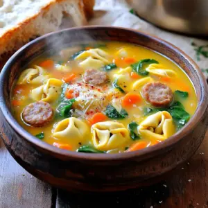 To make Autumn Sausage Tortellini Soup, you will need a few key ingredients. Here is the main ingredients list: - 1 tablespoon olive oil - 1 pound Italian chicken sausage, casings removed - 1 medium onion, finely chopped - 2 cloves garlic, minced - 2 large carrots, peeled and diced - 2 stalks celery, diced - 6 cups chicken broth - 1 can (14.5 oz) diced tomatoes, with juices - 1 teaspoon dried thyme - 1 teaspoon dried oregano - 1/2 teaspoon red pepper flakes (optional, for heat) - 1 package (9 oz) cheese tortellini - 2 cups fresh spinach or kale, chopped - Salt and freshly ground black pepper to taste - Grated Parmesan cheese, for serving This list covers all you need. The olive oil adds richness, while the sausage brings flavor. Onions, garlic, carrots, and celery make a solid base. Chicken broth and diced tomatoes give the soup body. Dried herbs like thyme and oregano add depth. Cheese tortellini makes the soup hearty. Fresh spinach or kale adds color and nutrients. Finally, the Parmesan cheese enhances the taste of each bowl. - Cooking the sausage Start by heating one tablespoon of olive oil in a large stock pot over medium heat. Add one pound of Italian chicken sausage, removing the casings first. Break the sausage up with a spatula as it cooks. Cook until it browns and is cooked through, about five to seven minutes. - Sautéing the vegetables Next, toss in one medium onion, finely chopped, and two cloves of minced garlic. Add two large carrots, peeled and diced, and two stalks of diced celery. Sauté this mix until the vegetables are soft and the onion turns translucent, around five minutes. - Combining broth and tomatoes Pour in six cups of chicken broth and add one can of diced tomatoes with juices. Stir in one teaspoon of dried thyme and one teaspoon of dried oregano. If you like heat, add half a teaspoon of red pepper flakes. - Bringing to a boil Bring the soup mixture to a boil. This step helps blend all the flavors together. - Adding tortellini Once boiling, reduce the heat to a gentle simmer. Now, add one package of cheese tortellini. Cook according to the package instructions, usually three to five minutes. - Stirring in greens After the tortellini is tender and floating, stir in two cups of chopped spinach or kale. Let the greens wilt for two to three minutes. - Seasoning to taste Taste the soup and add salt and freshly ground black pepper to your liking. Adjust the seasoning if needed for the best flavor. - Serving suggestions Ladle the hot soup into warmed bowls. Top each bowl with a generous sprinkle of grated Parmesan cheese. For an extra touch, add a few leaves of spinach on top. Serve with slices of rustic bread for dipping. - Choosing the right sausage: Use Italian chicken sausage for its bold flavor. Look for fresh sausage without fillers or preservatives. If you prefer a milder taste, try turkey sausage instead. - Adjusting spice levels: For a kick, add red pepper flakes. If you like less heat, skip them or reduce the amount. Always taste the soup before serving to find your perfect balance. - Ensuring proper tortellini texture: Cook the tortellini according to package instructions. Overcooking can make them mushy. Aim for al dente for the best bite. - Alternatives for chicken sausage: You can use pork sausage, turkey sausage, or even plant-based sausage. Each option will change the flavor but still create a tasty soup. - Vegetable swaps: If you don’t have carrots or celery, use zucchini or bell peppers. Feel free to add any seasonal veggies you enjoy. - Dairy-free options: For a dairy-free soup, skip the Parmesan cheese. Use nutritional yeast for a cheesy flavor without dairy. Coconut milk can add creaminess if desired. {{image_4}} To make your Autumn Sausage Tortellini Soup even better, try these ideas: - Adding beans or lentils: Beans or lentils boost nutrition and make the soup heartier. You can add one can of drained beans, like cannellini or kidney beans. If using lentils, add them early to cook through. - Incorporating seasonal vegetables: Seasonal veggies brighten the soup. Think about adding diced butternut squash or sliced zucchini. Both cook well and add sweet flavor. - Flavored oils or vinegars: Drizzling flavored oils, like basil or chili oil, gives a nice touch. A splash of balsamic vinegar can add depth and tang. Just a little goes a long way. You can also adapt this soup for different diets: - Gluten-free tortellini: If you need a gluten-free option, look for gluten-free tortellini. Many brands offer delicious alternatives, allowing everyone to enjoy the soup. - Vegan adaptations: To make this soup vegan, swap the chicken sausage for plant-based sausage. Use vegetable broth instead of chicken broth. You can also skip the cheese or use a vegan cheese alternative. These variations let you customize the soup to your taste and dietary needs. Feel free to explore and make it your own! To keep your soup fresh, let it cool first. Then, pour it into airtight containers. You can store it in the fridge for up to three days. If you want to save it longer, freezing is a great option. Just be sure to use freezer-safe containers. This way, your soup will last for about three months. When you’re ready to eat it, thaw it overnight in the fridge. When it comes to reheating, the stove is your best friend. Pour the soup into a pot and heat over medium heat. Stir often to avoid sticking. You can also use the microwave if you’re in a hurry. Just heat it in short bursts and stir in between. To keep the texture right, add a splash of water or broth if it looks thick. This will help bring back the soup’s original creamy feel. Enjoy each bowl just like you made it fresh! How can I make this soup spicier? You can add more red pepper flakes. Start with a pinch and taste. You can also use hot Italian sausage instead of mild. Lastly, try adding diced jalapeños for a fresh kick. What can I use instead of tortellini? You can use any small pasta, like shells or ditalini. For a gluten-free option, try brown rice or quinoa. You can also skip the pasta and add beans for protein. Can I make Autumn Sausage Tortellini Soup in advance? Yes, you can make it ahead. Just store it in the fridge. The flavors blend well overnight. However, add the tortellini right before serving to keep it tender. How long does the soup last in the fridge? The soup lasts about three to four days in the fridge. Make sure to store it in an airtight container. If you want it to last longer, freeze it. Can I add cream to this soup for a richer flavor? Yes, adding cream makes it rich and smooth. Stir in heavy cream just before serving. You can also use milk or half-and-half for a lighter touch. This blog post covered all you need to know about making Autumn Sausage Tortellini Soup. We explored essential ingredients like chicken sausage, tortellini, and fresh greens. The cooking steps guide you through each phase, from sautéing veggies to perfect seasoning. I shared tips to help you master the soup's flavor and texture. Remember, you can customize the recipe with different ingredients or dietary options. This soup is easy to store and reheat, making it a great choice for your week. Enjoy making this warm, hearty dish!