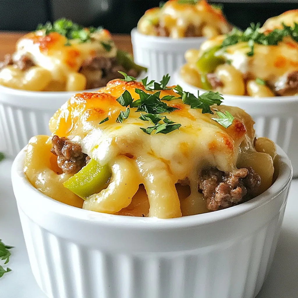 - 8 oz whole wheat macaroni - 1 lb lean ground beef or turkey - 1 large onion, thinly sliced - 1 large bell pepper (preferably green), sliced - 2 cloves garlic, minced - 1 cup low-sodium beef broth - 1 cup low-fat cream cheese, softened - 1 cup shredded provolone cheese - 1 tablespoon Worcestershire sauce - Salt and pepper to taste - 2 tablespoons olive oil - Fresh parsley, chopped (for garnish) This recipe gives you a mix of hearty and healthy. Whole wheat macaroni adds fiber. Lean protein, like ground beef or turkey, packs a punch. Onions, bell peppers, and garlic give it a fresh taste. For the sauce, low-sodium beef broth keeps it savory. Low-fat cream cheese brings creaminess without the guilt. Provolone cheese melts beautifully, adding rich flavor. Worcestershire sauce boosts depth. Salt and pepper season the dish just right. Olive oil helps cook the veggies and meat. Fresh parsley adds a nice touch at the end. Gather these ingredients, and you're set to make a delightful meal! {{ingredient_image_2}} To start, fill a large pot with water. Add a pinch of salt. Bring it to a rolling boil. When it boils, add the whole wheat macaroni. Cook it according to the package. You want it to be al dente, which means firm but cooked. This usually takes about 8-10 minutes. After cooking, drain the macaroni and set it aside. Next, heat a large skillet over medium heat. Add two tablespoons of olive oil. Once the oil shimmers, add the sliced onion and bell pepper. Cook these for about 5-7 minutes. Stir them occasionally. You want them to be tender. They should start to caramelize slightly. This brings out their sweet flavor. Now, push the veggies to one side of the skillet. Add 1 pound of lean ground beef or turkey to the empty space. Cook it for about 5-6 minutes. Stir often and break up the meat with a spatula. You want it fully browned. Season the meat with salt and pepper. This step is key for good flavor. After the meat is browned, add minced garlic and Worcestershire sauce. Stir everything together for about 2 minutes. Then, carefully pour in 1 cup of low-sodium beef broth. Raise the heat to a gentle simmer. Slowly mix in 1 cup of softened low-fat cream cheese. Keep stirring until the sauce is creamy and well combined. Take the cooked macaroni and gently fold it into the skillet. Make sure each piece of macaroni gets coated in the cheesesteak sauce. This will ensure every bite is packed with flavor. Sprinkle 1 cup of shredded provolone cheese over the top. Remove the skillet from heat and cover it with a lid. Let it sit for a couple of minutes. This will melt the cheese perfectly. When serving, you can garnish it with fresh chopped parsley for a pop of color. Enjoy your High Protein Philly Cheesesteak Mac hot! To boost flavor in your High Protein Philly Cheesesteak Mac, consider adding a few spices. Smoked paprika or garlic powder can give a nice kick. You might also try some onion powder for extra depth. A dash of cayenne pepper can add heat if you like spice. For cheese, provolone is great, but cheddar or mozzarella also work well. Each cheese brings a unique taste and texture to the dish. Perfect browning is key to great flavor. Heat your skillet until it’s hot before adding the meat. This helps brown the meat quickly and adds a nice crust. If your macaroni sticks, be sure to stir it often while cooking. Adding a bit of oil to the water can help too. It keeps the pasta from clumping together. You can make this dish ahead of time. Just follow the recipe and let it cool before storing. Place it in an airtight container in the fridge. To reheat, warm it in the oven at 350°F for about 20 minutes. Stir in a splash of broth if it seems dry. Microwaving works, too, but be sure to cover it to keep it moist. Enjoy your meal whenever you want! Pro Tips Use Whole Wheat Pasta: Opting for whole wheat macaroni not only boosts the fiber content but also adds a nutty flavor that complements the dish. Choose Lean Meat: Using lean ground beef or turkey helps keep the dish healthier while still providing ample protein for a filling meal. Customize Vegetables: Feel free to add more vegetables such as mushrooms or spinach for added nutrition and flavor variation. Let it Rest: Allowing the dish to sit for a few minutes after cooking enhances the flavors and gives the cheese time to fully melt and integrate. {{image_4}} You can swap lean ground beef or turkey for other proteins. Chicken works great here. For a plant-based option, use lentils or mushrooms. When you change proteins, adjust cooking time. Chicken may take longer to cook. Always check that it reaches a safe temperature. Making this dish vegan or vegetarian is easy. Replace meat with mushrooms or jackfruit. For cheese, look for plant-based options that melt well. Use gluten-free macaroni if needed. Many brands offer tasty alternatives made from rice or chickpeas. You can add fun ingredients to change flavors. Try mushrooms for earthiness or jalapeños for heat. Both add depth to the dish. For a unique twist, use different sauces, like buffalo sauce or barbecue. Adding spices like smoked paprika or Italian herbs can also enhance the taste. To store leftovers in the fridge, let the High Protein Philly Cheesesteak Mac cool. Then, transfer it to an airtight container. Place this in the fridge within two hours of cooking. This helps keep it fresh. Consume within three to four days for the best taste. To maintain freshness, avoid leaving the dish at room temperature for too long. Use a scoop to serve, so you don’t expose the whole dish to air. This keeps the remaining mac creamy and tasty. To freeze this dish, first cool it completely. Then, portion the mac into freezer-safe containers. Leave a little space at the top, as it may expand. Make sure to seal them tightly to prevent freezer burn. When you’re ready to enjoy it again, thaw the dish in the fridge overnight. For reheating, use the microwave or oven. If using the oven, cover it to keep moisture in. Heat until warm and bubbly, about 20 minutes at 350°F. Homemade High Protein Philly Cheesesteak Mac lasts about three to four days in the fridge. If frozen, it can last up to three months. Look for signs of spoilage. If you see mold, a sour smell, or a change in color, it’s best to throw it away. Always trust your senses. Eating spoiled food is not worth the risk! You can use several great options. Try using Greek yogurt for a tangy twist. Silken tofu works well too, making it dairy-free. If you want a low-fat choice, consider cottage cheese blended until smooth. Each option gives your dish a creamy texture while keeping it healthy. Yes, you can! Many pasta types work well here. Penne or rotini can be fun alternatives. If you like a twist, try using gluten-free pasta. Just make sure to adjust cooking times as needed. Absolutely! This dish is perfect for meal prep. You can make it ahead and store it in the fridge. Simply divide it into portions. When you're ready to eat, just reheat in the microwave or on the stove. Want some heat? Add red pepper flakes or diced jalapeños when cooking. Hot sauce can spice things up too. For a smoky flavor, try adding smoked paprika. Adjust the heat to match your taste! Serve this mac with a fresh salad for balance. A simple garden salad works well. You can also pair it with roasted veggies. For a crunch, try some garlic bread on the side. Enjoy your meal! In this post, we explored making a delicious High Protein Philly Cheesesteak Mac. We covered key ingredients like whole wheat macaroni, lean protein, and veggies. I shared step-by-step cooking tips to help you achieve the best flavor and texture. You can even mix in variations to suit your taste. Whether meal prepping or diving into leftovers, this dish offers flavor and nutrition. Try it out and make it your own! Enjoy your cooking journey!
