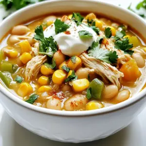 - 2 cups cooked chicken, shredded - 1 can (15 oz) white beans (cannellini or great northern) - 1 cup corn (fresh, frozen, or canned) - 1 medium onion, finely diced - 2 cloves garlic, minced - 1 green bell pepper, finely diced - 2 cups low-sodium chicken broth - 1 teaspoon ground cumin - 1 teaspoon chili powder - ½ teaspoon paprika - ½ teaspoon cayenne pepper (adjust based on your heat preference) - ¼ cup fresh cilantro, chopped (plus more for garnish) - Salt and freshly ground black pepper to taste - 1 tablespoon olive oil - Optional toppings: sour cream, shredded cheese, sliced jalapeños, or diced avocado White chicken chili is hearty and filling. The main ingredients create a creamy and rich blend. I use cooked chicken to save time. Shredded chicken works well and adds flavor. White beans give a creamy texture and add protein. Corn adds a sweet crunch, balancing the spice. Onions and garlic bring a warm base. Diced bell pepper adds color and sweetness. The low-sodium chicken broth provides a rich flavor without too much salt. Seasoning is key. Cumin and chili powder give depth. Paprika adds a smoky note, while cayenne brings heat. Adjust cayenne to your liking. Fresh cilantro brightens the dish. You can add toppings like sour cream, cheese, jalapeños, or avocado. These toppings add extra flavor and texture. Gather these ingredients, and you will have a great start to making white chicken chili. {{ingredient_image_2}} 1. Start by heating the olive oil in a large pot over medium heat. 2. Once hot, add the finely diced onion. Sauté it for about 5 minutes. The onion should turn translucent and fragrant. 3. Next, add the minced garlic and diced green bell pepper to the pot. Sauté this mix for 2-3 minutes. The peppers should become tender. 1. Gently stir in the shredded chicken, rinsed white beans, and corn. 2. Pour in the low-sodium chicken broth. Add ground cumin, chili powder, paprika, and cayenne pepper. Start with half the cayenne for less heat. 3. Toss in the chopped cilantro, but save a bit for later. Mix everything until it is well combined. 1. Bring the chili mixture to a gentle simmer. Then, reduce the heat to low. 2. Let the chili cook uncovered for about 20-25 minutes. Stir it occasionally to prevent sticking. This helps meld the flavors. 3. After cooking, taste the chili. Season with salt and freshly ground black pepper. If you want more heat, add more cayenne pepper. 4. Serve hot, garnished with the reserved cilantro. You can also add optional toppings like sour cream, shredded cheese, jalapeños, or diced avocado. For white chicken chili, I recommend using cannellini or great northern beans. These beans are creamy and hold their shape well. For chicken, shredded cooked chicken works best. You can use rotisserie chicken for ease. Fresh corn adds sweetness, but frozen corn is a great time-saver too. Just make sure to thaw it before use. To spice things up, adjust the cayenne pepper to your liking. If you prefer a milder chili, use less. If you want more heat, add more as it cooks. For a thicker chili, try mashing some beans with a fork. You can also add a cornstarch slurry or reduce the liquid by cooking it longer. I love serving this chili with warm bread or fluffy rice on the side. It makes the meal heartier. For toppings, get creative! Sour cream adds creaminess, while shredded cheese brings flavor. Sliced jalapeños give a nice kick, and diced avocado adds a rich texture. Each topping changes the dish and makes it special. Pro Tips Enhance the Flavor: Consider adding a splash of lime juice before serving for a bright, zesty finish. Meal Prep Friendly: This chili stores well! Make a double batch and freeze leftovers for an easy meal later. Customize Your Heat: Adjust the cayenne pepper to your spice preference, or add fresh jalapeños for extra heat. Garnish Wisely: Use a variety of toppings like avocado and cheese to give each bowl a personal touch and texture. {{image_4}} You can make your white chicken chili lighter by using low-fat chicken. Ground turkey works well too. These swaps cut fat but keep the taste. For beans, consider using lentils or chickpeas. They offer good protein and flavor. If you want a meatless chili, use plant-based proteins. Tofu or tempeh can replace chicken. You can also use more beans for protein. For toppings, try dairy-free sour cream or avocado. You still get creaminess without dairy. Adding more herbs and spices can change your chili’s flavor. Try oregano or thyme for a fresh twist. For a Southwest vibe, add chipotle powder or smoked paprika. If you want a Mexican touch, use fresh lime or jalapeños. These changes can make your chili exciting and new! To keep your white chicken chili fresh, follow these tips: - Refrigeration: Place cooled chili in an airtight container. Store it in the fridge. It should stay good for up to 4 days. - Freezing: For longer storage, freeze the chili. Use freezer-safe bags or containers. Leave space for expansion. It can last for up to 3 months in the freezer. You can reheat your chili in two main ways: - Microwave: Pour the chili into a bowl. Cover it with a microwave-safe lid or wrap. Heat in short bursts, stirring between. This helps it heat evenly. - Stovetop: Pour the chili into a pot. Heat on low. Stir often to prevent sticking. This method keeps the texture nice and smooth. The shelf life of your chili is important: - In the fridge: It lasts about 4 days if stored properly. - In the freezer: It remains safe to eat for up to 3 months. After that, it may lose flavor and texture. White chicken chili is a creamy soup made with chicken and white beans. It differs from traditional chili, which often uses beef and red beans. This dish brings a lighter taste with a mix of spices. You can also add corn for extra sweetness and texture. The base usually includes chicken broth, making it hearty but not too heavy. Yes, you can use rotisserie chicken! It saves time and adds great flavor. The pros include convenience and moist meat. However, the downside is that it may have extra salt. If you choose rotisserie chicken, reduce added salt in your recipe. Shred the chicken and mix it in at the same stage. The spice level can vary. You can adjust the heat to your liking. If you prefer mild chili, use less cayenne pepper. Start with half a teaspoon and taste as you go. You can always add more if you want it spicier. Toppings like sliced jalapeños can also add heat. Yes, white chicken chili can be gluten-free. Use gluten-free chicken broth to ensure it fits your dietary needs. Check the labels on canned beans and corn to confirm they are gluten-free. This dish can be a great option for those with gluten intolerance. Enjoy it without worry! This blog post covered how to make a tasty white chicken chili. We looked at the key ingredients and how to prepare them. You learned tips for choosing the best items and improving flavor. We even explored healthier swaps and vegan options. In the end, this chili is not just a meal; it's a chance to be creative in the kitchen. Enjoy your cooking!