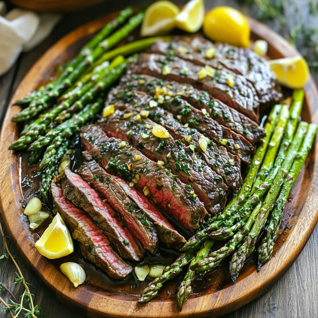 - 1 lb flank steak, trimmed - 1 lb fresh asparagus, with ends trimmed - 4 cloves garlic, finely minced - 3 tablespoons fresh rosemary, finely chopped - 3 tablespoons fresh thyme, finely chopped - 4 tablespoons extra virgin olive oil, divided - 1 tablespoon balsamic vinegar - Zest and juice of 1 fresh lemon - Salt and black pepper, to taste Gathering the right ingredients is key. The flank steak offers a rich flavor and tender texture. Fresh asparagus adds a nice crunch and color. Garlic infuses the dish with warmth and depth. For herbs, I choose fresh rosemary and thyme. Their earthy notes brighten the steak and asparagus. Extra virgin olive oil is important, as it helps the flavors blend and keeps everything moist. Don't forget about balsamic vinegar. It adds a sweet tang that enhances the meat. Lemon zest and juice brighten the dish, making it fresh and lively. Salt and pepper help bring out all the flavors. Each ingredient plays a key role. Together, they create a delicious meal that is sure to impress! 1. Preheat your oven to 400°F (200°C). This helps cook everything evenly. 2. In a bowl, mix minced garlic, chopped rosemary, chopped thyme, 2 tablespoons of olive oil, and lemon zest and juice. Stir well to combine. 1. Marinate the flank steak for at least 30 minutes. For more flavor, let it sit for up to 2 hours. 2. Use a zip-top bag or a shallow dish for marinating. Make sure the steak is well-coated in the marinade. 1. Trim the ends of the asparagus to prepare it. 2. In a bowl, toss the asparagus with the remaining 2 tablespoons of olive oil, balsamic vinegar, salt, and black pepper. Mix until every spear is coated evenly. This ensures every bite is tasty. 1. After marinating, remove the steak from the fridge. Let excess marinade drip off. 2. Place the steak on one side of a large baking sheet. Spread the prepared asparagus on the other side. Leave space for both to cook well. 3. Roast everything in the oven for 15-20 minutes. Check for your preferred doneness and make sure the asparagus is tender. Toss the asparagus halfway through cooking so it roasts evenly. 1. Once done, take the baking sheet out of the oven. Let the steak rest for a few minutes. This helps keep the juices inside. 2. Slice the steak against the grain into thin strips. This makes it tender and easy to chew. Serve the juicy steak slices next to the roasted asparagus, and enjoy! To get the best steak, check for doneness. Use a meat thermometer for accuracy. Aim for 130°F (54°C) for medium-rare. For medium, go for 140°F (60°C). Letting the steak rest is key. This helps the juices stay inside. Rest the steak for at least five minutes before slicing. This simple step makes a big difference in taste. Look for bright green color and tenderness. Perfectly cooked asparagus is crisp-tender. You can poke it with a fork to test. Avoid overcooking by checking it often. If it turns dull or mushy, it’s cooked too long. Tossing the asparagus halfway through helps keep it from overcooking. Try different marinades to mix things up. You can use soy sauce, red wine, or a spicy rub. These add unique flavors to the steak. For extra seasoning, sprinkle on some crushed red pepper or smoked paprika. Fresh herbs like parsley or basil can also add nice touches. Experiment to find your favorite flavor combinations! {{image_4}} You can switch flank steak for chicken or pork. Chicken thighs work well. Simply marinate them like the steak. For pork, use tenderloin, which is juicy and flavorful. If you want a vegetarian dish, try tofu or tempeh. Press them to remove water, then marinate. They soak up the flavors nicely. Asparagus is great, but feel free to swap it for other veggies. Green beans, broccoli, or bell peppers can shine in this dish. You can also add seasonal fruits like oranges or grapefruit. Their zest and juice brighten flavors. Just mix them into the marinade for a fresh twist. Side dishes can enhance your meal. Try a simple salad or roasted potatoes. These pair well with the steak and asparagus. For garnishes, fresh herbs like parsley or extra lemon wedges add flair. They give your dish a pop of color and flavor. To store your leftover steak and asparagus, place them in airtight containers. This keeps them fresh and helps prevent odors. Make sure to let them cool before sealing. In the fridge, these leftovers last up to three days. If you plan to eat them later, it's best to store them right away. When reheating steak, the best method is using a skillet. Heat it on medium-low. Add a splash of water or broth to keep the steak moist. For asparagus, a quick stir-fry in the pan works well. This keeps the asparagus crisp. Avoid using the microwave, as it can make both the steak and asparagus tough. You can freeze both cooked and uncooked steak and asparagus. For cooked steak, slice it first and wrap it tightly in foil. It will last for about three months in the freezer. For asparagus, blanch it in boiling water for two minutes before freezing. This helps preserve its bright color and crisp texture. To thaw, place the frozen items in the fridge overnight. This way, they stay juicy and tasty when you cook them again. You should marinate the steak for at least 30 minutes. This gives the flavors time to soak in. For a stronger taste, let it marinate for up to 2 hours. Just remember, don’t go over two hours, or the meat can become mushy. For medium rare steak, aim for an internal temperature of 130°F to 135°F. Use a meat thermometer to check. Insert it into the thickest part of the steak. This ensures you get that perfect juicy bite. You can use frozen asparagus, but it may change the texture. Frozen asparagus often becomes softer when cooked. You may need to adjust the cooking time. Cook it a bit longer to ensure it's heated through. If you don’t have flank steak, you can use sirloin or skirt steak. Both cuts work well in this recipe. They also have great flavor and tenderness when cooked correctly. To keep asparagus crisp, do not overcrowd the baking sheet. Spread it out evenly. Make sure the oven is hot before adding it. Toss it halfway through cooking to help it roast evenly. This way, you’ll enjoy tender yet crisp asparagus. In this blog post, we explored a delicious flank steak dish with fresh asparagus. You learned about the key ingredients, from herbs to seasonings. I provided step-by-step instructions on preparation, marinating, and cooking both the steak and asparagus. Tips on achieving the best flavor and avoiding common mistakes were shared. We also discussed fun variations, smart storage, and answered your most pressing questions. Remember, cooking can be fun! Enjoy your meal and impress your friends and family with your skills.