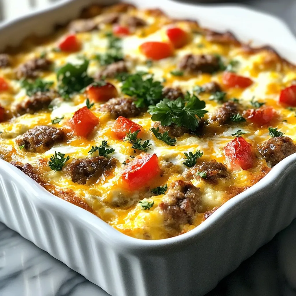 - 1 pound breakfast sausage - 6 large eggs - 2 cups whole milk - 1 teaspoon garlic powder - 1 teaspoon onion powder - 1 teaspoon smoked paprika - 1 teaspoon salt - ½ teaspoon black pepper - 1 cup shredded sharp cheddar cheese - 1 cup diced bell peppers - 1 cup diced tomatoes - 8 slices cubed bread - Fresh parsley {{ingredient_image_2}} - Preheat the oven to 350°F (175°C). - In a skillet, cook 1 pound of breakfast sausage over medium heat. Break it apart as it cooks. Stir it until it is brown and fully cooked, about 6-8 minutes. If there is extra fat, drain it carefully. - In a large bowl, crack 6 large eggs. Pour in 2 cups of whole milk. Whisk them together until smooth. - Add 1 teaspoon of garlic powder, 1 teaspoon of onion powder, 1 teaspoon of smoked paprika, 1 teaspoon of salt, and ½ teaspoon of black pepper. Mix well until all is combined. - To the egg mixture, fold in the cooked sausage, 1 cup of diced bell peppers, 1 cup of diced tomatoes, and 1 cup of shredded sharp cheddar cheese. Use a spatula to ensure everything is mixed well. - Gently incorporate 8 slices of cubed bread into the mixture. Make sure each piece is coated with the egg mix. - Grease a 9x13 inch baking dish with cooking spray or butter to prevent sticking. - Pour the sausage and egg mixture into the dish. Spread it evenly with your spatula. - Bake in the preheated oven for 30-35 minutes. The center should be firm, and the top should be golden brown. - Once done, let the casserole cool for about 5 minutes. Cut it into squares and serve hot. - For a burst of color and flavor, garnish with fresh chopped parsley. To make your casserole fluffy, use fresh bread. Stale bread can make it dense. I recommend using sourdough or whole wheat for great texture. For the best results, cube the bread and let it sit out for a bit. This allows it to dry slightly, which helps absorb the egg mixture without becoming soggy. To avoid soggy bread, do not add too much milk or egg mixture. Make sure each bread piece gets coated, but don’t soak them. If you see the mixture pooling, use a spatula to gently push it back into the egg mix. Adding spices can elevate your dish. Try a pinch of cayenne pepper for heat. You can also add fresh herbs like thyme or basil for more depth. If you want a real kick, drizzle hot sauce or sriracha over the top before serving. This adds a nice contrast to the creamy egg and sausage layers. Use a 9x13 inch baking dish for even cooking. This size ensures your casserole bakes through perfectly. A glass dish helps you monitor browning. If you prefer, a metal pan can give you a nice crisp edge. A good spatula is key for mixing. I suggest using a silicone spatula. It won’t scratch your bakeware, and it’s great for folding in the ingredients without breaking them apart. Pro Tips Choose Quality Sausage: Select a breakfast sausage that you enjoy, as its flavor will dominate the dish. Look for varieties that are seasoned well for a tastier bake. Veggie Variations: Feel free to mix in other vegetables such as spinach, mushrooms, or zucchini to enhance the nutritional value and add flavor. Cheese Options: Experiment with different types of cheese, like pepper jack for a spicy twist or feta for a Mediterranean flair. Make Ahead: Prepare the mixture the night before and refrigerate it, so you can simply bake it in the morning for a quick and satisfying breakfast. {{image_4}} You can easily change the sausage in this recipe. Try using turkey sausage or a vegetarian option. Both can add unique flavors. For cheese, switch to mozzarella or pepper jack. These cheeses melt well and give a tasty twist. If you want to cut fat, use low-fat milk instead of whole milk. This small change makes a big difference. For bread, look for gluten-free options if needed. You can still enjoy this dish without gluten. Adding seasonal vegetables can make this casserole even better. Spinach or zucchini are great choices. They add color and nutrients. For a holiday twist, think about using pumpkin spice. It brings warmth and a special flavor to your breakfast. To store leftovers in the fridge, let the casserole cool first. Once it cools, slice it into squares. Place the squares in an airtight container. Use a container that fits the size of your leftovers. This keeps them fresh and tasty. You can store leftovers for up to four days in the fridge. To freeze the casserole, let it cool completely. Then, wrap individual squares in plastic wrap. Place them in a freezer-safe bag or container. Be sure to label the bag with the date. You can freeze it for up to three months. When you are ready to eat, thaw it in the fridge overnight. Reheat in the oven or microwave. To keep the taste great, cover it while reheating. For the best taste, reheat one square at a time. Put it on a plate and cover it with a damp paper towel. Microwave it for about one minute. Check if it’s warm all the way through. If not, heat for another 15 seconds. Leftovers last up to four days in the fridge. Enjoy your tasty breakfast any day! Yes, you can prep this casserole the night before. Cook the sausage and mix the egg mixture as usual. Then, combine all the ingredients in the baking dish and cover it. Place it in the fridge overnight. In the morning, just bake it straight from the fridge. This saves you time and makes breakfast easy. You’ll know the casserole is done when the center is firm. The top should be golden brown, and a toothpick should come out clean when you poke it. This usually takes about 30-35 minutes in the oven. Keep an eye on it to avoid overcooking. Absolutely! You can use any bread you like. Sourdough, whole wheat, or even gluten-free bread works well. Just make sure to cube it into small pieces. This helps it soak up all the tasty egg mixture. Yes, you can change the spice levels to suit your taste. If you like it spicier, add some hot sauce or extra black pepper. If you prefer a milder flavor, reduce the spices or omit them. Cooking is all about what you enjoy! This casserole recipe combines tasty sausage, eggs, and spices to create a hearty meal. You can customize it with different veggies, cheeses, or breads for variety. Remember to follow the steps for baking and serving. Storing leftovers properly ensures you enjoy it later. Feel free to adjust spices and make it your own. This dish is perfect for breakfast or any time you need comfort food. Enjoy cooking and share your delicious results!