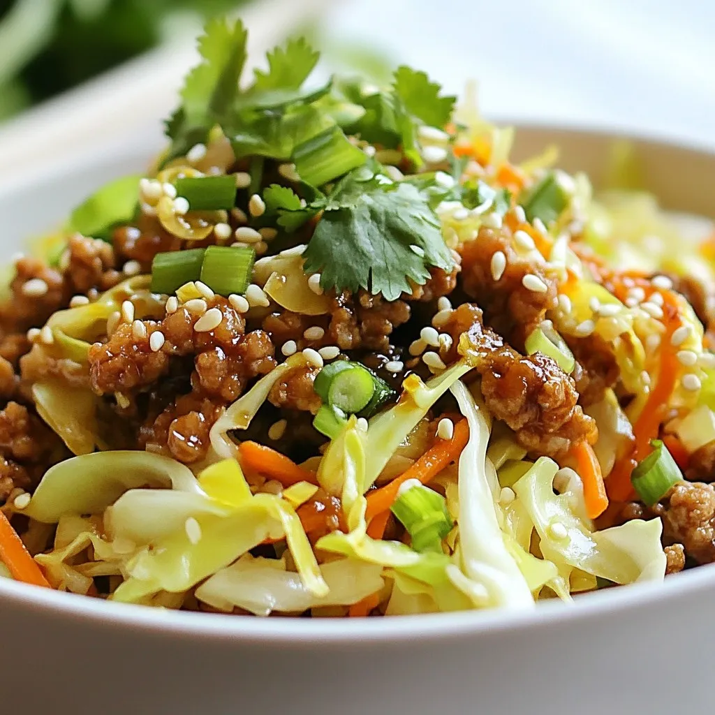 - 1 pound ground chicken or turkey - 4 cups coleslaw mix (shredded cabbage and carrots) - 3 green onions, thinly sliced - 3 cloves garlic, finely minced - 2 teaspoons fresh ginger, grated - 2 tablespoons soy sauce (or coconut aminos) - 1 tablespoon sesame oil - 1 teaspoon rice vinegar - 1 teaspoon sriracha sauce (optional) - Salt and black pepper, to taste - Sesame seeds and fresh cilantro for garnish Egg Roll in a Bowl is fun and easy to make. You start with a pound of ground chicken or turkey. This is the main protein and gives the dish its heartiness. Next, you need four cups of coleslaw mix. This mix adds crunch and flavor. It is mainly cabbage and carrots. For flavor, I use three cloves of garlic and two teaspoons of fresh ginger. These give the dish a nice kick. Two tablespoons of soy sauce add depth. If you want a healthier option, you can use coconut aminos instead. You also need one tablespoon of sesame oil. This oil adds a nutty flavor. One teaspoon of rice vinegar gives a tangy touch. If you like spice, add one teaspoon of sriracha. Adjust it to your taste. Don't forget salt and black pepper to enhance the flavors. For garnish, sprinkle some sesame seeds on top. Fresh cilantro adds a vibrant look and taste. This mix of ingredients makes Egg Roll in a Bowl a delightful meal. {{ingredient_image_2}} - Heat sesame oil in a large skillet or wok over medium heat. - Add 1 pound of ground chicken or turkey. Cook until browned, about 5 to 7 minutes. - Add 3 cloves of minced garlic and 2 teaspoons of grated ginger. Sauté for 1 minute. - Mix in 4 cups of coleslaw. Cook until the cabbage is tender, about 3 to 4 minutes. - Pour in 2 tablespoons of soy sauce, 1 teaspoon of rice vinegar, and 1 teaspoon of sriracha. - Taste and season with salt and black pepper. Fold in 3 thinly sliced green onions before serving. To avoid overcooking the meat, use medium heat. Stir often to break it up. This keeps the chicken or turkey tender. Cook it until it turns brown, about 5 to 7 minutes. For perfectly tender cabbage, add the coleslaw mix last. Cook it just until it wilts, around 3 to 4 minutes. This gives you a nice crunch. To adjust spiciness, add more or less sriracha sauce. You can also use chili flakes for heat. For an umami boost, add a splash of oyster sauce or a dash of fish sauce. These ingredients deepen the flavor and make the dish more savory. Get creative with garnishes! Sprinkle sesame seeds on top for a nutty flavor. Fresh cilantro adds color and a burst of freshness. You can also add chopped peanuts for crunch. Serve with steamed jasmine rice for a full meal. Pro Tips Use Fresh Ingredients: For the best flavor, use fresh garlic and ginger, and opt for a high-quality soy sauce or coconut aminos. Customize Your Protein: Feel free to substitute ground chicken or turkey with other proteins like pork or tofu for a different flavor profile. Adjust the Spice Level: Depending on your preference, you can add more or less sriracha or even include red pepper flakes for extra heat. Make It a Meal Prep: This dish stores well in the fridge and can be easily reheated, making it perfect for meal prep throughout the week. {{image_4}} If you want to make a vegetarian version, try using tofu or tempeh. Both options add protein and texture. For a keto-friendly meal, swap in low-carb vegetables. Cauliflower rice or zucchini noodles work great. These changes keep the dish tasty and aligned with your diet. You can mix up the flavors by using different sauces. Teriyaki sauce or hoisin sauce can add a sweet twist. For extra nutrients, add more veggies. Try bell peppers, snap peas, or broccoli. Each adds crunch and color, making your dish even better. How you serve this dish can change your experience. You can serve it over rice for a heartier meal. Alternatively, use lettuce wraps for a low-carb option. You can also add it to a salad or grain bowl. Each style offers a new taste experience that you can enjoy. To keep your Egg Roll in a Bowl fresh, store leftovers in the fridge. Use airtight containers to prevent moisture loss. Glass containers work well, but plastic ones are fine too. Make sure to cool the dish to room temperature before sealing. This helps avoid excess condensation, which can make your meal soggy. If you want to save some for later, you can freeze it. Place the cooled dish in freezer-safe bags or containers. Remove as much air as possible to prevent freezer burn. To reheat, let it thaw overnight in the fridge. Then, warm it in a skillet over low heat. Stir often to keep the texture nice and even. In the fridge, your Egg Roll in a Bowl lasts about 3 to 4 days. If you freeze it, it can last up to 3 months. However, always check for signs of spoilage. If you see any mold or an off smell, it's best to throw it away. Eating fresh food is always the safest choice. What can I substitute for ground chicken or turkey? You can use ground pork, beef, or even plant-based meat. Each option offers a different taste. Ground tofu or tempeh works for a vegan version. Use what you love! Can I make this dish ahead of time? Yes, you can. Cook it and store it in the fridge. Reheat when ready to eat. It tastes great after resting for a day. Just give it a quick stir in a pan. Is Egg Roll in a Bowl healthy? Yes, this dish is healthy. It is packed with veggies and lean protein. It offers good nutrients without being heavy. You also control the ingredients, which is a big plus. What are the main nutritional benefits of this dish? - Lean Protein: Ground chicken or turkey provides protein for muscle health. - Fiber: The coleslaw mix adds fiber for digestion. - Vitamins: Fresh ginger and garlic boost your health with antioxidants. - Low in Carbs: Great for those watching their carb intake. How long does it take to make Egg Roll in a Bowl? The total time is about 20 minutes. Prep takes 10 minutes, and cooking takes 10 minutes. It's quick and easy for busy nights! Can I double the recipe? How does that affect cooking time? Yes, you can double it. Just use a larger skillet or cook in batches. Cooking time stays similar, but make sure to stir well for even cooking. Egg Roll in a Bowl is a simple, tasty dish packed with flavor. You learned about key ingredients like ground chicken, coleslaw mix, and soy sauce. I shared tips to avoid overcooking and how to spice it up. You can customize this dish for different diets and serve it in fun ways. Remember to store leftovers properly to enjoy later. With easy steps and your choices, you can make this a go-to meal. Enjoy cooking and savoring your Egg Roll in a Bowl!