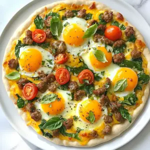 For the ultimate breakfast pizza, you will need: - 1 pre-made pizza crust or pizza dough - 1 tablespoon extra virgin olive oil - 1 cup shredded sharp cheddar cheese - 1 cup baby spinach, roughly chopped - 3 large eggs - 1/2 cup cherry tomatoes, halved - 1/4 cup cooked breakfast sausage, crumbled (or plant-based sausage) - 1/4 teaspoon fine sea salt - 1/4 teaspoon freshly ground black pepper - 1/4 teaspoon garlic powder - 1/4 teaspoon crushed red pepper flakes (optional for heat) - Fresh basil leaves for garnish You can mix things up with these fun add-ins: - Bell peppers for crunch - Red onion for a bit of zing - Feta cheese for a tangy twist - Avocado slices for creaminess - Fresh herbs like parsley or chives If you want to swap ingredients, try these: - Use mozzarella instead of cheddar for a milder taste. - Replace sausage with mushrooms for a vegetarian option. - Choose egg whites for a lighter version. - Use gluten-free crust if you need it. - Try kale instead of spinach for a different green. These choices make the breakfast pizza your own! {{ingredient_image_2}} Start by preheating your oven to 425°F (220°C). This heat helps make a crispy crust. If you are using a pre-made pizza crust, brush it lightly with olive oil. If you're using dough, roll it out on a floured surface. Aim for about 1/4 inch thick. This thickness gives you a great base. Once rolled, place the crust on a baking sheet or a preheated pizza stone. Next, sprinkle half of the shredded cheddar cheese on top. This cheese will melt and create a tasty foundation. Now it's time to add the fun toppings! Spread the chopped spinach evenly over the cheese. Then, add the halved cherry tomatoes. Make sure they are well spaced. In a bowl, crack three eggs and whisk them with sea salt, black pepper, garlic powder, and, if you like spice, crushed red pepper flakes. Mix until it's frothy. Carefully pour this egg mixture over the toppings. You can tilt the baking sheet to help it spread out. After that, sprinkle the rest of the cheddar cheese on top. Finally, add the crumbled sausage for a savory touch. Place your pizza in the oven and bake it for 12-15 minutes. Watch it closely! The eggs should be set, and the cheese should look melty and golden. When it's done, take it out and let it cool for a few minutes. This step makes slicing easier. For a fresh look, garnish your pizza with basil leaves. Enjoy every slice of your delicious breakfast pizza! To get a crispy crust, start with a hot oven. Preheat your oven to 425°F. If using pre-made dough, brush it lightly with olive oil. This step adds flavor and helps crisp it up. If you make dough, roll it thin, about 1/4 inch. Thin crusts bake better and turn crispier. Always use a baking sheet or pizza stone that is hot. It helps the bottom cook fast and evenly. For great eggs, whisk them well before pouring. Use three large eggs for a fluffy texture. Mix in salt, black pepper, and garlic powder. This adds flavor. If you want heat, add crushed red pepper flakes. Pour the egg mixture slowly over the toppings. This way, it spreads evenly. Bake until the eggs are set, about 12-15 minutes. Keep an eye on them, so they don’t overcook. Seasonings make your pizza pop! Use fine sea salt and freshly ground black pepper. Garlic powder adds a savory taste. If you like some heat, crushed red pepper flakes work well. Fresh basil leaves as a garnish bring a fresh aroma. Don't forget to sprinkle extra cheese on top! A little extra cheese adds richness and a nice golden color when baked. Pro Tips Use Fresh Ingredients: Fresh spinach and ripe cherry tomatoes will enhance the flavor and nutritional value of your pizza. Customize Your Toppings: Feel free to add other breakfast favorites like bell peppers, mushrooms, or even avocado for a unique twist. Monitor Cooking Time: Ovens can vary, so keep an eye on your pizza to prevent overcooking. Look for a golden cheese layer and set eggs. Let It Rest: After baking, let the pizza cool for a few minutes before slicing. This helps the toppings settle and makes for easier serving. {{image_4}} You can make a delicious vegetarian breakfast pizza! Start with the basic recipe. Use veggies like bell peppers, onions, and zucchini instead of sausage. You can also add more greens, like kale or arugula, for extra flavor. If you want a creamier texture, top your pizza with ricotta cheese or goat cheese instead of cheddar. This makes it rich and tasty! Get creative with your toppings! Add sliced avocados for a creamy twist. Mushrooms bring a nice earthiness to the dish. You can even try different cheeses, such as feta or mozzarella, for a unique taste. Mix in some herbs, like cilantro or chives, to add freshness. Remember, the more colorful your toppings, the more fun your pizza looks! If you need a gluten-free option, no problem! Use a cauliflower crust or a store-bought gluten-free pizza base. You can also make your own crust with almond flour or chickpea flour. Just follow the package instructions for baking. These options give you a tasty base without gluten, so everyone can enjoy breakfast pizza! To keep your breakfast pizza fresh, store it in an airtight container. Let it cool for about 10 minutes before sealing. This way, it won't get soggy. If you have leftovers, place them in the fridge. They will stay good for about 3 days. When you are ready to eat your pizza, preheat your oven to 350°F (175°C). Place the pizza slices on a baking sheet. Heat them for about 10 minutes. This will warm the pizza and make the crust crispy again. You can also use a microwave if you're in a hurry. Heat for about 30 seconds, but the crust may not stay crispy. If you want to save your pizza for later, freezing is a great option. First, let it cool completely. Then, slice it into portions. Wrap each slice tightly in plastic wrap and place them in a freezer bag. This will help keep the flavor. You can freeze the pizza for up to 2 months. When you're ready to enjoy, thaw it in the fridge overnight and reheat it as described above. Yes, you can use a store-bought crust. It makes life easier. Look for a thin or thick crust based on your taste. Pre-made crusts save time and still taste great. You can skip the eggs for a tasty breakfast pizza. Use a mix of creamy ricotta or silken tofu instead. Spread it on the crust and add your favorite toppings. Cheese, veggies, and sausage work well for this. Many toppings go well with breakfast pizza. Here are some ideas: - Avocado slices - Bell peppers - Onions - Feta cheese - Fresh herbs like chives or parsley Mix and match to find your perfect flavor combo. This blog post covered all you need for a great breakfast pizza. We looked at the key ingredients and how to customize your dish. I shared easy steps for making the crust, adding toppings, and baking. We went over tips for a crispy crust and how to cook eggs perfectly. You learned about tasty variations and proper storage methods. Now you can enjoy a delicious breakfast pizza at home. It’s simple, fun, and perfect for any meal.
