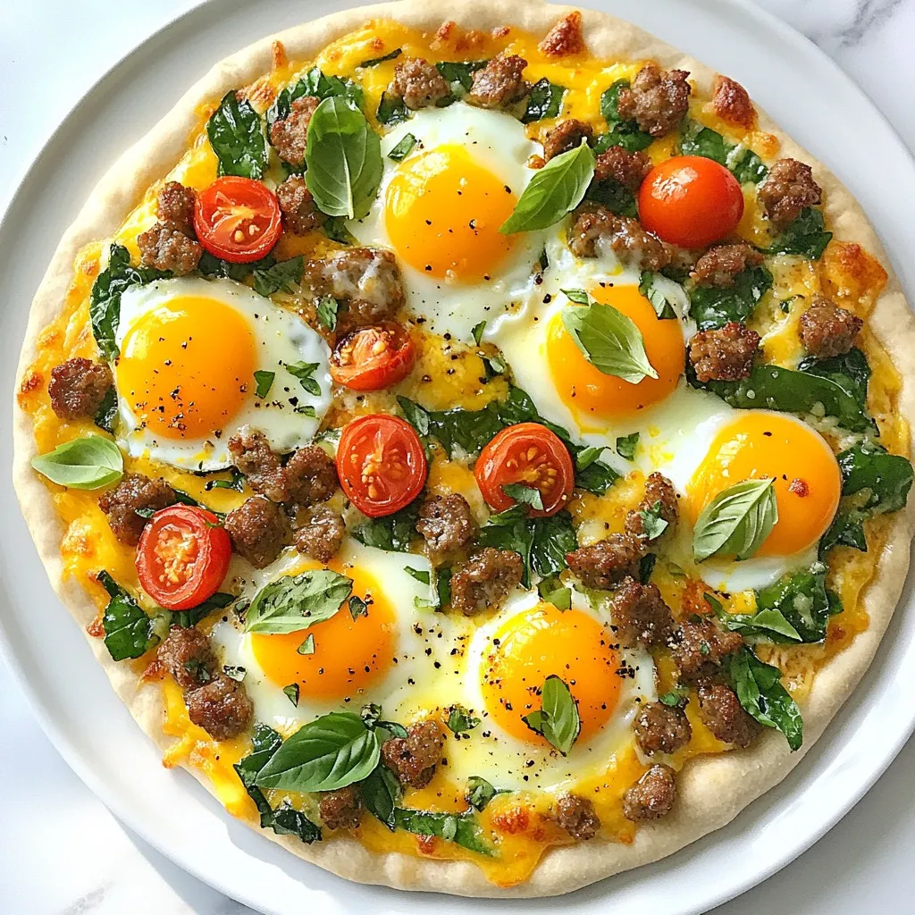 For the ultimate breakfast pizza, you will need: - 1 pre-made pizza crust or pizza dough - 1 tablespoon extra virgin olive oil - 1 cup shredded sharp cheddar cheese - 1 cup baby spinach, roughly chopped - 3 large eggs - 1/2 cup cherry tomatoes, halved - 1/4 cup cooked breakfast sausage, crumbled (or plant-based sausage) - 1/4 teaspoon fine sea salt - 1/4 teaspoon freshly ground black pepper - 1/4 teaspoon garlic powder - 1/4 teaspoon crushed red pepper flakes (optional for heat) - Fresh basil leaves for garnish You can mix things up with these fun add-ins: - Bell peppers for crunch - Red onion for a bit of zing - Feta cheese for a tangy twist - Avocado slices for creaminess - Fresh herbs like parsley or chives If you want to swap ingredients, try these: - Use mozzarella instead of cheddar for a milder taste. - Replace sausage with mushrooms for a vegetarian option. - Choose egg whites for a lighter version. - Use gluten-free crust if you need it. - Try kale instead of spinach for a different green. These choices make the breakfast pizza your own! {{ingredient_image_2}} Start by preheating your oven to 425°F (220°C). This heat helps make a crispy crust. If you are using a pre-made pizza crust, brush it lightly with olive oil. If you're using dough, roll it out on a floured surface. Aim for about 1/4 inch thick. This thickness gives you a great base. Once rolled, place the crust on a baking sheet or a preheated pizza stone. Next, sprinkle half of the shredded cheddar cheese on top. This cheese will melt and create a tasty foundation. Now it's time to add the fun toppings! Spread the chopped spinach evenly over the cheese. Then, add the halved cherry tomatoes. Make sure they are well spaced. In a bowl, crack three eggs and whisk them with sea salt, black pepper, garlic powder, and, if you like spice, crushed red pepper flakes. Mix until it's frothy. Carefully pour this egg mixture over the toppings. You can tilt the baking sheet to help it spread out. After that, sprinkle the rest of the cheddar cheese on top. Finally, add the crumbled sausage for a savory touch. Place your pizza in the oven and bake it for 12-15 minutes. Watch it closely! The eggs should be set, and the cheese should look melty and golden. When it's done, take it out and let it cool for a few minutes. This step makes slicing easier. For a fresh look, garnish your pizza with basil leaves. Enjoy every slice of your delicious breakfast pizza! To get a crispy crust, start with a hot oven. Preheat your oven to 425°F. If using pre-made dough, brush it lightly with olive oil. This step adds flavor and helps crisp it up. If you make dough, roll it thin, about 1/4 inch. Thin crusts bake better and turn crispier. Always use a baking sheet or pizza stone that is hot. It helps the bottom cook fast and evenly. For great eggs, whisk them well before pouring. Use three large eggs for a fluffy texture. Mix in salt, black pepper, and garlic powder. This adds flavor. If you want heat, add crushed red pepper flakes. Pour the egg mixture slowly over the toppings. This way, it spreads evenly. Bake until the eggs are set, about 12-15 minutes. Keep an eye on them, so they don’t overcook. Seasonings make your pizza pop! Use fine sea salt and freshly ground black pepper. Garlic powder adds a savory taste. If you like some heat, crushed red pepper flakes work well. Fresh basil leaves as a garnish bring a fresh aroma. Don't forget to sprinkle extra cheese on top! A little extra cheese adds richness and a nice golden color when baked. Pro Tips Use Fresh Ingredients: Fresh spinach and ripe cherry tomatoes will enhance the flavor and nutritional value of your pizza. Customize Your Toppings: Feel free to add other breakfast favorites like bell peppers, mushrooms, or even avocado for a unique twist. Monitor Cooking Time: Ovens can vary, so keep an eye on your pizza to prevent overcooking. Look for a golden cheese layer and set eggs. Let It Rest: After baking, let the pizza cool for a few minutes before slicing. This helps the toppings settle and makes for easier serving. {{image_4}} You can make a delicious vegetarian breakfast pizza! Start with the basic recipe. Use veggies like bell peppers, onions, and zucchini instead of sausage. You can also add more greens, like kale or arugula, for extra flavor. If you want a creamier texture, top your pizza with ricotta cheese or goat cheese instead of cheddar. This makes it rich and tasty! Get creative with your toppings! Add sliced avocados for a creamy twist. Mushrooms bring a nice earthiness to the dish. You can even try different cheeses, such as feta or mozzarella, for a unique taste. Mix in some herbs, like cilantro or chives, to add freshness. Remember, the more colorful your toppings, the more fun your pizza looks! If you need a gluten-free option, no problem! Use a cauliflower crust or a store-bought gluten-free pizza base. You can also make your own crust with almond flour or chickpea flour. Just follow the package instructions for baking. These options give you a tasty base without gluten, so everyone can enjoy breakfast pizza! To keep your breakfast pizza fresh, store it in an airtight container. Let it cool for about 10 minutes before sealing. This way, it won't get soggy. If you have leftovers, place them in the fridge. They will stay good for about 3 days. When you are ready to eat your pizza, preheat your oven to 350°F (175°C). Place the pizza slices on a baking sheet. Heat them for about 10 minutes. This will warm the pizza and make the crust crispy again. You can also use a microwave if you're in a hurry. Heat for about 30 seconds, but the crust may not stay crispy. If you want to save your pizza for later, freezing is a great option. First, let it cool completely. Then, slice it into portions. Wrap each slice tightly in plastic wrap and place them in a freezer bag. This will help keep the flavor. You can freeze the pizza for up to 2 months. When you're ready to enjoy, thaw it in the fridge overnight and reheat it as described above. Yes, you can use a store-bought crust. It makes life easier. Look for a thin or thick crust based on your taste. Pre-made crusts save time and still taste great. You can skip the eggs for a tasty breakfast pizza. Use a mix of creamy ricotta or silken tofu instead. Spread it on the crust and add your favorite toppings. Cheese, veggies, and sausage work well for this. Many toppings go well with breakfast pizza. Here are some ideas: - Avocado slices - Bell peppers - Onions - Feta cheese - Fresh herbs like chives or parsley Mix and match to find your perfect flavor combo. This blog post covered all you need for a great breakfast pizza. We looked at the key ingredients and how to customize your dish. I shared easy steps for making the crust, adding toppings, and baking. We went over tips for a crispy crust and how to cook eggs perfectly. You learned about tasty variations and proper storage methods. Now you can enjoy a delicious breakfast pizza at home. It’s simple, fun, and perfect for any meal.