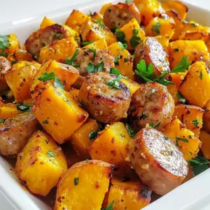 - 4 chicken sausages, sliced into rounds - 2 large sweet potatoes, peeled and cut into 1-inch cubes - 4 cloves garlic, finely minced - 1/4 cup honey (preferably raw for extra flavor) - 2 tablespoons extra virgin olive oil - 1 teaspoon smoked paprika for a hint of depth - 1 teaspoon dried thyme for earthiness - Salt and freshly ground black pepper, to taste - Fresh parsley, roughly chopped for garnish In this dish, you will enjoy the mix of flavors and textures. The chicken sausages add a savory touch, while sweet potatoes bring a hint of sweetness. Honey and garlic create a mouthwatering glaze that ties it all together. Using raw honey gives extra depth to your meal. The olive oil helps to roast the ingredients evenly. Smoked paprika and dried thyme add warmth and earthiness. Don't forget to season with salt and pepper to taste. A sprinkle of fresh parsley makes it pop with color. Gather these ingredients before you start cooking. This way, you can enjoy a smooth cooking experience. Happy cooking! {{ingredient_image_2}} - Preheat the oven to 400°F (200°C). This heat helps the dish cook evenly. - Take two large sweet potatoes. Peel them and cut into 1-inch cubes. - Slice four chicken sausages into rounds. Make sure they are even in size. - In a small bowl, whisk together four minced garlic cloves and 1/4 cup honey. - Add 2 tablespoons of extra virgin olive oil. This adds richness to the sauce. - Mix in 1 teaspoon of smoked paprika and 1 teaspoon of dried thyme. - Season with salt and freshly ground black pepper to taste. Whisk until combined. - In a large bowl, combine the sweet potatoes and sliced sausages. - Pour the honey garlic mixture over them. Toss everything together well. - Spread the mix on a large baking sheet lined with parchment paper. - Place the baking sheet in the oven and bake for 25-30 minutes. - Halfway through, toss the mixture gently for even browning. - Look for tender sweet potatoes and golden brown sausages. - After baking, let it cool for a few minutes. This helps prevent burns. - Garnish with fresh parsley before serving for a pop of color. To ensure even cooking, cut the sweet potatoes into uniform 1-inch cubes. This helps them cook at the same rate as the sausage. Tossing the mixture halfway through baking also promotes even browning and cooking. To check the doneness of the sweet potatoes, poke them with a fork. If it goes in easily, they are ready. The sausage should be brown and heated through for the best flavor. You can add more herbs and spices to boost flavor. Try adding rosemary or oregano for a different taste. A splash of balsamic vinegar can also add a nice tang. For serving, drizzle extra honey over the dish right before you serve it. This adds a touch of sweetness and makes it extra special. For a rustic feel, serve directly from the baking sheet. This keeps it casual and fun. If you want a more polished look, transfer the dish to a large bowl. Pair this meal with a simple green salad or some crusty bread. Both make great sides to balance the rich flavors of the sausage and sweet potatoes. Pro Tips Use Fresh Ingredients: Opt for fresh sweet potatoes and high-quality chicken sausages for the best flavor and texture in your bake. Adjust Sweetness: Feel free to modify the amount of honey according to your taste preference; you can add more for a sweeter dish or reduce it for a less sweet profile. Experiment with Herbs: Try adding different herbs like rosemary or oregano to give the dish a unique twist depending on your flavor preferences. Perfect Browning: For extra crispiness, broil the dish for the last 2-3 minutes of cooking; just be sure to keep an eye on it to prevent burning. {{image_4}} You can change a few ingredients if needed. For sausages, try different types. You can use pork or turkey sausages. They add unique flavors to the dish. For root vegetables, sweet potatoes are great, but you can use others too. Carrots, parsnips, or butternut squash work well. These swaps keep the dish fresh and exciting. If you want a quicker option, try air frying. Air fryers cook food fast and make it crispy. Set the temperature to 400°F (200°C) and cook for 20 minutes. Remember to shake the basket halfway. Slow cooking is another method. It’s perfect for a hands-off meal. Toss all ingredients in a slow cooker. Set it on low for 6-8 hours or high for 3-4 hours. You’ll get a flavorful, tender dish. For gluten-free diets, ensure your sausages are gluten-free. Most chicken sausages fit this need. Always check the label for safe eating. If you want a vegan option, use plant-based sausages. You can also replace honey with maple syrup. This keeps the dish sweet and tasty without animal products. When you have leftovers, store them in an airtight container. This keeps the dish fresh. Place it in the fridge right away. Enjoy it within three days for the best taste. If you want to keep it longer, consider freezing it. To freeze, let the dish cool completely. Then, transfer it to a freezer-safe container. Label the container with the date. You can freeze it for up to three months. When you're ready to eat it, just thaw it in the fridge overnight. When reheating in the oven, preheat it to 350°F (175°C). Place the leftovers on a baking sheet. Cover them with foil to keep moisture in. Heat for about 15 to 20 minutes, or until hot. If you're short on time, use the microwave. Place a portion in a microwave-safe bowl. Cover it with a microwave-safe lid or a plate. Heat on high for 1 to 2 minutes. Stir halfway through for even heating. Always check that the food is hot before serving. Yes, you can use different sausages. Chicken, pork, or turkey sausages work well. If you prefer a spicier dish, try Andouille or chorizo. Just slice them as you would with chicken sausages. Keep in mind that cooking times may vary. Always check the package instructions for the best results. You can check the sweet potatoes by piercing them with a fork. If the fork goes in easily, they are done. Bake them until they are tender and slightly golden. This usually takes about 25-30 minutes at 400°F. Stir the mixture halfway through to ensure even cooking. This dish pairs well with a simple green salad for freshness. You can also serve it with steamed broccoli or sautéed green beans for extra color. If you want some crunch, try adding roasted nuts on top of your salad. A light vinaigrette will complement the honey garlic flavors nicely. Yes, this recipe is great for meal prep. You can store leftovers in airtight containers. Keep them in the fridge for up to four days. To reheat, use the oven or microwave. Just make sure the food is heated all the way through. This makes for a quick lunch or dinner option! This recipe offers a tasty way to enjoy chicken sausages and sweet potatoes. We covered main ingredients like garlic and honey, plus tips for perfect cooking. I shared ideas for variations and storage suggestions too. Now, you can enjoy a simple meal that’s both healthy and delicious. Explore your own flavor twists and make this dish your own. Happy cooking!