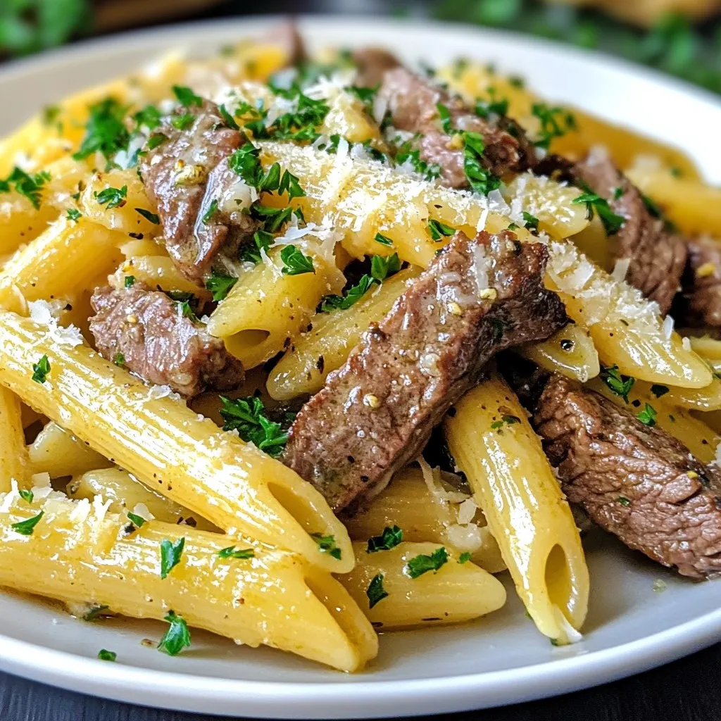- 300g penne pasta - 200g beef sirloin - 4 tablespoons unsalted butter - 4 cloves garlic - 1 teaspoon dried oregano - 1/2 teaspoon red pepper flakes - Salt and black pepper - Fresh parsley - Grated Parmesan cheese Gather your ingredients before you start. This helps everything go smoothly. For the main items, use 300g of penne pasta. You want it to cook just right. Next, slice 200g of beef sirloin thinly against the grain. This cuts down on chewiness. Lastly, grab 4 tablespoons of unsalted butter. It adds richness to the dish. Next, we need our aromatics and seasonings. Use 4 cloves of garlic, finely minced. Garlic gives a great flavor. Add 1 teaspoon of dried oregano for a hint of warmth. If you like spice, include 1/2 teaspoon of red pepper flakes. This step is optional but adds a nice kick. Finally, don’t forget the extra ingredients. You will need salt and black pepper to taste. Fresh parsley makes a wonderful garnish. It adds color and freshness. Top your dish with 1/4 cup of grated Parmesan cheese. This cheese melts beautifully and enhances the flavor. {{ingredient_image_2}} 1. Start by filling a large pot with water. Add salt to the water. 2. Heat the pot over high heat until it boils. 3. Carefully add the penne pasta. 4. Cook the pasta according to the package instructions. Aim for al dente, which means it should still have a little bite. 5. Before draining, save 1/2 cup of the pasta water. This starchy water helps the sauce stick. 6. Drain the penne and set it aside in a bowl. 1. Heat a large skillet on medium-high heat. 2. Add 2 tablespoons of butter to the skillet and let it melt. 3. Once the butter is hot, add the thinly sliced beef. 4. Season the beef with salt and black pepper. 5. Sear the beef for 3-4 minutes until it’s browned and cooked through. 6. Remove the beef from the skillet and place it on a plate. 1. In the same skillet, lower the heat to medium. 2. Add the remaining 2 tablespoons of butter. Let it melt and foam. 3. Once the butter is ready, add the minced garlic. 4. Sauté the garlic for about 30 seconds. It should smell amazing and turn lightly golden. 5. Stir in the dried oregano and red pepper flakes if you want some heat. 6. Cook this for about a minute so the flavors combine. 7. Add the drained penne and the reserved pasta water to the skillet. 8. Toss everything together gently. Make sure the penne is coated in the sauce. 9. Add the cooked beef back to the skillet. Mix well. 10. Cook for another 1-2 minutes to warm the beef. 11. Taste the dish and adjust the seasoning with more salt and pepper if needed. 12. Remove from heat, garnish with parsley, and serve hot with Parmesan cheese on top. - To avoid overcooking pasta, follow the package instructions closely. Test it a minute early. It should be firm but not hard. This al dente texture will hold up well in the sauce. - For tender beef, slice against the grain. This helps break down the fibers. Sear it quickly over high heat to keep it juicy. Don’t overcrowd the pan; cook in batches if needed. - Consider adding alternative seasonings like smoked paprika or Italian seasoning for different flavors. A splash of soy sauce can also add depth. - Fresh herbs, like basil or thyme, can boost the taste. Add them just before serving to keep their flavor bright and fresh. - Serve the dish in individual bowls for a nice touch. This makes it look fancy and inviting. - Garnish with freshly chopped parsley and a sprinkle of Parmesan cheese. A drizzle of olive oil can add shine and flavor. Pro Tips Use High-Quality Beef: Opt for grass-fed or organic beef sirloin for enhanced flavor and tenderness in your dish. Don't Overcook the Pasta: Cook the penne just until al dente; it will continue to cook slightly when combined with the sauce. Adjust the Garlic: If you love garlic, feel free to add an extra clove or two for a more aromatic flavor. Experiment with Herbs: Fresh basil or thyme can be great alternatives to parsley for a different flavor profile. {{image_4}} You can switch beef for other proteins. Chicken is a great choice. Simply slice it thin like beef. Shrimp also works well. Cook shrimp until pink and tender. Tofu is perfect for a vegetarian option. Press and cube firm tofu before cooking. Sauté it until golden for flavor. Feel free to try different pasta shapes. Fusilli or farfalle can add fun shapes. You can also use whole wheat pasta for more fiber. For gluten-free options, look for rice or chickpea pasta. They give a nice texture without the gluten. If you want a low-carb meal, use zucchini noodles. They are fresh and light. You can also try spaghetti squash as a substitute. For dairy-free options, skip the Parmesan. Nutritional yeast can add a cheesy flavor without dairy. Adjust the recipe to suit your needs. To keep your Garlic Butter Beef Penne fresh, store it in an airtight container. Make sure to cool the dish to room temperature before sealing. This helps prevent moisture build-up. Your dish can last in the fridge for up to three days. Just remember to label your container with the date. For reheating, I suggest using the stovetop. It helps retain the dish's texture. Simply add a splash of water or broth in a skillet. Heat on medium, stirring gently until warm. If you use a microwave, cover your dish. Heat in short bursts to avoid drying it out. Stir between intervals for even heating. Freezing is a great option if you want to save some for later. Portion the penne into freezer-safe containers. Leave some space at the top, as the pasta will expand. It can stay frozen for up to three months. To thaw, place it in the fridge overnight. Reheat as mentioned above. Enjoy the same great taste! Making Garlic Butter Beef Penne takes about 25 minutes. You need 10 minutes to prep the ingredients. Cooking the dish takes about 15 minutes. Yes, you can make Garlic Butter Beef Penne ahead of time. Cook it fully and then cool it down. Store it in the fridge in an airtight container. To reheat, warm it on the stove with a splash of water. This keeps the pasta from getting dry. You can serve Garlic Butter Beef Penne with several side dishes. Here are some great options: - Garlic bread for a crunchy treat. - A fresh green salad to add some crunch. - Roasted vegetables for a healthy choice. - Steamed broccoli for a colorful side. These pair well and make your meal more special. This recipe for Garlic Butter Beef Penne combines tasty ingredients like beef and penne pasta. You learned how to cook pasta perfectly and make a rich garlic butter sauce. I shared tips to help you enhance flavors and keep your dish fresh. You have various options for protein, pasta shapes, and even dietary needs. Remember, leftovers can be stored properly and reheated easily. Enjoy your cooking adventure, and don’t hesitate to experiment! Your kitchen is a place for creativity and delicious meals.