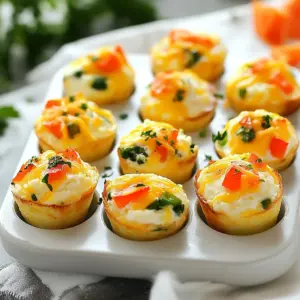 To make Cottage Cheese Egg Bites, gather these simple ingredients: - 1 cup cottage cheese - 4 large eggs - 1/2 cup shredded sharp cheddar cheese - 1/4 cup diced bell pepper - 1/4 cup finely chopped fresh spinach - 1/4 teaspoon garlic powder - 1/4 teaspoon onion powder - Salt and black pepper to taste - Olive oil spray or paper muffin liners Each ingredient plays a role. The cottage cheese adds creaminess and protein. Eggs bind everything together and give a fluffy texture. Cheddar cheese brings a rich flavor. Bell peppers and spinach add color and nutrients. You can adjust the recipe based on what you have. Here are some great ideas: - Use Greek yogurt instead of cottage cheese for tanginess. - Swap cheddar for feta or mozzarella for a different taste. - Try zucchini or mushrooms in place of bell peppers. - Add herbs like dill or basil for extra flavor. Feel free to mix and match! Make the recipe your own while keeping it healthy. These egg bites are not only tasty but also healthy. Here’s a quick look at the nutrition: - Calories: Around 120 per egg bite - Protein: About 10 grams - Fat: Roughly 7 grams - Carbs: About 2 grams - Fiber: Less than 1 gram This snack is rich in protein and low in carbs. It helps keep you full and energized. Enjoy them guilt-free! {{ingredient_image_2}} First, set your oven to 350°F (175°C). This temperature is key. A hot oven helps the egg bites rise and cook evenly. Make sure you do this before mixing your ingredients. This way, your oven is ready when you are. Take a large mixing bowl. Add 1 cup of cottage cheese and 4 large eggs. Whisk these together well. You want a smooth mixture. Next, fold in 1/2 cup of shredded sharp cheddar cheese. Add 1/4 cup of diced bell pepper and 1/4 cup of finely chopped spinach. Then mix in 1/4 teaspoon each of garlic powder and onion powder. Season with salt and black pepper to taste. Stir gently until everything is blended well. Now, prepare your muffin tin. Lightly spray it with olive oil or use paper muffin liners. This step prevents sticking. Carefully pour the egg mixture into each muffin cup. Fill them about two-thirds full. This gives the bites space to rise. Place the muffin tin in your preheated oven and bake for 20 to 25 minutes. The egg bites should look firm and have a golden top. When done, take them out and let them cool for a few minutes. Then gently lift them out of the tin. To keep your egg bites from sticking, use olive oil spray. It works well. Alternatively, use paper muffin liners. They make it easy to lift out the bites. Just place the liners in each cup before pouring in the mix. Even cooking is key for these bites. Make sure to preheat your oven to 350°F (175°C). This helps the bites cook evenly. Fill each muffin cup about two-thirds full. This gives them space to rise but keeps them from overflowing. These bites are great for sharing. Each recipe makes 6 servings. If you have leftovers, store them in an airtight container in the fridge. They stay fresh for up to 4 days. You can also freeze them for longer storage. Just reheat them in the oven or microwave when you're ready to eat! Pro Tips Use Fresh Ingredients: Opt for fresh spinach and vibrant bell peppers to enhance the flavor and nutrition of your egg bites. Experiment with Cheese: While sharp cheddar adds a nice kick, feel free to mix in other cheeses like feta or mozzarella for a different taste profile. Make Ahead: These egg bites can be prepped in advance and stored in the refrigerator for a quick breakfast option throughout the week. Customize Your Fillings: Get creative with your mix-ins! Try adding cooked bacon, diced tomatoes, or even herbs like dill for a unique twist. {{image_4}} You can make your Cottage Cheese Egg Bites even better by adding veggies. Try using zucchini, mushrooms, or tomatoes. Just chop them small so they mix in well. Always remember to pat them dry. This avoids extra moisture. You want your bites to stay firm and tasty. You can also use frozen veggies. Just thaw and drain them first. It’s an easy way to add color and nutrients. If you want to change the flavor, try different cheeses. Feta cheese adds a nice tang. Goat cheese gives it a creamy texture. You can also use mozzarella for a milder taste. Just remember to adjust the amount. Different cheeses melt in various ways. This can change the texture of your bites. So, experiment and find what you like best! Spices and herbs can truly change your egg bites. Try adding paprika for a smoky flavor. A pinch of cayenne pepper gives it a nice kick. Fresh herbs like basil or dill add freshness. You can mix and match until you find your favorite combo. Just make sure not to overdo it. A little goes a long way. Enjoy your tasty creations! To keep your cottage cheese egg bites fresh, store them in an airtight container. You can use glass or plastic containers. Make sure they are completely cool before sealing. This helps prevent moisture build-up, which can make them soggy. Place the container in the fridge. They stay good for a few days this way. You can freeze these egg bites for longer storage. Place them on a baking tray in a single layer. Freeze them until solid, then transfer to a freezer-safe bag. This method keeps them from sticking together. To reheat, take a bite out and place it in the microwave. Heat for 30-60 seconds until warm. You can also reheat them in the oven at 350°F for about 10-15 minutes. Cooked egg bites can last up to five days in the fridge. If you freeze them, they can last up to three months. Just remember to label your containers with the date. This helps you keep track of how long they’ve been stored. Always check for any off smells or changes in texture before eating. Yes, you can prepare these egg bites ahead of time. Make the egg mixture and pour it into the muffin tin. Then, cover and refrigerate for up to 24 hours before baking. This saves time and lets you enjoy a quick snack or meal on busy days. When you're ready, just bake them straight from the fridge. To reheat leftover egg bites, you can use the microwave or the oven. For the microwave, place the egg bites on a plate and heat for about 30 seconds. Check if they are warm enough; if not, heat for an extra 10-15 seconds. For the oven, preheat it to 350°F (175°C) and place the egg bites on a baking sheet. Heat for about 10 minutes or until warmed through. This keeps them fluffy and tasty. Absolutely! Cottage Cheese Egg Bites are perfect for meal prep. You can make a batch and store them in the fridge for up to 5 days. They are easy to grab for breakfast or a snack. Just reheat as needed, and you have a healthy option ready to go. Cottage Cheese Egg Bites are simple and tasty. We talked about main ingredients, how to mix and bake them, and tips to avoid sticking. You can add veggies, change cheeses, and spice them up for more flavor. Knowing how to store your egg bites helps keep them fresh longer. These bites fit into busy lives and make meals easier. Try them out today! You’ll enjoy a healthy snack or meal that is easy to prepare and customize.