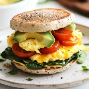 - 6 whole grain English muffins, split in half - 6 large eggs - 1 cup fresh baby spinach - 1 ripe avocado, sliced into thin pieces - 1 cup cherry tomatoes, cut in half - 1 cup shredded low-fat cheese - Salt and black pepper to taste - 1 tablespoon olive oil - Optional: hot sauce for serving You can swap whole grain English muffins for whole wheat or gluten-free muffins. For the eggs, try egg whites or a tofu scramble if you want a vegan option. Instead of spinach, you can use kale or arugula. If you don’t have cherry tomatoes, diced bell peppers work well too. For cheese, pick a non-dairy version or even a sprinkle of nutritional yeast for a cheesy flavor. - Whole grain English muffins: These provide fiber and help keep you full. - Eggs: They are a great source of protein and healthy fats, which support muscle health. - Spinach: Packed with vitamins A and C, spinach boosts your immune system. - Avocado: This adds healthy fats and fiber, promoting heart health. - Cherry tomatoes: Rich in antioxidants, they help reduce inflammation. - Low-fat cheese: It gives calcium and protein without too much fat. - Olive oil: This healthy fat is good for your heart and can fight inflammation. These ingredients work together to create a balanced meal. You get protein, healthy fats, and plenty of vitamins all in one tasty sandwich. {{ingredient_image_2}} Start by heating 1 tablespoon of olive oil in a large skillet over medium heat. Add your fresh baby spinach to the skillet. Sauté the spinach for about 2-3 minutes. You want it to wilt and become tender. Once it looks good, take the skillet off the heat and set the spinach aside. In a separate bowl, crack 6 large eggs and whisk them well. Add a pinch of salt and black pepper to season. Pour the whisked eggs into the same skillet you used for the spinach. Cook the eggs gently over medium heat, stirring often. Scramble the eggs until they are fully set. This should take about 5 minutes. When done, remove the skillet from the heat. While the eggs cook, split 6 whole grain English muffins in half. Toast them in a toaster or under a broiler. You want them to be golden brown and slightly crispy. This adds a nice crunch to your sandwich. Now it’s time to build your breakfast sandwiches! Take the bottom half of each toasted English muffin. Start layering with sautéed spinach, followed by the scrambled eggs. Next, add slices of ripe avocado and halved cherry tomatoes. Finish with a sprinkle of your favorite shredded low-fat cheese. Place the top half of the English muffin on each sandwich to close them up. To keep your sandwiches fresh, wrap each one tightly in aluminum foil. This helps keep them moist and makes storage easy. You can store them in the fridge for up to 5 days or in the freezer for a month. When you’re ready to eat, just unwrap and reheat. Enjoy your healthy breakfast on the go! When cooking eggs, keep it simple. Use a non-stick skillet to prevent sticking. Heat the pan over medium heat. This helps eggs cook evenly. Whisk the eggs well for fluffiness. Add a pinch of salt and pepper while whisking. This adds flavor. Cook the eggs gently. Stir them slowly to avoid burning. When they are set but soft, remove them from heat. This gives a nice texture. If you want, you can add herbs or cheese to the eggs. This adds extra flavor and fun. To keep your breakfast sandwiches fresh, wrap each sandwich tightly in aluminum foil. This prevents air from drying them out. Place the wrapped sandwiches in the fridge if you plan to eat them in a few days. They can last up to five days this way. For longer storage, put them in the freezer. They will stay fresh for up to a month. Just make sure to label them with the date. This helps you remember when you made them. When it's time to enjoy your sandwich, you have options. For the best taste, reheat in the oven. Preheat it to 350°F (175°C). Unwrap the sandwich and place it on a baking sheet. Heat for 10-15 minutes. This warms it through and keeps it crispy. If you're in a hurry, you can use the microwave. Heat it for 1-2 minutes. Remember, the oven gives a better texture. Enjoy your sandwich with a drizzle of hot sauce for an extra kick! Pro Tips Prep Ahead: To save time in the morning, prepare all ingredients the night before. Chop the vegetables and whisk the eggs so you can quickly assemble and heat the sandwiches. Variations: Feel free to add other ingredients like cooked bacon, turkey sausage, or different vegetables to customize your sandwich according to your taste. Storage Tips: When storing in the freezer, label each sandwich with the date to keep track of freshness and ensure you use them within a month. Reheating Method: For the best texture when reheating, consider using an oven rather than a microwave. This will help maintain the crispiness of the English muffin. {{image_4}} You can switch up the protein in your breakfast sandwich. Turkey bacon adds a tasty crunch. You can also use tofu for a plant-based option. Just cook the turkey bacon or tofu in the skillet until crispy. This extra protein boosts flavor and keeps you full longer. Feel free to change the veggies in your sandwich. Bell peppers add sweetness and color. Mushrooms give a nice, earthy flavor. You can sauté these veggies just like the spinach. Mixing in your favorite veggies makes your sandwich unique and delicious. Cheese can change the taste of your sandwich. Try using feta for a tangy kick. Goat cheese adds creaminess. You can even use dairy-free cheese if you prefer. Each cheese brings its own flavor, so pick one that excites your taste buds. After making your breakfast sandwiches, store them in the fridge. Wrap each sandwich tightly in aluminum foil. This keeps them fresh and moist. You can keep them in the fridge for up to 5 days. Just make sure to check for any signs of spoilage before eating. If you want to save your sandwiches for later, freezing is a great option. After wrapping each sandwich in foil, place them in a freezer-safe bag. They will last up to 1 month in the freezer. When you’re ready to enjoy one, just thaw it overnight in the fridge. To check if your sandwiches are still good, look for changes in smell or color. If they smell sour or look off, it’s best to throw them away. Also, check the texture; if it feels soggy or hard, it's time to discard it. Always trust your senses to keep your meals safe! Yes, you can use gluten-free English muffins. Look for brands that taste good and hold up well when toasted. They will provide a great base for your sandwich. You can keep these breakfast sandwiches for up to 5 days in the fridge. For longer storage, freeze them for up to 1 month. Wrap them tightly to keep them fresh. Absolutely! You can use tofu or chickpea scramble instead. Both options are tasty and healthy. They add protein and flavor to your sandwich without using eggs. I recommend using a mild hot sauce, like Sriracha or Cholula. They add a nice kick without overpowering the flavors. You can also try a homemade hot sauce for a unique twist. In this blog post, we explored the key ingredients for delicious breakfast sandwiches. I shared tips for preparing spinach, cooking eggs, and toasting muffins effectively. We discussed variations to suit your taste, like protein and vegetable options. You'll also find storage tips to keep your sandwiches fresh. Remember, these sandwiches can be easy and fun to make. Customize them to fit your preferences, and enjoy your meals more. Happy cooking!