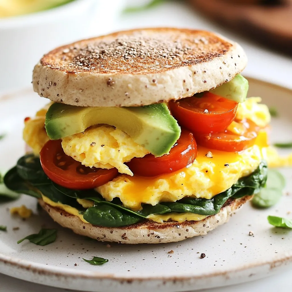- 6 whole grain English muffins, split in half - 6 large eggs - 1 cup fresh baby spinach - 1 ripe avocado, sliced into thin pieces - 1 cup cherry tomatoes, cut in half - 1 cup shredded low-fat cheese - Salt and black pepper to taste - 1 tablespoon olive oil - Optional: hot sauce for serving You can swap whole grain English muffins for whole wheat or gluten-free muffins. For the eggs, try egg whites or a tofu scramble if you want a vegan option. Instead of spinach, you can use kale or arugula. If you don’t have cherry tomatoes, diced bell peppers work well too. For cheese, pick a non-dairy version or even a sprinkle of nutritional yeast for a cheesy flavor. - Whole grain English muffins: These provide fiber and help keep you full. - Eggs: They are a great source of protein and healthy fats, which support muscle health. - Spinach: Packed with vitamins A and C, spinach boosts your immune system. - Avocado: This adds healthy fats and fiber, promoting heart health. - Cherry tomatoes: Rich in antioxidants, they help reduce inflammation. - Low-fat cheese: It gives calcium and protein without too much fat. - Olive oil: This healthy fat is good for your heart and can fight inflammation. These ingredients work together to create a balanced meal. You get protein, healthy fats, and plenty of vitamins all in one tasty sandwich. {{ingredient_image_2}} Start by heating 1 tablespoon of olive oil in a large skillet over medium heat. Add your fresh baby spinach to the skillet. Sauté the spinach for about 2-3 minutes. You want it to wilt and become tender. Once it looks good, take the skillet off the heat and set the spinach aside. In a separate bowl, crack 6 large eggs and whisk them well. Add a pinch of salt and black pepper to season. Pour the whisked eggs into the same skillet you used for the spinach. Cook the eggs gently over medium heat, stirring often. Scramble the eggs until they are fully set. This should take about 5 minutes. When done, remove the skillet from the heat. While the eggs cook, split 6 whole grain English muffins in half. Toast them in a toaster or under a broiler. You want them to be golden brown and slightly crispy. This adds a nice crunch to your sandwich. Now it’s time to build your breakfast sandwiches! Take the bottom half of each toasted English muffin. Start layering with sautéed spinach, followed by the scrambled eggs. Next, add slices of ripe avocado and halved cherry tomatoes. Finish with a sprinkle of your favorite shredded low-fat cheese. Place the top half of the English muffin on each sandwich to close them up. To keep your sandwiches fresh, wrap each one tightly in aluminum foil. This helps keep them moist and makes storage easy. You can store them in the fridge for up to 5 days or in the freezer for a month. When you’re ready to eat, just unwrap and reheat. Enjoy your healthy breakfast on the go! When cooking eggs, keep it simple. Use a non-stick skillet to prevent sticking. Heat the pan over medium heat. This helps eggs cook evenly. Whisk the eggs well for fluffiness. Add a pinch of salt and pepper while whisking. This adds flavor. Cook the eggs gently. Stir them slowly to avoid burning. When they are set but soft, remove them from heat. This gives a nice texture. If you want, you can add herbs or cheese to the eggs. This adds extra flavor and fun. To keep your breakfast sandwiches fresh, wrap each sandwich tightly in aluminum foil. This prevents air from drying them out. Place the wrapped sandwiches in the fridge if you plan to eat them in a few days. They can last up to five days this way. For longer storage, put them in the freezer. They will stay fresh for up to a month. Just make sure to label them with the date. This helps you remember when you made them. When it's time to enjoy your sandwich, you have options. For the best taste, reheat in the oven. Preheat it to 350°F (175°C). Unwrap the sandwich and place it on a baking sheet. Heat for 10-15 minutes. This warms it through and keeps it crispy. If you're in a hurry, you can use the microwave. Heat it for 1-2 minutes. Remember, the oven gives a better texture. Enjoy your sandwich with a drizzle of hot sauce for an extra kick! Pro Tips Prep Ahead: To save time in the morning, prepare all ingredients the night before. Chop the vegetables and whisk the eggs so you can quickly assemble and heat the sandwiches. Variations: Feel free to add other ingredients like cooked bacon, turkey sausage, or different vegetables to customize your sandwich according to your taste. Storage Tips: When storing in the freezer, label each sandwich with the date to keep track of freshness and ensure you use them within a month. Reheating Method: For the best texture when reheating, consider using an oven rather than a microwave. This will help maintain the crispiness of the English muffin. {{image_4}} You can switch up the protein in your breakfast sandwich. Turkey bacon adds a tasty crunch. You can also use tofu for a plant-based option. Just cook the turkey bacon or tofu in the skillet until crispy. This extra protein boosts flavor and keeps you full longer. Feel free to change the veggies in your sandwich. Bell peppers add sweetness and color. Mushrooms give a nice, earthy flavor. You can sauté these veggies just like the spinach. Mixing in your favorite veggies makes your sandwich unique and delicious. Cheese can change the taste of your sandwich. Try using feta for a tangy kick. Goat cheese adds creaminess. You can even use dairy-free cheese if you prefer. Each cheese brings its own flavor, so pick one that excites your taste buds. After making your breakfast sandwiches, store them in the fridge. Wrap each sandwich tightly in aluminum foil. This keeps them fresh and moist. You can keep them in the fridge for up to 5 days. Just make sure to check for any signs of spoilage before eating. If you want to save your sandwiches for later, freezing is a great option. After wrapping each sandwich in foil, place them in a freezer-safe bag. They will last up to 1 month in the freezer. When you’re ready to enjoy one, just thaw it overnight in the fridge. To check if your sandwiches are still good, look for changes in smell or color. If they smell sour or look off, it’s best to throw them away. Also, check the texture; if it feels soggy or hard, it's time to discard it. Always trust your senses to keep your meals safe! Yes, you can use gluten-free English muffins. Look for brands that taste good and hold up well when toasted. They will provide a great base for your sandwich. You can keep these breakfast sandwiches for up to 5 days in the fridge. For longer storage, freeze them for up to 1 month. Wrap them tightly to keep them fresh. Absolutely! You can use tofu or chickpea scramble instead. Both options are tasty and healthy. They add protein and flavor to your sandwich without using eggs. I recommend using a mild hot sauce, like Sriracha or Cholula. They add a nice kick without overpowering the flavors. You can also try a homemade hot sauce for a unique twist. In this blog post, we explored the key ingredients for delicious breakfast sandwiches. I shared tips for preparing spinach, cooking eggs, and toasting muffins effectively. We discussed variations to suit your taste, like protein and vegetable options. You'll also find storage tips to keep your sandwiches fresh. Remember, these sandwiches can be easy and fun to make. Customize them to fit your preferences, and enjoy your meals more. Happy cooking!