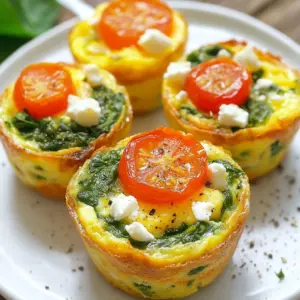 - 6 large eggs - 1 cup fresh spinach, finely chopped - 1/2 cup cherry tomatoes, halved - 1/2 cup feta cheese, crumbled - 1/4 cup milk - 1/4 teaspoon garlic powder - 1/4 teaspoon onion powder - Salt and freshly ground black pepper to taste - Olive oil spray or unsalted butter for greasing - Each serving has about 100 calories. - Macronutrient breakdown: - Protein: 8 grams - Fats: 6 grams - Carbohydrates: 2 grams Spinach Egg Muffin Cups are a great choice for any meal. They are easy to make and packed with nutrients. Each muffin contains protein from eggs and feta. The spinach adds vitamins and fiber. You can make these muffins quickly. They take about 30 minutes from start to finish. This recipe yields 12 muffin cups, perfect for sharing or meal prep. When you bake these, you will enjoy a warm and fluffy treat. They are great for breakfast, lunch, or a snack. Plus, they are easy to store and reheat. You can enjoy them all week long! {{ingredient_image_2}} First, you need to preheat your oven to 375°F (190°C). This step is important to ensure even baking. While the oven heats, lightly grease a standard muffin tin. You can use olive oil spray or a small amount of unsalted butter. This prevents the muffins from sticking. In a large mixing bowl, crack the six large eggs. Pour in a quarter cup of milk. Whisk the eggs and milk together until smooth. This mixture should look well blended. Next, add one cup of finely chopped spinach and half a cup of halved cherry tomatoes. Then, include half a cup of crumbled feta cheese. Sprinkle in a quarter teaspoon of garlic powder and onion powder. Lastly, add salt and freshly ground black pepper to taste. Gently stir everything until well combined. The colors of the vegetables will make this mixture look inviting. Now, carefully pour the egg mixture into the prepared muffin tin. Fill each muffin cup about three-quarters full. This allows space for the muffins to rise. Place the muffin tin in your preheated oven. Bake for 18 to 20 minutes. Check for doneness by looking for puffiness. If they jiggle lightly, give them a few extra minutes. Once baked, take the muffin tin out of the oven and let it cool for about five minutes. To help with removal, run a knife gently around the edges of each muffin cup. This will loosen them. Carefully lift the spinach egg muffins from the tin and serve warm. You can also let them cool completely and store them in an airtight container for meal prep! To avoid sogginess, use fresh spinach. Make sure it is finely chopped. This way, it cooks well and mixes evenly in the egg mix. Also, don’t overload on liquid. The milk adds creaminess, but too much can make them wet. Stick to the recipe for best results. To know when they are done, look for puffiness. They should rise and look golden on top. Gently shake the muffin tin. If they jiggle, give them a few more minutes. A toothpick test also works; it should come out clean. These muffins shine on their own, but garnishes can add flair. A sprig of parsley or a slice of avocado works well. They are great warm, but you can serve them cold too. Pair them with fresh fruit or yogurt for a balanced breakfast. For breakfast ideas, consider a light salad or whole-grain toast. A smoothie can add a nice touch. These muffins are versatile and can fit into many meals. Feel free to play with the ingredients. You can swap spinach for kale or bell peppers. Zucchini or mushrooms work beautifully too. If you love cheese, try goat cheese or cheddar. Adding herbs like basil or dill can elevate the flavor. You can also spice it up with red pepper flakes. Customize to your taste for a personal touch! Pro Tips Use Fresh Ingredients: Opt for fresh spinach and ripe cherry tomatoes for the best flavor. Fresh ingredients enhance the taste and nutritional value of your muffins. Customize Your Fillings: Feel free to experiment with other vegetables or cheeses. Bell peppers, onions, or even different types of cheese like mozzarella can add unique flavors. Make Ahead: These muffins can be made in advance and stored in the refrigerator. They reheat well, making them perfect for quick breakfasts or snacks throughout the week. Check for Doneness: To ensure your muffins are fully cooked, insert a toothpick in the center. If it comes out clean, your muffins are ready to enjoy! {{image_4}} You can easily switch up the protein in your spinach egg muffin cups. For a lighter option, use egg whites instead of whole eggs. This change reduces calories and fat. You can also try plant-based alternatives like tofu or chickpea flour. These options keep your muffins tasty while catering to different diets. Feel free to add more veggies to your muffin cups. Bell peppers, zucchini, or mushrooms work well. Chop them finely so they mix in with the eggs. You can also use leftover roasted vegetables for a new twist. This way, you get extra nutrients and fun colors in your dish. Spice up your muffin cups with herbs and seasonings. Try adding fresh herbs like parsley or basil for a bright taste. A pinch of red pepper flakes can bring some heat. You can also use different cheeses, like cheddar or goat cheese, for a new flavor. Experiment with what you love best! To keep your spinach egg muffin cups fresh, store them in an airtight container. They will last in the fridge for up to four days. If you want to store them longer, freeze them. Place the cooled muffins in a freezer bag, making sure to remove as much air as possible. They can stay in the freezer for about three months. When you are ready to eat them, just thaw overnight in the fridge. Reheating is easy. For the best taste and texture, use the oven. Preheat your oven to 350°F (175°C). Place the muffins on a baking sheet and heat for about 10-15 minutes. You can also microwave them. Just warm them for 30-45 seconds. Be careful not to overheat, or they may dry out. These muffins are perfect for meal prep. You can make a big batch on the weekend. Fill a muffin tin and bake. Once cool, store them in the fridge or freezer. They make a quick and healthy breakfast option. You can also mix in different veggies or spices to keep things exciting each week. Yes, you can make these muffin cups ahead. They store well in the fridge for up to four days. Just place them in an airtight container. You can also freeze them for up to three months. When you want to eat them, reheat in the oven at 350°F (175°C) for about 10 minutes. This keeps them warm and tasty. To prevent sticking, grease your muffin tin well. I recommend using olive oil spray or unsalted butter. Make sure to coat each cup evenly. You can also use silicone muffin cups. They are non-stick and easy to clean. If you use paper liners, spray them lightly with oil too. Yes, you can skip the cheese if you want. The muffins will still taste good but will be less creamy. To keep flavor, try adding extra spices or herbs. You could also add more veggies like bell peppers or mushrooms for extra taste and texture. In this guide, we covered how to make delicious Spinach Egg Muffin Cups. You learned about the key ingredients, from eggs to feta cheese, and explored step-by-step instructions for perfect muffins. With tips for customization and storage, you can enjoy these muffins at any time. Remember, you can easily change the flavors with different veggies or spices. Whether for breakfast or a snack, these muffins are a tasty and healthy choice. Enjoy making them your own!