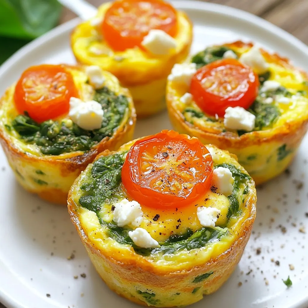 - 6 large eggs - 1 cup fresh spinach, finely chopped - 1/2 cup cherry tomatoes, halved - 1/2 cup feta cheese, crumbled - 1/4 cup milk - 1/4 teaspoon garlic powder - 1/4 teaspoon onion powder - Salt and freshly ground black pepper to taste - Olive oil spray or unsalted butter for greasing - Each serving has about 100 calories. - Macronutrient breakdown: - Protein: 8 grams - Fats: 6 grams - Carbohydrates: 2 grams Spinach Egg Muffin Cups are a great choice for any meal. They are easy to make and packed with nutrients. Each muffin contains protein from eggs and feta. The spinach adds vitamins and fiber. You can make these muffins quickly. They take about 30 minutes from start to finish. This recipe yields 12 muffin cups, perfect for sharing or meal prep. When you bake these, you will enjoy a warm and fluffy treat. They are great for breakfast, lunch, or a snack. Plus, they are easy to store and reheat. You can enjoy them all week long! {{ingredient_image_2}} First, you need to preheat your oven to 375°F (190°C). This step is important to ensure even baking. While the oven heats, lightly grease a standard muffin tin. You can use olive oil spray or a small amount of unsalted butter. This prevents the muffins from sticking. In a large mixing bowl, crack the six large eggs. Pour in a quarter cup of milk. Whisk the eggs and milk together until smooth. This mixture should look well blended. Next, add one cup of finely chopped spinach and half a cup of halved cherry tomatoes. Then, include half a cup of crumbled feta cheese. Sprinkle in a quarter teaspoon of garlic powder and onion powder. Lastly, add salt and freshly ground black pepper to taste. Gently stir everything until well combined. The colors of the vegetables will make this mixture look inviting. Now, carefully pour the egg mixture into the prepared muffin tin. Fill each muffin cup about three-quarters full. This allows space for the muffins to rise. Place the muffin tin in your preheated oven. Bake for 18 to 20 minutes. Check for doneness by looking for puffiness. If they jiggle lightly, give them a few extra minutes. Once baked, take the muffin tin out of the oven and let it cool for about five minutes. To help with removal, run a knife gently around the edges of each muffin cup. This will loosen them. Carefully lift the spinach egg muffins from the tin and serve warm. You can also let them cool completely and store them in an airtight container for meal prep! To avoid sogginess, use fresh spinach. Make sure it is finely chopped. This way, it cooks well and mixes evenly in the egg mix. Also, don’t overload on liquid. The milk adds creaminess, but too much can make them wet. Stick to the recipe for best results. To know when they are done, look for puffiness. They should rise and look golden on top. Gently shake the muffin tin. If they jiggle, give them a few more minutes. A toothpick test also works; it should come out clean. These muffins shine on their own, but garnishes can add flair. A sprig of parsley or a slice of avocado works well. They are great warm, but you can serve them cold too. Pair them with fresh fruit or yogurt for a balanced breakfast. For breakfast ideas, consider a light salad or whole-grain toast. A smoothie can add a nice touch. These muffins are versatile and can fit into many meals. Feel free to play with the ingredients. You can swap spinach for kale or bell peppers. Zucchini or mushrooms work beautifully too. If you love cheese, try goat cheese or cheddar. Adding herbs like basil or dill can elevate the flavor. You can also spice it up with red pepper flakes. Customize to your taste for a personal touch! Pro Tips Use Fresh Ingredients: Opt for fresh spinach and ripe cherry tomatoes for the best flavor. Fresh ingredients enhance the taste and nutritional value of your muffins. Customize Your Fillings: Feel free to experiment with other vegetables or cheeses. Bell peppers, onions, or even different types of cheese like mozzarella can add unique flavors. Make Ahead: These muffins can be made in advance and stored in the refrigerator. They reheat well, making them perfect for quick breakfasts or snacks throughout the week. Check for Doneness: To ensure your muffins are fully cooked, insert a toothpick in the center. If it comes out clean, your muffins are ready to enjoy! {{image_4}} You can easily switch up the protein in your spinach egg muffin cups. For a lighter option, use egg whites instead of whole eggs. This change reduces calories and fat. You can also try plant-based alternatives like tofu or chickpea flour. These options keep your muffins tasty while catering to different diets. Feel free to add more veggies to your muffin cups. Bell peppers, zucchini, or mushrooms work well. Chop them finely so they mix in with the eggs. You can also use leftover roasted vegetables for a new twist. This way, you get extra nutrients and fun colors in your dish. Spice up your muffin cups with herbs and seasonings. Try adding fresh herbs like parsley or basil for a bright taste. A pinch of red pepper flakes can bring some heat. You can also use different cheeses, like cheddar or goat cheese, for a new flavor. Experiment with what you love best! To keep your spinach egg muffin cups fresh, store them in an airtight container. They will last in the fridge for up to four days. If you want to store them longer, freeze them. Place the cooled muffins in a freezer bag, making sure to remove as much air as possible. They can stay in the freezer for about three months. When you are ready to eat them, just thaw overnight in the fridge. Reheating is easy. For the best taste and texture, use the oven. Preheat your oven to 350°F (175°C). Place the muffins on a baking sheet and heat for about 10-15 minutes. You can also microwave them. Just warm them for 30-45 seconds. Be careful not to overheat, or they may dry out. These muffins are perfect for meal prep. You can make a big batch on the weekend. Fill a muffin tin and bake. Once cool, store them in the fridge or freezer. They make a quick and healthy breakfast option. You can also mix in different veggies or spices to keep things exciting each week. Yes, you can make these muffin cups ahead. They store well in the fridge for up to four days. Just place them in an airtight container. You can also freeze them for up to three months. When you want to eat them, reheat in the oven at 350°F (175°C) for about 10 minutes. This keeps them warm and tasty. To prevent sticking, grease your muffin tin well. I recommend using olive oil spray or unsalted butter. Make sure to coat each cup evenly. You can also use silicone muffin cups. They are non-stick and easy to clean. If you use paper liners, spray them lightly with oil too. Yes, you can skip the cheese if you want. The muffins will still taste good but will be less creamy. To keep flavor, try adding extra spices or herbs. You could also add more veggies like bell peppers or mushrooms for extra taste and texture. In this guide, we covered how to make delicious Spinach Egg Muffin Cups. You learned about the key ingredients, from eggs to feta cheese, and explored step-by-step instructions for perfect muffins. With tips for customization and storage, you can enjoy these muffins at any time. Remember, you can easily change the flavors with different veggies or spices. Whether for breakfast or a snack, these muffins are a tasty and healthy choice. Enjoy making them your own!