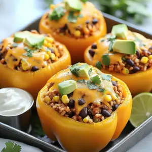 - 4 large bell peppers (any color you love) - 1 lb ground turkey or beef (choose lean for a healthier option) - 1 cup cooked rice (your choice of white, brown, or even quinoa for a twist) - 1 can (15 oz) black beans, drained and rinsed thoroughly - 1 cup corn (freshly cut off the cob, canned, or thawed frozen corn) - 1 packet taco seasoning (or your homemade blend) - 1 cup salsa (choose your heat level!) - 1 cup shredded cheddar cheese (or a blend of your favorite cheeses) - 1/2 cup chopped fresh cilantro (for a vibrant touch) - 1 ripe avocado, diced (for topping) - Sour cream (for serving, optional) - Lime wedges (for serving, to brighten the dish) When you make loaded taco stuffed peppers, fresh ingredients are key. Start with large bell peppers; their colors make the dish pop. I love using red, yellow, and green ones. The choice of protein is simple. You can use ground turkey or beef. Lean meat keeps the dish healthier. Next, let's talk about the rice. You have options! White rice works well, but brown rice adds a nice texture. Quinoa is great too if you want a twist. Black beans are a must. They add protein and fiber. Drain and rinse them before mixing. Corn adds sweetness and crunch. You can use fresh corn, canned, or thawed frozen corn. The taco seasoning gives that classic flavor. You can buy a packet or make your own blend. Salsa adds moisture and zest. Choose a spicy or mild kind based on your taste. Finally, cheese brings it all together. I like shredded cheddar, but feel free to mix it up. Fresh cilantro adds a burst of color and taste. Don’t forget the avocado for topping! It adds creaminess. Sour cream and lime wedges are great for serving. They brighten the dish and make it even better. Enjoy your cooking adventure! {{ingredient_image_2}} Start by preheating your oven to 375°F (190°C). This step is key for cooking the peppers evenly. Next, take your large bell peppers. Slice the tops off and remove the seeds. This gives you little bowls to fill. Stand the peppers upright in a baking dish. Now, heat a large skillet over medium heat. Add 1 pound of ground turkey or beef. Cook it until browned, which takes about 5-7 minutes. After that, drain any excess fat from the skillet. Once the meat is browned, mix in the taco seasoning and 1/2 cup of salsa. Stir well and cook for another 2-3 minutes. This helps all the flavors blend together nicely. Remove the skillet from the heat. Add 1 cup of cooked rice, 1 can of black beans, and 1 cup of corn to the meat. Mix until everything is well combined. Use a spoon to fill each pepper with this hearty mixture, packing it down gently. Drizzle the remaining salsa over the top of each stuffed pepper. Cover the baking dish tightly with aluminum foil. Place it in the preheated oven and bake for 25-30 minutes. This will make the peppers tender. After that, remove the foil and sprinkle the remaining cheese on top. Return to the oven for another 10 minutes until the cheese melts and bubbles. When picking peppers, think about flavor and texture. I love using large bell peppers. They come in many colors: red, yellow, green, and orange. Each color has a different sweetness. Red peppers are the sweetest, while green ones are more bitter. Choose peppers that feel firm and heavy. Avoid soft spots or wrinkles. This helps ensure a tasty stuffed pepper. You can make this dish even healthier! Use lean ground turkey instead of beef. It cuts down on fat but keeps the flavor. You can also swap rice for quinoa. Quinoa adds protein and a unique texture. Black beans are great for fiber. They help balance the meal and add more nutrients. These small changes make a big difference for your health! To boost flavor, fresh herbs work wonders. Add chopped cilantro to the filling or as a garnish. Cilantro adds a fresh taste and bright color. You can also try different spices. Consider adding cumin or smoked paprika for a smoky kick. Don’t be afraid to experiment with your favorite herbs and spices. They can transform this dish into something special! Pro Tips Choose Colorful Peppers: Using a mix of bell pepper colors not only makes the dish visually appealing but also adds a subtle variation in flavor. Custom Spice Level: Adjust the amount of taco seasoning or salsa based on your preferred spice level to ensure the dish is perfect for your palate. Make Ahead: Prepare the filling a day in advance and store it in the fridge. This will save you time on a busy weeknight! Garnish for Freshness: Add toppings like diced tomatoes or a squeeze of lime just before serving for an extra layer of freshness. {{image_4}} For a tasty vegetarian version, replace the meat with beans or lentils. Both options pack protein and flavor. Black beans work well, adding creaminess. Lentils also give a nice texture while soaking up spices. You can mix in more veggies like zucchini or mushrooms for added nutrition. Cheese adds richness and flavor to your stuffed peppers. You can explore various cheese blends for variety. Try Monterey Jack for a creamy melt or pepper jack for a spicy kick. A mix of cheddar and mozzarella brings a nice balance. Experiment to find your favorite combination! To elevate your meal, serve the stuffed peppers with simple sides. Fresh salsa or guacamole pairs nicely. A light salad with lime dressing adds crunch and freshness. You can also serve tortilla chips for a fun crunch. Lime wedges brighten the dish, adding zest to every bite! To store your loaded taco stuffed peppers, first let them cool. Place them in a clean, airtight container. Make sure to cover them well to keep moisture in. They can stay fresh in your fridge for up to three days. If you want to save them longer, consider freezing. When you reheat your stuffed peppers, use the oven for the best flavor and texture. Preheat your oven to 350°F (175°C). Place the peppers on a baking sheet. Cover them with foil to keep them from drying out. Heat for about 20 minutes, or until warm. You can also use a microwave. Just be careful, as they may lose some texture. To freeze your stuffed peppers, first cool them completely. Wrap each pepper in plastic wrap or foil. Place them in a freezer-safe bag, removing as much air as you can. They can be frozen for up to three months. When you are ready to eat, let them thaw in the fridge overnight before reheating. This way, they will taste fresh and delicious! Yes, you can. Ground turkey and beef are great, but feel free to swap in ground chicken or pork. Each choice adds unique flavor. Use lean cuts to keep it healthy. If you want a plant-based option, try crumbled tempeh or lentils. These alternatives still pack a punch of protein and flavor. You have options! White or brown rice works well, but quinoa is a fun twist. Cauliflower rice is another great choice. It’s low in carbs and adds a veggie boost. If you want more texture, try using couscous or farro. Each option gives a new taste and keeps the dish exciting. The peppers should be tender yet firm. Bake them for about 25-30 minutes covered, then check. Remove the foil and sprinkle more cheese on top. Bake for an extra 10 minutes until the cheese is melted. A fork should easily pierce the peppers when they are ready. Let them rest a bit before serving. Enjoy! Stuffed peppers are a fun and versatile meal. We explored the key ingredients, like bell peppers and proteins. You learned step-by-step instructions for making them. I shared tips on choosing peppers and healthier options. You can even try variations with vegetarian filling or different cheeses. Remember to store leftovers properly for later enjoyment. With these insights, you're ready to create delicious stuffed peppers that suit your taste. Enjoy every tasty bite you make!