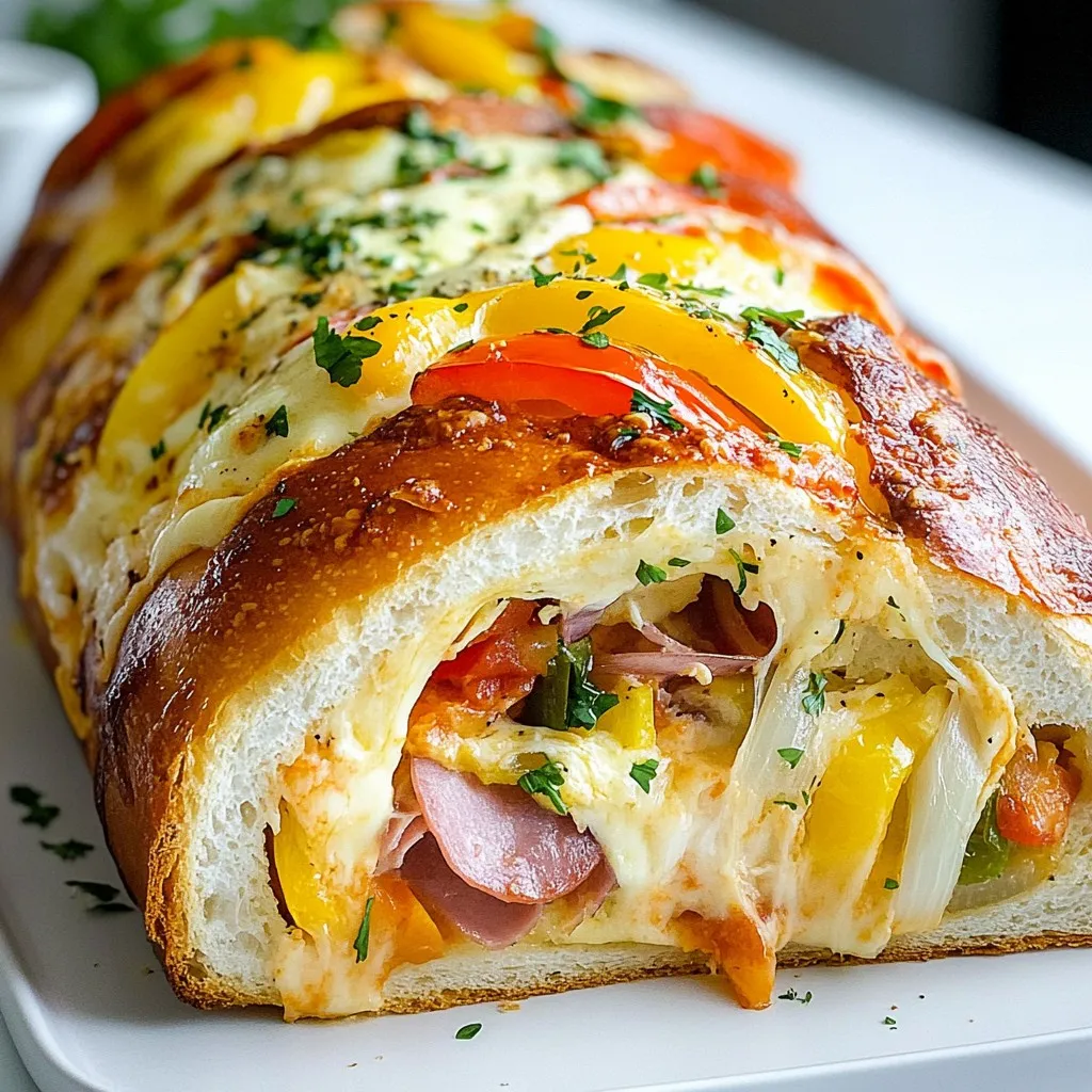 For the Ultimate Garbage Bread, you need these main ingredients: - 1 package (1 lb) refrigerated pizza dough - 1 cup shredded mozzarella cheese - 1 cup mixed vegetables (like bell peppers, onions, and mushrooms), diced - 1 cup cooked meats (choose from pepperoni, ham, or cooked chicken), finely chopped - 1/2 cup black olives, sliced - 1/4 cup grated Parmesan cheese - 2 tablespoons olive oil - 1 teaspoon garlic powder - 1 teaspoon Italian seasoning - Salt and pepper to taste - 1 egg, beaten (for egg wash) You can customize your garbage bread with these tasty options: - Spinach or kale for extra greens - Jalapeños for some heat - Different cheeses like cheddar or feta - Sun-dried tomatoes for a sweet touch Don’t have all the ingredients? Here are some easy swaps: - Use homemade pizza dough instead of store-bought - Try a different cheese if you’re out of mozzarella - Swap out the meats for veggies to make it vegetarian - Use any leftover cooked veggies you have on hand These ingredients will help you create a delicious and satisfying garbage bread that everyone will love. Feel free to mix and match to suit your taste! {{ingredient_image_2}} First, heat your oven to 400°F (200°C). This step is key for great baking. Next, take the pizza dough and place it on a lightly floured surface. Roll it out into a rectangle about ¼ inch thick. Make sure the dough is smooth and even. This will help your garbage bread cook evenly. In a mixing bowl, combine your filling ingredients. Start with 1 cup of shredded mozzarella cheese. Add 1 cup of diced mixed vegetables like bell peppers, onions, and mushrooms. Then, include 1 cup of cooked meats, like pepperoni, ham, or chicken. Next, mix in ½ cup of sliced black olives and ¼ cup of grated Parmesan cheese. Don’t forget to add 1 teaspoon of garlic powder and 1 teaspoon of Italian seasoning. Season with salt and pepper to taste. Stir until the filling is well combined. This mix adds flavor and texture to your bread. Now, spoon the filling onto the rolled-out dough. Leave about a 1-inch border all around. This space helps seal the filling inside. Carefully roll the dough from one end, forming it into a log shape. Pinch the edges to seal them and fold the ends under for a neat look. Place the seam side down on a baking sheet lined with parchment paper. Brush the top with the beaten egg to get a nice golden crust. Bake in your preheated oven for 20-25 minutes. Check for a golden brown color and ensure the dough is cooked through. Once the garbage bread is done, take it out of the oven. Let it cool for a few minutes before slicing. Serve it warm to enjoy its best flavor. For a fun twist, pair it with marinara sauce for dipping. You can also sprinkle some freshly chopped herbs on top for added color and taste. This makes your dish look great and taste even better! To get a great crust, follow these steps: - Preheat your oven to 400°F (200°C). - Roll the pizza dough to ¼ inch thick. - Make sure to brush the top with beaten egg. - Bake until golden brown, about 20-25 minutes. A golden crust should feel crisp. If you want it crunchier, bake it a bit longer. Store any leftovers in an airtight container. - Let the bread cool down first. - Place it in the fridge for up to three days. To reheat, pop it in the oven at 350°F (175°C) for about 10 minutes. This keeps the crust crispy. You can prepare the filling a day in advance. - Mix the cheese, veggies, and meats in a bowl. - Cover and refrigerate it. When you’re ready to bake, just roll out the dough, fill it, and bake as usual. This saves time and makes it easy to enjoy fresh garbage bread! Pro Tips Choose Your Fillings Wisely: Select a combination of meats and vegetables that you enjoy. This recipe is versatile, so feel free to experiment with different ingredients according to your taste! Perfect the Roll: When rolling the dough, ensure it’s tight enough to hold the filling but not so tight that it bursts during baking. A gentle but firm roll will yield the best results. Enhance the Flavor: Consider adding spices or herbs to the filling for an extra kick. A dash of red pepper flakes or some fresh basil can elevate the overall taste. Let It Rest: Allow the garbage bread to cool for a few minutes before slicing. This helps the cheese set slightly, making it easier to cut and serve without losing the filling. {{image_4}} You can make a tasty vegetarian garbage bread. Just skip the meats. Use more veggies instead. I suggest adding spinach, zucchini, or artichokes. These add great flavor and color. You can also use vegan cheese for a dairy-free option. This way, everyone can enjoy a slice! You can mix and match different meats in your garbage bread. Try using cooked sausage for a spicy kick. Diced ham works well for a smoky flavor. You can also use shredded chicken for a lighter option. The choice is yours! Each meat brings its own taste to the dish. Cheese is key in garbage bread. If you want a twist, try different cheeses. Cheddar adds sharpness, while pepper jack gives a spicy kick. Cream cheese can make it creamy and rich. Experiment with your favorites! The right cheese can elevate your garbage bread to the next level. To store leftover garbage bread, first let it cool. Wrap it in plastic wrap. Then, place it in an airtight container. This keeps it fresh for later. You can also use foil if needed. Make sure to store it in the fridge if you plan to eat it in a few days. Freezing garbage bread is simple. Wrap it tightly in plastic wrap, then in foil. This protects it from freezer burn. Label it with the date, so you remember when you froze it. To reheat, bake it at 350°F (175°C) for about 15-20 minutes. You can also microwave it, but the crust may not be crispy. When stored properly, leftover garbage bread lasts about 3-4 days in the fridge. If you freeze it, it can last up to 3 months. For the best taste, eat it within this time. Always check for any signs of spoilage before eating. Enjoy your delicious leftovers without worry! Ultimate Garbage Bread is a fun and tasty treat. It uses pizza dough as a base. You fill it with cheese, meats, and veggies. The mix of flavors makes every bite delightful. You bake it until golden brown for a crispy crust. This dish is great for parties or a cozy night in. Yes, you can use homemade pizza dough. It adds a personal touch to your bread. Just make sure it has a good rise. Roll it out to about ¼ inch thick. This thickness helps it bake evenly. Homemade dough can make your garbage bread even tastier. You can customize the filling in many ways. Here are some ideas: - Use different meats like sausage or bacon. - Add more veggies like spinach or zucchini. - Try different cheeses like cheddar or feta. - Spice it up with jalapeños or hot sauce. Mix and match to find your favorite flavors. This makes it fun and unique for everyone. Ultimate Garbage Bread pairs well with many sides. Here are some tasty options: - Serve with marinara sauce for dipping. - Add a fresh salad for a light meal. - Pair with a bowl of soup for warmth. - Offer pickles or olives for a crunchy side. These sides enhance the meal and make it more filling. In this post, you learned about the key ingredients for making Ultimate Garbage Bread, including the main ingredients and optional add-ins. I shared step-by-step instructions, tips for a perfect crust, and creative variations. Proper storage and reheating tips help keep leftovers fresh. Remember, you can customize your filling to suit your tastes. Enjoy making this fun dish; it’s a tasty treat for all!