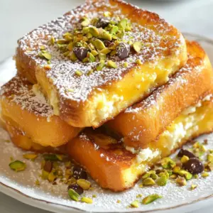 - 4 slices thick-cut Italian bread - 1 cup ricotta cheese - ½ cup powdered sugar - 1 teaspoon pure vanilla extract - ½ teaspoon ground cinnamon - 2 large eggs - ½ cup whole milk - 2 tablespoons unsalted butter - ¼ cup mini chocolate chips - Chopped pistachios (for garnish) To make Cannoli French Toast, you need some special ingredients. The main part is the thick-cut Italian bread. It holds up well and soaks up flavors. You also need ricotta cheese. This creamy cheese makes the filling rich and smooth. Powdered sugar adds sweetness. A touch of vanilla extract gives a nice flavor. For extra flavor, ground cinnamon adds warmth. Eggs and milk help bind everything together. The unsalted butter is key for cooking. It makes the toast golden and adds a rich taste. Mini chocolate chips give a fun surprise in each bite. Lastly, chopped pistachios add a nice crunch on top. Gather these ingredients to get ready for a delightful treat! {{ingredient_image_2}} - In a medium bowl, combine: - 1 cup ricotta cheese - ½ cup powdered sugar - 1 teaspoon pure vanilla extract - ½ teaspoon ground cinnamon - ¼ cup mini chocolate chips Mix these ingredients until they are smooth and creamy. This will be your tasty cannoli filling. The ricotta gives it a rich flavor, while the chocolate chips add a sweet surprise. - Take two slices of the thick-cut Italian bread. - Spread a generous amount of the ricotta mixture between the slices. - Make sure to spread evenly for the best taste. - Repeat this with the remaining bread slices to create more sandwiches. This step is key. The filling should be thick enough to stay in the middle while cooking. - In another bowl, whisk together: - 2 large eggs - ½ cup whole milk This creates the egg mixture for dipping. Whisk until it is blended and frothy. - Preheat a non-stick skillet over medium heat. Add: - 2 tablespoons unsalted butter Let it melt and coat the skillet. - Carefully dip each stuffed sandwich into the egg mixture. Soak for about 30 seconds on each side. - Once soaked, place the sandwiches in the skillet. Cook for about 3-4 minutes on each side. They should turn golden brown. Repeat with the remaining butter and sandwiches until all are cooked. The outside will be crispy while the inside stays creamy. The best heat for cooking French toast is medium. This way, the bread cooks evenly. If the heat is too high, the outside burns while the inside stays raw. I aim for a nice golden color, which takes about 3-4 minutes per side. You want that crispy outside and soft inside. To achieve this perfect color, use a non-stick skillet. Melt butter in the pan, but don’t let it brown. Dip the stuffed bread in the egg mix for about 30 seconds. Don't rush this step; soaking is key. You can make your French toast look great with simple garnishes. Dust it with powdered sugar for a sweet touch. A sprinkle of chopped pistachios adds color and crunch. Pair the French toast with fresh fruit. Berries or bananas make a tasty and colorful side. You could also add a drizzle of chocolate sauce for a fun twist. One big mistake is over-soaking the bread. If you soak too long, it gets soggy. Aim for just the right time. Another mistake is using the wrong bread. Thick-cut Italian bread works best. Avoid thin slices, as they won’t hold the filling well. Stick to the recipe for the best results. Pro Tips Use Day-Old Bread: Day-old bread is perfect for French toast as it absorbs the egg mixture better without falling apart. Customize Your Filling: Feel free to add other mix-ins to the ricotta filling, such as orange zest, or swap mini chocolate chips for dried fruit. Perfect Cooking Temperature: Keep the skillet or griddle at medium heat to ensure the outside cooks evenly while the inside stays creamy. Garnish Wisely: Adding a drizzle of chocolate sauce or a sprinkle of crushed nuts can enhance the flavor and presentation of your dish. {{image_4}} You can easily add fun flavors to your cannoli French toast. Try adding fruit or nuts to the filling. Fresh berries, like strawberries or blueberries, add a burst of flavor. Pecans or walnuts give a nice crunch. You can also use different types of bread. Brioche or challah adds sweetness and a fluffy texture. If you have dietary needs, I have some options for you. For a gluten-free version, use gluten-free bread. Make sure the filling ingredients are also gluten-free. For a vegan twist, swap ricotta for a plant-based cream cheese. Use flax eggs instead of regular eggs. These changes keep the dish tasty and inclusive. You can mix sweet and savory flavors for a fun twist. Try adding crispy bacon or sausage on the side. This gives a nice balance to the sweet filling. You can also introduce spices like nutmeg or cardamom. These spices add warmth and depth to the dish. Experiment with these ideas to find your favorite version! To keep your cannoli French toast fresh, place it in an airtight container. This helps seal in moisture. If you plan to eat it within two days, store it in the fridge. For longer storage, freeze it. Wrap each slice in plastic wrap, then place them in a freezer bag. This prevents freezer burn. To reheat your French toast, use a skillet on low heat. This warms it evenly and keeps it crispy. You can also use an oven. Preheat it to 350°F. Place the slices on a baking sheet and heat for about 10 minutes. This method keeps the texture nice. In the fridge, cannoli French toast lasts about two days. If frozen, it can last up to three months. Just remember to thaw it in the fridge before reheating. Enjoy your tasty treat anytime you want! Cannoli French toast is a sweet twist on the classic dish. It combines the rich flavors of cannoli filling with crispy French toast. You make a filling from ricotta cheese, powdered sugar, and chocolate chips. Then, you spread this filling between slices of thick-cut Italian bread. You dip the stuffed bread in a mixture of eggs and milk, then cook it in a skillet until golden brown. The result is creamy, sweet, and delicious! Yes, you can prepare some parts in advance. You can make the ricotta filling a day ahead and store it in the fridge. This saves time in the morning. You can also assemble the sandwiches the night before. Just keep them in the fridge to stay fresh. When you’re ready to eat, dip them in the egg mixture and cook them. It makes breakfast quick and easy! To make Cannoli French toast healthier, you can try some simple swaps. Use whole grain bread instead of thick-cut Italian bread. This adds fiber and nutrients. You can also reduce the sugar in the filling. Use a sugar substitute or less powdered sugar. If you want to cut calories, use egg whites instead of whole eggs. Lastly, add fresh fruit for extra flavor and vitamins. This keeps the dish tasty while making it a bit healthier! This blog post showed you how to make Cannoli French Toast. We covered ingredients, step-by-step instructions, and handy tips. You now know how to prepare, cook, and serve this tasty dish. Remember to avoid common mistakes like over-soaking the bread. Explore variations to fit your taste. Store leftovers with care to enjoy later. Cannoli French Toast is easy to make and delicious for breakfast or brunch. Enjoy making this dish for friends and family!
