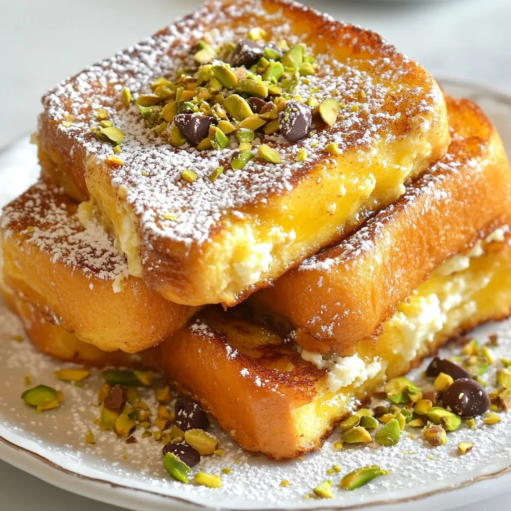 - 4 slices thick-cut Italian bread - 1 cup ricotta cheese - ½ cup powdered sugar - 1 teaspoon pure vanilla extract - ½ teaspoon ground cinnamon - 2 large eggs - ½ cup whole milk - 2 tablespoons unsalted butter - ¼ cup mini chocolate chips - Chopped pistachios (for garnish) To make Cannoli French Toast, you need some special ingredients. The main part is the thick-cut Italian bread. It holds up well and soaks up flavors. You also need ricotta cheese. This creamy cheese makes the filling rich and smooth. Powdered sugar adds sweetness. A touch of vanilla extract gives a nice flavor. For extra flavor, ground cinnamon adds warmth. Eggs and milk help bind everything together. The unsalted butter is key for cooking. It makes the toast golden and adds a rich taste. Mini chocolate chips give a fun surprise in each bite. Lastly, chopped pistachios add a nice crunch on top. Gather these ingredients to get ready for a delightful treat! {{ingredient_image_2}} - In a medium bowl, combine: - 1 cup ricotta cheese - ½ cup powdered sugar - 1 teaspoon pure vanilla extract - ½ teaspoon ground cinnamon - ¼ cup mini chocolate chips Mix these ingredients until they are smooth and creamy. This will be your tasty cannoli filling. The ricotta gives it a rich flavor, while the chocolate chips add a sweet surprise. - Take two slices of the thick-cut Italian bread. - Spread a generous amount of the ricotta mixture between the slices. - Make sure to spread evenly for the best taste. - Repeat this with the remaining bread slices to create more sandwiches. This step is key. The filling should be thick enough to stay in the middle while cooking. - In another bowl, whisk together: - 2 large eggs - ½ cup whole milk This creates the egg mixture for dipping. Whisk until it is blended and frothy. - Preheat a non-stick skillet over medium heat. Add: - 2 tablespoons unsalted butter Let it melt and coat the skillet. - Carefully dip each stuffed sandwich into the egg mixture. Soak for about 30 seconds on each side. - Once soaked, place the sandwiches in the skillet. Cook for about 3-4 minutes on each side. They should turn golden brown. Repeat with the remaining butter and sandwiches until all are cooked. The outside will be crispy while the inside stays creamy. The best heat for cooking French toast is medium. This way, the bread cooks evenly. If the heat is too high, the outside burns while the inside stays raw. I aim for a nice golden color, which takes about 3-4 minutes per side. You want that crispy outside and soft inside. To achieve this perfect color, use a non-stick skillet. Melt butter in the pan, but don’t let it brown. Dip the stuffed bread in the egg mix for about 30 seconds. Don't rush this step; soaking is key. You can make your French toast look great with simple garnishes. Dust it with powdered sugar for a sweet touch. A sprinkle of chopped pistachios adds color and crunch. Pair the French toast with fresh fruit. Berries or bananas make a tasty and colorful side. You could also add a drizzle of chocolate sauce for a fun twist. One big mistake is over-soaking the bread. If you soak too long, it gets soggy. Aim for just the right time. Another mistake is using the wrong bread. Thick-cut Italian bread works best. Avoid thin slices, as they won’t hold the filling well. Stick to the recipe for the best results. Pro Tips Use Day-Old Bread: Day-old bread is perfect for French toast as it absorbs the egg mixture better without falling apart. Customize Your Filling: Feel free to add other mix-ins to the ricotta filling, such as orange zest, or swap mini chocolate chips for dried fruit. Perfect Cooking Temperature: Keep the skillet or griddle at medium heat to ensure the outside cooks evenly while the inside stays creamy. Garnish Wisely: Adding a drizzle of chocolate sauce or a sprinkle of crushed nuts can enhance the flavor and presentation of your dish. {{image_4}} You can easily add fun flavors to your cannoli French toast. Try adding fruit or nuts to the filling. Fresh berries, like strawberries or blueberries, add a burst of flavor. Pecans or walnuts give a nice crunch. You can also use different types of bread. Brioche or challah adds sweetness and a fluffy texture. If you have dietary needs, I have some options for you. For a gluten-free version, use gluten-free bread. Make sure the filling ingredients are also gluten-free. For a vegan twist, swap ricotta for a plant-based cream cheese. Use flax eggs instead of regular eggs. These changes keep the dish tasty and inclusive. You can mix sweet and savory flavors for a fun twist. Try adding crispy bacon or sausage on the side. This gives a nice balance to the sweet filling. You can also introduce spices like nutmeg or cardamom. These spices add warmth and depth to the dish. Experiment with these ideas to find your favorite version! To keep your cannoli French toast fresh, place it in an airtight container. This helps seal in moisture. If you plan to eat it within two days, store it in the fridge. For longer storage, freeze it. Wrap each slice in plastic wrap, then place them in a freezer bag. This prevents freezer burn. To reheat your French toast, use a skillet on low heat. This warms it evenly and keeps it crispy. You can also use an oven. Preheat it to 350°F. Place the slices on a baking sheet and heat for about 10 minutes. This method keeps the texture nice. In the fridge, cannoli French toast lasts about two days. If frozen, it can last up to three months. Just remember to thaw it in the fridge before reheating. Enjoy your tasty treat anytime you want! Cannoli French toast is a sweet twist on the classic dish. It combines the rich flavors of cannoli filling with crispy French toast. You make a filling from ricotta cheese, powdered sugar, and chocolate chips. Then, you spread this filling between slices of thick-cut Italian bread. You dip the stuffed bread in a mixture of eggs and milk, then cook it in a skillet until golden brown. The result is creamy, sweet, and delicious! Yes, you can prepare some parts in advance. You can make the ricotta filling a day ahead and store it in the fridge. This saves time in the morning. You can also assemble the sandwiches the night before. Just keep them in the fridge to stay fresh. When you’re ready to eat, dip them in the egg mixture and cook them. It makes breakfast quick and easy! To make Cannoli French toast healthier, you can try some simple swaps. Use whole grain bread instead of thick-cut Italian bread. This adds fiber and nutrients. You can also reduce the sugar in the filling. Use a sugar substitute or less powdered sugar. If you want to cut calories, use egg whites instead of whole eggs. Lastly, add fresh fruit for extra flavor and vitamins. This keeps the dish tasty while making it a bit healthier! This blog post showed you how to make Cannoli French Toast. We covered ingredients, step-by-step instructions, and handy tips. You now know how to prepare, cook, and serve this tasty dish. Remember to avoid common mistakes like over-soaking the bread. Explore variations to fit your taste. Store leftovers with care to enjoy later. Cannoli French Toast is easy to make and delicious for breakfast or brunch. Enjoy making this dish for friends and family!
