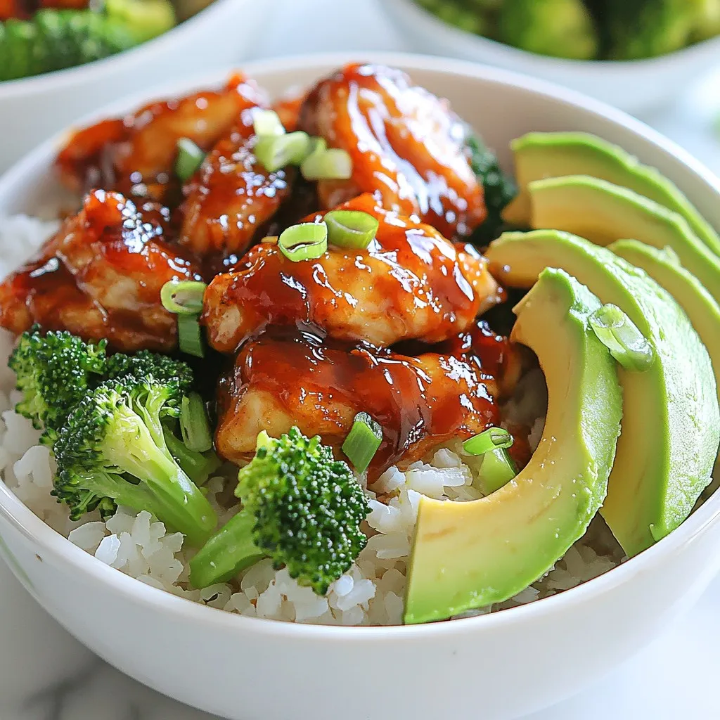 To make Honey BBQ Chicken Rice Bowls, gather these simple ingredients: - 2 cups cooked jasmine rice - 1 lb boneless, skinless chicken thighs, diced into bite-sized pieces - 1/2 cup honey - 1/2 cup your favorite BBQ sauce - 1 tablespoon soy sauce - 1 tablespoon olive oil - 1 teaspoon garlic powder - 1 teaspoon onion powder - 1/2 teaspoon smoked paprika - 1/4 teaspoon black pepper - 1/4 cup green onions, finely chopped (for garnish) - 1 cup broccoli florets, steamed until tender - 1 ripe avocado, sliced (optional for added creaminess) You can easily swap some ingredients if needed: - Chicken thighs can be replaced with chicken breasts for a leaner option. - Use agave syrup instead of honey for a vegan choice. - Any BBQ sauce can work, so choose one that you love. - If you don't have jasmine rice, any rice type will do. - For a crunch, you can add nuts like cashews or peanuts instead of avocado. A serving of Honey BBQ Chicken Rice Bowls provides: - Calories: About 480 - Protein: 30 grams - Carbohydrates: 70 grams - Fat: 12 grams This meal is filling and packed with nutrients. The chicken offers protein, while the rice provides carbs for energy. Add broccoli for fiber and vitamins. If you include avocado, you’ll gain healthy fats too. Enjoy a well-rounded meal! {{ingredient_image_2}} First, you need to make the marinade. In a medium bowl, mix together: - 1/2 cup honey - 1/2 cup BBQ sauce - 1 tablespoon soy sauce - 1 teaspoon garlic powder - 1 teaspoon onion powder - 1/2 teaspoon smoked paprika - 1/4 teaspoon black pepper Whisk until everything blends well. Next, add 1 pound of diced chicken thighs. Stir to coat each piece in the marinade. Cover the bowl and put it in the fridge for at least 30 minutes. If you have time, let it sit longer for better taste. After the chicken has marinated, heat 1 tablespoon of olive oil in a large skillet over medium heat. Once the oil is hot, add the marinated chicken. Make sure to discard any extra marinade. Cook the chicken for about 6 to 8 minutes. Stir it often. The chicken should be fully cooked and golden brown. Once done, take it off the heat and let it rest for a minute. Now, it's time to put everything together. Start by placing 2 cups of warm jasmine rice in each serving bowl. This rice makes a great base. Next, add the caramelized chicken on top of the rice. Then, add 1 cup of steamed broccoli florets for color and health. If you want extra creaminess, slice a ripe avocado and place it on top. Finally, sprinkle some chopped green onions to add a fresh touch before serving. Enjoy your meal! To get juicy chicken, use boneless, skinless thighs. They stay moist during cooking. Dice the chicken into bite-sized pieces for even cooking. This helps it cook faster and keeps it tender. Heat your skillet over medium heat before adding the chicken. This ensures a nice sear. Cook the chicken for about 6-8 minutes, stirring often. Look for a golden-brown color on the outside. This shows it’s cooked and full of flavor. Marinating is key for flavor. Start by mixing honey, BBQ sauce, soy sauce, garlic powder, onion powder, smoked paprika, and black pepper. Whisk these together until smooth. Next, add the chicken pieces to the bowl. Make sure every piece gets coated. Cover the bowl and let it sit in the fridge. For best results, let it marinate for a few hours or overnight. This allows the chicken to soak in all the tasty flavors. Seasonings can take your dish to the next level. Use garlic powder and onion powder for a savory base. Smoked paprika adds a nice, smoky flavor. Black pepper gives it a little kick. You can also experiment with other spices like cumin or chili powder. For a fresh touch, add chopped green onions on top before serving. They add color and a burst of flavor that brightens the dish. These simple tips will make your Honey BBQ Chicken Rice Bowls truly stand out! Pro Tips Marinate for Maximum Flavor: Allowing the chicken to marinate for longer than 30 minutes, ideally several hours or overnight, infuses it with a deeper flavor and tenderness. Use Fresh Ingredients: Fresh garlic and onion can elevate the dish further. Consider using minced garlic and finely chopped onion instead of powders for a more vibrant taste. Customize Your Bowls: Feel free to add other vegetables like bell peppers, corn, or snap peas to your bowls for added texture and nutrition. Perfectly Cooked Chicken: To ensure your chicken stays juicy, avoid overcooking. It should be cooked until the internal temperature reaches 165°F (75°C). {{image_4}} You can switch the chicken for other proteins. Try using diced pork or shrimp. Both cook fast and soak up the BBQ sauce well. For pork, I suggest using tenderloin or shoulder. For shrimp, choose large, raw shrimp for the best taste. Cook the shrimp for just a few minutes until they turn pink. This gives you a quick and tasty meal. If you prefer a vegetarian option, use tofu or tempeh. Both are great at absorbing flavors. Press and cube firm tofu before marinating it like the chicken. Use the same honey BBQ sauce to coat it. If you like tempeh, steam it first to soften. Then slice it and marinate. Both options provide a nice texture and taste. While jasmine rice is great, you can use other grains. Try brown rice for added fiber and nutrients. Quinoa is another option; it’s light and nutty. Cauliflower rice works for a low-carb meal. Just sauté it lightly before adding your toppings. Each grain brings its own flavor and health benefits, making your meal even better. To store any leftover Honey BBQ Chicken Rice Bowls, place them in an airtight container. Make sure to let the bowls cool down first. This helps keep the flavors fresh. You can separate the chicken and rice if you prefer. Store them in the fridge for best results. When you're ready to eat the leftovers, reheating them is simple. You can use a microwave or a skillet. If using a microwave, place the bowl in for about 2-3 minutes. Stir halfway through to heat evenly. For the skillet, heat over medium heat for about 5-7 minutes. Add a splash of water if things seem dry. You can store the leftovers in the fridge for up to 3 days. If you want to keep them longer, consider freezing them. In the freezer, they can last for up to 3 months. Just make sure to thaw them overnight in the fridge before reheating. Enjoy your tasty bowls later! Yes, you can make this recipe in advance. Marinate the chicken and store it in the fridge for up to 24 hours. This lets the flavors soak in well. You can also cook the chicken and keep it in the fridge for a few days. Just reheat it when you are ready to serve. This saves time on busy days. To add spice, try using spicy BBQ sauce. You can also mix in some red pepper flakes or sriracha. For extra heat, chop up fresh jalapeños and add them to the chicken while cooking. Adjust the spice level based on your taste. Experimenting is key to finding the right balance for you. These rice bowls are delicious on their own. However, you can serve them with a fresh salad or roasted veggies. For a fun twist, pair them with tortilla chips and salsa. If you want more protein, add hard-boiled eggs or beans. These sides will make your meal even more satisfying and colorful. This blog post covered how to make Honey BBQ Chicken Rice Bowls. We looked at ingredients, cooking steps, and tips for perfect chicken. I also shared fun variations and how to store leftovers. These bowls are easy to customize, so don’t be afraid to try new things. Whether you want to spice it up or go vegetarian, you can make it work. Enjoy your cooking adventure and make these rice bowls your own!