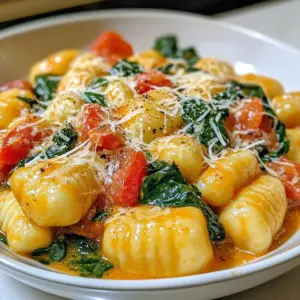 - 1 pound (450g) gnocchi - 2 tablespoons olive oil - 3 cloves garlic, finely minced - 1 (14 oz) can diced tomatoes, including juices - 4 cups fresh spinach, washed and roughly chopped - 1 teaspoon dried basil - 1 teaspoon Italian seasoning blend - Salt and freshly ground pepper to taste These ingredients come together to create a tasty dish. Gnocchi gives a nice texture. The diced tomatoes add flavor and moisture. Fresh spinach brings color and nutrients. - 1/2 cup vegetable broth - 1/2 cup cream cheese (or plant-based alternative such as cashew cream) - 1/2 cup grated Parmesan cheese (optional, for garnish) Adding vegetable broth enhances the taste. Cream cheese makes the sauce creamy and rich. Grated Parmesan gives a nice finishing touch. - Large skillet or sauté pan - Knife and cutting board - Measuring cups and spoons Having the right tools makes cooking easier. A skillet helps cook everything in one pan. A good knife and cutting board let you chop ingredients safely. {{ingredient_image_2}} First, heat 2 tablespoons of olive oil in a large skillet over medium heat. You want the oil to shimmer. Next, add 3 cloves of minced garlic. Sauté the garlic for 1-2 minutes. Stir often until it smells great and turns golden. Be careful not to burn it. Once the garlic is ready, add 1 can of diced tomatoes, including all the juices. Stir this mix and let it simmer gently. After a minute, toss in 1 pound of gnocchi. Then, add 1/2 cup of vegetable broth, 1 teaspoon of dried basil, 1 teaspoon of Italian seasoning, and a pinch of salt and pepper. Stir everything well. Now, turn up the heat slightly to bring the mixture to a gentle boil. Once it boils, reduce the heat to low and cover the pan. Let it cook for 5-7 minutes. Check the gnocchi after 5 minutes. They should be tender and cooked through. When the gnocchi are soft, fold in 4 cups of fresh spinach and 1/2 cup of cream cheese. Stir until the spinach wilts and the cream cheese melts into the dish. Taste your creation and adjust the seasoning with more salt and pepper if needed. Serve warm and enjoy the delicious flavors of your one pan tomato spinach gnocchi! - To get perfect gnocchi, cook them until they float. This shows they are done. - Avoid burnt garlic by stirring often and watching closely. Garlic burns fast! - Serve the gnocchi in shallow bowls for a nice look. - Add a fresh basil leaf and a twist of black pepper on top. - Try adding a pinch of red pepper flakes for a kick. - For protein, mix in cooked chicken or sautéed shrimp for extra flavor. Pro Tips Use Fresh Spinach: Fresh spinach wilts beautifully and retains a vibrant color compared to frozen spinach, enhancing the dish's overall appeal. Customize Your Cheese: Feel free to experiment with different cheeses, such as feta or goat cheese, for a unique flavor profile. Perfect Gnocchi Cooking: Be careful not to overcook the gnocchi; they should float to the top when done, ensuring a light and fluffy texture. Enhance the Flavor: A splash of balsamic vinegar or a sprinkle of red pepper flakes can elevate the dish with a delightful tang or heat. {{image_4}} For a plant-based or vegan option, switch cream cheese with cashew cream. This makes the dish creamy without dairy. You can also skip the Parmesan cheese or use a nut-based alternative. If you need a gluten-free meal, use gluten-free gnocchi. Many brands offer this option now. Always check the label to ensure it fits your dietary needs. Feel free to mix in different vegetables. Zucchini, bell peppers, or mushrooms add great flavor. You can also include frozen peas for added color and nutrition. For cheese, try goat cheese or feta as a tasty swap. These options bring a tangy twist to the dish. You can even use nutritional yeast for a cheesy flavor without dairy. Want more spice? Add red pepper flakes for heat. Start with a pinch and adjust to your taste. For a fresh flavor boost, toss in fresh herbs like basil or parsley. You can also use oregano or thyme for a different taste. These herbs enhance the dish and add a nice aroma. After enjoying your meal, let the gnocchi cool down. Place leftovers in an airtight container. Store it in the fridge. This dish stays fresh for about 3 days. If you want it to last longer, consider freezing. To freeze, transfer the cooled gnocchi to a freezer-safe bag. Remove excess air before sealing. It keeps well for about 2 months. When you’re ready to eat, thaw it in the fridge overnight. Reheat in a skillet over medium heat. Add a splash of water or broth to keep it moist. To revive your dish, reheat it gently. Stir it often to avoid sticking. The texture may change slightly, but it will still taste good. The flavors blend well even after storage, giving you a comforting meal. Enjoy the warmth and taste just like the first time! Yes, you can make this dish ahead of time. Cook the gnocchi and then let it cool. Store it in an airtight container in the fridge. When you are ready to eat, reheat it on low heat. Add a splash of broth if it seems dry. Absolutely! You can add red pepper flakes for heat. Start with a pinch and taste as you go. If you want more spice, add more! You can also use spicy Italian sausage or hot sauce for extra kick. If you lack cream cheese, try a plant-based option like cashew cream. You can also use sour cream or Greek yogurt. These will add creaminess and flavor without changing the dish too much. The gnocchi are done when they float to the surface of the pan. This usually takes about 5-7 minutes. You can also taste one to check if it's tender. It should be soft but still have a slight bite. Yes, frozen spinach works well! Just thaw it and squeeze out excess water. Add it to the pan when you fold in the cream cheese. It will blend nicely into the dish, just like fresh spinach. This blog post covered a delicious gnocchi dish. I shared key ingredients, tools, and step-by-step cooking directions. You learned various tips to enhance flavor and presentation. I also highlighted dietary variations and storage methods. Remember, cooking should be fun. Don't shy away from experimenting with new flavors or ingredients. Enjoy creating your perfect gnocchi dish, and share it with others.