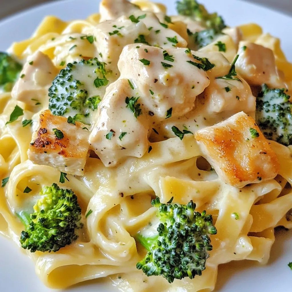 - 8 ounces fettuccine or your preferred pasta - 2 cups broccoli florets - 1 pound boneless, skinless chicken breast, cut into bite-sized cubes - 2 tablespoons extra virgin olive oil - 3 cloves garlic, finely minced - 1 cup heavy cream - 1 cup freshly grated Parmesan cheese - 1 teaspoon Italian seasoning blend - Sea salt and freshly ground black pepper, to taste - Fresh parsley, chopped Using these ingredients, you can create a tasty Chicken and Broccoli Pasta. The pasta and broccoli form a great base. The chicken adds protein and flavor, while the cream and cheese make it rich and creamy. This meal is simple but packs a lot of flavors. You can play around with the ingredients too! {{ingredient_image_2}} Start by boiling water in a large pot. Add a good amount of salt to the water. This helps to flavor the pasta. Once the water boils, add 8 ounces of fettuccine or your favorite pasta. Cook it according to the package instructions until it is al dente. With about 3 minutes left to cook, toss in 2 cups of broccoli florets. This will steam the broccoli just right. Drain both the pasta and broccoli in a colander and set them aside. Next, heat 2 tablespoons of extra virgin olive oil in a spacious skillet over medium heat. Add 1 pound of bite-sized chicken cubes. Season the chicken with sea salt, freshly ground black pepper, and 1 teaspoon of Italian seasoning. Cook the chicken for 6 to 8 minutes. Stir it occasionally until it turns golden brown and is fully cooked. After the chicken is cooked, stir in 3 cloves of finely minced garlic. Cook it for 1 minute until it smells great. Be careful not to burn the garlic; lower the heat if you need to. Then, pour in 1 cup of heavy cream. Bring the cream to a gentle simmer, letting it heat through. Gradually add in 1 cup of freshly grated Parmesan cheese. Stir until it melts and makes a smooth, creamy sauce. If the sauce looks too thick, add a splash of the reserved pasta water. Gently fold the drained pasta and broccoli into the skillet. Use tongs or a large spatula to mix everything well with the sauce. Taste the dish and adjust the seasoning with more salt and pepper if needed. Plate the creamy chicken and broccoli pasta on individual dishes. Make sure to arrange it nicely. For a fresh touch, sprinkle freshly chopped parsley on top. This adds color and flavor, making the dish even more inviting. To make great pasta, cook it until it's al dente. This means it should be firm to the bite but not hard. Overcooked pasta can turn mushy and lose its texture. Follow the package instructions closely. For this recipe, I love using fettuccine. Its wide shape holds the sauce well, making every bite flavorful. To keep the chicken juicy, cut it into small cubes. This helps it cook evenly. Heat the olive oil in a medium skillet before adding the chicken. Season it well with salt, pepper, and Italian seasoning. This adds a lot of flavor. Cook the chicken until it has a nice golden-brown color. This usually takes about 6 to 8 minutes. For a creamy sauce, use heavy cream. If it feels too thick, add a splash of reserved pasta water. This will help thin it out without losing flavor. When adding garlic, be careful not to burn it. Burnt garlic can taste bitter. If it starts to brown too quickly, lower the heat. This way, you can keep the lovely garlic flavor in your dish. Pro Tips Perfect Pasta Timing: To achieve perfectly cooked pasta, always add it to boiling salted water and remember to check for doneness a minute or two before the package instructions say. This ensures a delightful al dente texture. Enhance Flavor with Fresh Herbs: For a pop of freshness, consider adding a handful of fresh basil or thyme to the creamy sauce just before serving. This elevates the dish and adds a beautiful aroma. Customize Your Veggies: Feel free to switch up the broccoli with other vegetables such as spinach, asparagus, or peas. Each will bring a unique flavor and texture to your creamy chicken pasta. Store Leftovers Wisely: If you have leftovers, store them in an airtight container in the fridge. To reheat, add a splash of cream or pasta water to restore the sauce's creaminess. {{image_4}} For those who need gluten-free options, use gluten-free pasta. Many good brands make pasta from rice or corn. They taste great and work well in this dish. If you want a dairy-free version, swap heavy cream with coconut cream or almond milk. Both give a nice flavor. Just be sure to add a bit of nutritional yeast for that cheesy taste. You can add more veggies to your pasta. Try bell peppers, carrots, or snap peas. They add color and crunch. If you want to switch the protein, shrimp or tofu work well too. Shrimp cooks fast and adds a nice touch. Tofu is great for a plant-based meal. Just make sure to press it to remove excess water. To make your dish pop, think about extra herbs and spices. Fresh basil or oregano can add a lovely taste. A pinch of red pepper flakes gives it a nice kick. Adding lemon zest or juice brightens the dish. A little zing can make a big difference. Just squeeze some fresh lemon over the pasta before serving for a fresh finish. To keep your Chicken and Broccoli Pasta fresh, use airtight containers. Glass or plastic containers work well. Make sure to let the dish cool before sealing it. Store the leftovers in the fridge. They can last for 3 to 4 days. For the best texture, reheat your pasta on the stovetop. Use a skillet over medium heat. Add a splash of cream or broth to keep it moist. Stir often until heated through. If you use a microwave, place it in a safe dish. Heat in short bursts, stirring in between. This method can dry out the pasta. To freeze Chicken and Broccoli Pasta, cool it completely first. Then, place it in freezer-safe bags or containers. Remove as much air as possible. Label the bags with the date. When you are ready to eat, defrost in the fridge overnight. Reheat it in a skillet or microwave, adding a bit of cream if needed. This helps keep the texture nice. Chicken and Broccoli Pasta lasts about three to four days in the fridge. Store it in an airtight container. Make sure it cools before putting it away. This helps keep the flavors fresh. Yes, you can use frozen broccoli! It’s a great time-saver. Just add it to the boiling water with the pasta. Frozen broccoli cooks quickly, so watch it closely. It will work just as well as fresh. You can use mozzarella or cheddar cheese. Both melt nicely and add a rich taste. For a sharper flavor, try using Pecorino Romano. Mix and match to find your favorite combination. To add spice, include red pepper flakes or a few dashes of hot sauce. You can also use diced jalapeños for heat. Start with a little and adjust to your taste. Spice can really elevate this dish! Yes, you can make it ahead! Prepare the dish and cool it before storing. Keep it in the fridge for up to four days. Reheat gently on the stove or in the microwave. Add a splash of cream if it seems dry. This blog post covered a delicious chicken and broccoli pasta recipe. We discussed key ingredients like fettuccine, broccoli, chicken, and a cream sauce. I shared cooking steps, tips for perfecting the dish, and how to customize it. You can also store, reheat, and freeze leftovers effectively. In your kitchen, this meal is easy and satisfying. Try it your way—add veggies or spice for flair. Enjoy your cooking journey!