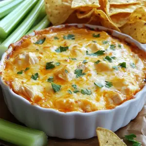 To make Classic Buffalo Chicken Dip, you need these simple items: - 2 cups shredded cooked chicken (rotisserie is best) - 1 (8 oz) package of cream cheese (softened) - 1/2 cup sour cream - 1/2 cup ranch dressing - 1/2 cup buffalo sauce (adjust for spice) - 1 cup shredded sharp cheddar cheese - 1/2 cup blue cheese crumbles (optional) - Fresh celery sticks (for serving) - Tortilla chips (for dipping) You can swap some ingredients if you like: - Use Greek yogurt instead of sour cream for a healthier option. - For a creamier dip, try mascarpone cheese instead of cream cheese. - If you do not like ranch, use blue cheese dressing for a stronger taste. - You can use cooked turkey or even shredded tofu for a lighter choice. I recommend these brands for the best flavor: - For Chicken: Look for a quality rotisserie chicken from your local grocery store. - For Cream Cheese: Philadelphia cream cheese is a classic choice. - For Ranch Dressing: Hidden Valley Ranch dressing adds great flavor. - For Buffalo Sauce: Frank's RedHot is the go-to for authentic buffalo flavor. - For Cheese: Tillamook sharp cheddar cheese melts beautifully. Now you're all set to make this delicious dip! {{ingredient_image_2}} First, gather all your ingredients. You will need: - 2 cups shredded cooked chicken - 1 (8 oz) package of cream cheese - 1/2 cup sour cream - 1/2 cup ranch dressing - 1/2 cup buffalo sauce - 1 cup shredded sharp cheddar cheese - 1/2 cup blue cheese crumbles (optional) - Fresh celery sticks and tortilla chips for serving Start by preheating your oven to 350°F (175°C). This step is key for even cooking. Next, take a large mixing bowl. Add the softened cream cheese, sour cream, ranch dressing, and buffalo sauce. Use a hand mixer or a spatula to mix until smooth. This mixture should be creamy and well-combined. Now, gently fold in the shredded chicken. Add 3/4 cup of the cheddar cheese too. If you like blue cheese, gently fold that in as well. Mixing should be light to keep the texture fluffy. Once your mixture is ready, transfer it to a baking dish. An 8x8 inch dish works well. Spread the dip evenly in the dish. This helps it cook nicely. Now, sprinkle the remaining cheddar cheese on top. This will create that golden crust we love. Place your dish in the preheated oven. Bake for 20 to 25 minutes. You will know it's done when the dip is bubbling, and the cheese on top turns golden brown. Keep an eye on it to avoid overcooking. After baking, carefully remove the dish from the oven. Let it cool for a few minutes. This cooling time helps the flavors settle and makes it easier to scoop. For serving, you can use fresh celery sticks and an assortment of tortilla chips. To make it extra special, drizzle some buffalo sauce on top. This adds a nice touch and a pop of color. Arrange the tortilla chips around the dish for an inviting display. Now, you’re ready to enjoy this classic Buffalo chicken dip! - Not using enough chicken: Always use two cups of chicken. This adds bulk and flavor. - Skipping the cream cheese: Cream cheese gives the dip its rich, creamy texture. Don't skip it. - Not mixing well: Make sure to blend all the ingredients well. This ensures every bite is tasty. - Adjust the buffalo sauce: If you like spice, add more buffalo sauce. For less heat, use less. - Try different cheeses: Swap out cheddar for Monterey Jack or pepper jack. This gives a new twist. - Add fresh herbs: Chopped green onions or cilantro can brighten the flavor. Just sprinkle on top before serving. - Serve with plenty of chips: Tortilla chips are perfect for scooping. You can also use pita chips. - Add crunchy veggies: Celery sticks and carrots add a nice crunch. They also balance the creamy dip. - Garnish for flair: Drizzle extra buffalo sauce on top. It makes the dip look great and adds more flavor. Pro Tips Use Rotisserie Chicken: Opting for rotisserie chicken not only saves time but also adds a depth of flavor that's hard to beat in this dip. Adjust Spice Level: Feel free to adjust the amount of buffalo sauce according to your spice preference; start with less and add more if you like it hotter. Let it Rest: Allow the dip to cool for a few minutes after baking; this will help the flavors meld together and make it easier to scoop. Garnish for Presentation: A drizzle of buffalo sauce and extra celery sticks as garnish not only enhance the visual appeal but also add freshness to the dish. {{image_4}} You can make this dip healthier with simple swaps. Use Greek yogurt instead of sour cream. It adds creaminess and protein. For the cheese, try reduced-fat versions. You still get great taste with fewer calories. You can also use baked tortilla chips or fresh veggies for dipping. Want more kick? Add extra buffalo sauce. For a milder taste, use less sauce. Try adding minced garlic for extra flavor. You can create a vegetarian version by using beans or lentils instead of chicken. This change keeps the dish hearty and satisfying. If you dislike cream cheese, there are great options. Neufchâtel cheese is a good choice; it has a similar taste but less fat. You can also use dairy-free cream cheese if you're vegan. Silken tofu blended until smooth works too. This keeps the dip creamy and delicious. Store any leftover Buffalo Chicken Dip in an airtight container. This keeps it fresh. Place it in the fridge. It will stay good for up to four days. Make sure to cool it down first before sealing. To reheat, scoop the dip into an oven-safe dish. Preheat your oven to 350°F (175°C). Bake for about 15 minutes. Check that it's warm all the way through. You can also use a microwave. Heat in 30-second bursts, stirring in between. This helps avoid hot spots. If you want to freeze the dip, use a freezer-safe container. Make sure to leave some space at the top. The dip will expand as it freezes. It will last for up to three months in the freezer. To thaw, move it to the fridge overnight. Reheat as described above. You can serve Buffalo Chicken Dip with many tasty sides. Here are some great options: - Fresh celery sticks - Crunchy tortilla chips - Carrot sticks - Pita chips - Crackers These choices add a nice crunch and balance the creamy dip. The fresh veggies also help cut through the rich flavors. Yes, you can make Buffalo Chicken Dip ahead. Prepare it up to the baking step. Then, store it in the fridge for up to two days. When you're ready, bake it as directed. This makes it easy for parties or game days. To make Buffalo Chicken Dip less spicy, simply reduce the amount of buffalo sauce. Start with 1/4 cup instead of 1/2 cup. You can also add more sour cream or cream cheese. This will make it creamier and milder. Adjust to your taste! This guide covered everything you need to know about Buffalo Chicken Dip. We explored the ingredients you can use, how to prepare and bake, and tips for perfect flavor. You learned about variations for health and taste, plus how to store leftovers. Buffalo Chicken Dip is fun and easy to make. With these steps, you can impress your friends and family at any gathering. Now, it’s time to grab your ingredients and start crafting this delicious dip! Enjoy every bite!