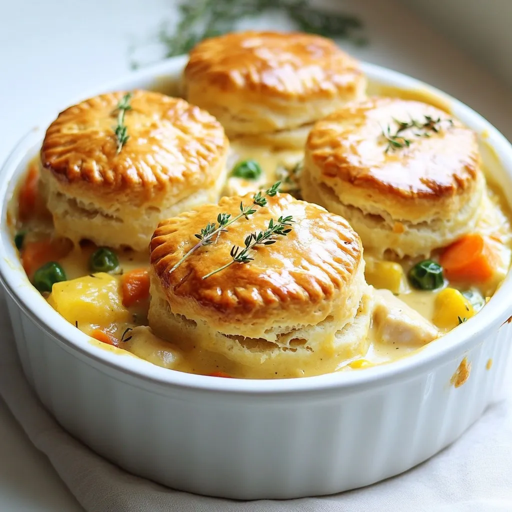 - 1 lb chicken breast, diced into bite-sized cubes - 1 cup frozen mixed vegetables (such as peas, carrots, and corn) - 1 medium onion, finely diced - 2 cloves garlic, minced These main ingredients form the heart of your pot pie. Chicken breast gives a tender bite. Frozen mixed vegetables add color and nutrition. Onion and garlic provide great flavor, making everything taste better. - 1 ½ cups all-purpose flour - 2 tablespoons baking powder - ¾ cup sharp cheddar cheese, shredded - ½ cup unsalted butter, cold and cut into small cubes - 1 cup milk The biscuit topping is what makes this dish special. All-purpose flour and baking powder create a fluffy texture. Sharp cheddar cheese adds a rich, savory flavor. Cold butter keeps the biscuits light and flaky. Milk helps bind the dough together. - 1 cup chicken broth - 1 cup heavy cream - 1 tablespoon olive oil - 1 teaspoon dried thyme - 1 teaspoon salt - ½ teaspoon freshly cracked black pepper Seasonings bring your pot pie to life. Chicken broth and heavy cream create a creamy filling. Olive oil adds richness and helps cook the chicken. Thyme, salt, and pepper enhance all the flavors. These ingredients work together for a comforting dish you’ll love. {{ingredient_image_2}} First, heat olive oil in a large skillet over medium heat. Once the oil is hot, add the diced chicken breast. Sauté the chicken for about 5-7 minutes. You want it browned and fully cooked. This browning brings out the flavor. After cooking, transfer the chicken to a plate. Leave any drippings in the skillet for extra taste. Next, in the same skillet, add finely diced onion and minced garlic. Sauté these for 2-3 minutes. You want the onion to turn soft and fragrant. This step builds a strong flavor base for your filling. Then, stir in the frozen mixed vegetables. Add the cooked chicken back to the skillet. Pour in chicken broth and heavy cream. Add dried thyme, salt, and black pepper. Mix gently and bring it to a simmer. Cook for about 5 minutes until the mixture thickens a bit. Once done, remove it from heat. Now let’s make the biscuit dough. In a large bowl, mix all-purpose flour, baking powder, and a pinch of salt. Next, add cold, diced butter. Use a pastry cutter or your fingers. You want to cut the butter into the flour until it looks like coarse crumbs. After that, fold in the shredded sharp cheddar cheese. Make sure it’s evenly mixed. Before assembling, preheat your oven to 350°F (175°C). Grease a 9-inch pie dish with butter or cooking spray. Pour the chicken and vegetable filling into the dish, spreading it evenly. Using a spoon, drop generous dollops of the biscuit dough over the filling. Ensure there are some gaps for steam to escape. Now, it’s time to bake! Place the pie in the oven and bake for 30-35 minutes. Keep an eye on it. You want the biscuit topping to be puffed and golden brown. A toothpick should come out clean when poked into the biscuit layers. To get a fluffy biscuit topping, start with cold butter. Cold butter helps create air pockets. These pockets make the biscuits rise well. Cut the butter into the flour until you see coarse crumbs. This step is key for a light texture. Avoid overmixing the dough. When you add milk, mix just until it comes together. If you stir too much, your biscuits can turn tough. A slightly sticky dough is perfect for this dish. Adding herbs can make your pot pie shine. Consider using fresh rosemary or parsley for a pop of flavor. You can also sprinkle in some garlic powder or paprika. These spices will give your dish a unique twist. For great sides, I suggest serving a fresh green salad. The crispness of the salad balances the warm pot pie. You might also pair it with a light soup for a full meal. To ensure even cooking, spread the filling evenly. This helps all parts cook at the same time. Use a spoon to dollop the biscuit dough over the filling. Leave some gaps for steam to escape. This will help the biscuits cook perfectly. For the filling to thicken properly, let it simmer. After adding the broth and cream, cook it for about five minutes. This step helps meld the flavors and create a rich sauce. Pro Tips Use Fresh Herbs: Fresh thyme can elevate the flavor of your pot pie; consider adding some fresh herbs alongside the dried thyme for a burst of freshness. Chill the Butter: Make sure your butter is very cold when making the biscuit dough for extra flaky layers. You can even freeze it for a few minutes before using. Texture Variation: For added texture, consider mixing in some crushed crackers or breadcrumbs into the biscuit dough before baking. Check for Doneness: Ensure the biscuit topping is fully cooked by checking that it has risen and turned golden brown, as this ensures a deliciously flaky crust. {{image_4}} You can change the protein in this pot pie. Turkey or beef works well. Just cook them as you do with chicken. You can also swap out the frozen mixed vegetables. Fresh veggies like green beans, corn, or bell peppers add bright colors and taste. If you need gluten-free options, use a gluten-free flour blend for the biscuits. Many blends work well in baking. For dairy-free options, you can use almond milk or coconut cream. Replace the cheese with a non-dairy option, too. Want to try something new? Different cheese varieties add fun flavors. Try gouda or pepper jack for a kick. You can also add spices like paprika or rosemary for a twist. Just a pinch can change the whole dish. Store any leftover Cheddar Biscuit Chicken Pot Pie in an airtight container. This keeps it fresh and tasty. Place it in the fridge within two hours of cooking. It will stay good for about three to four days. To freeze the pot pie, let it cool completely first. Wrap it tightly in plastic wrap and then in foil. This helps prevent freezer burn. You can freeze it for up to three months. When you want to reheat, thaw it in the fridge overnight. To heat it, preheat your oven to 350°F (175°C). Remove the foil and plastic wrap. Bake for about 30-40 minutes until it’s hot throughout. You can cover it with foil if the biscuit topping gets too brown. Get creative with leftover filling! You can use it as a savory filling for tacos or wraps. Try adding it to a salad for a hearty meal. For reheated servings, pair it with a fresh green salad or some roasted vegetables. A light vinaigrette can add a nice touch too. Enjoy your delicious leftovers! You can tell when the pot pie is done by looking at the biscuit topping. It should be puffed and golden brown. To check, insert a toothpick into the biscuit layers. If it comes out clean, your pot pie is ready to serve. Yes, you can prepare this recipe ahead of time. Cook the filling and store it in the fridge. You can also make the biscuit dough. Just cover both well. When you’re ready to bake, layer the filling and dough in the pie dish and bake as directed. This dish pairs well with a fresh green salad. You can also serve it with steamed vegetables or mashed potatoes. A light vinaigrette on the salad adds a nice touch. Enjoy your meal with a glass of sparkling water or iced tea for a refreshing drink! This blog post covered every step to make a delicious Cheddar Biscuit Chicken Pot Pie. You learned about essential ingredients like chicken, cheese, and seasonings. I shared techniques for cooking and assembling the pot pie, along with tips for perfecting the biscuit texture. Variations allow you to customize the dish with different proteins and dietary needs. Now, you have the tools to create a tasty meal any night. Embrace your creativity in the kitchen and enjoy every bite.
