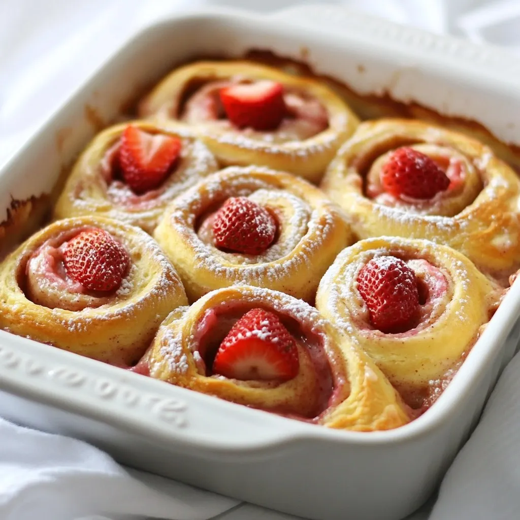 - 2 cans (8 oz each) refrigerated cinnamon rolls - 1 cup fresh strawberries, hulled and quartered - 1/2 cup cream cheese, softened to room temperature The main components of this treat are key. The refrigerated cinnamon rolls make this recipe quick. Fresh strawberries add a bright flavor. The cream cheese mixture brings a creamy texture that makes everything better. - 1/4 cup granulated sugar - 1 teaspoon pure vanilla extract - 1/2 teaspoon ground cinnamon Sweetening the bake is important. Granulated sugar adds just the right amount of sweetness. Pure vanilla extract gives a rich flavor that complements the strawberries. Ground cinnamon adds warmth and spice, enhancing the whole dish. - 1/4 cup milk (whole or 2%) - 1/2 teaspoon lemon juice - Powdered sugar for dusting (optional) Milk helps the cream cheese mix smoothly. Lemon juice adds a fresh zing, balancing the sweetness. If you want a sweet finish, use powdered sugar for dusting. This extra touch makes your bake look fancy and tastes great too. {{ingredient_image_2}} 1. First, preheat your oven to 375°F (190°C). This helps the bake cook evenly. 2. Next, grease a 9x13 inch baking dish. Use butter or cooking spray to coat it well. This step makes it easy to remove the bake later. 3. In a medium bowl, add 1/2 cup of softened cream cheese, 1/4 cup of granulated sugar, 1 teaspoon of pure vanilla extract, and 1/4 cup of milk. 4. Mix these ingredients with a whisk until smooth. Set this cream cheese mixture aside for later use. 1. Open the two cans of refrigerated cinnamon rolls. Cut each roll into quarters using a sharp knife or kitchen scissors. 2. In your greased baking dish, layer half of the cinnamon roll pieces evenly across the bottom. This forms a solid base. 3. Scatter 1 cup of hulled and quartered fresh strawberries over the first layer. Make sure to cover most of the cinnamon roll pieces. 4. Drizzle your prepared cream cheese mixture over the strawberries and cinnamon rolls. Use a spatula to spread it evenly for great flavor. 5. Add the remaining quartered cinnamon roll pieces on top. Press down gently to mix them with the cream cheese and strawberries. 6. Finally, sprinkle 1/2 teaspoon of ground cinnamon generously over the top. This adds a warm spice to the bake. 1. Place the baking dish in the preheated oven and set a timer for 25-30 minutes. 2. Keep an eye on your bake. It is ready when the cinnamon rolls turn golden brown and are cooked through. 3. Once done, take the dish out of the oven and let it cool for 5-10 minutes. This cooling time helps the flavors settle. 4. Drizzle the icing from the cinnamon roll package over the top for extra sweetness. 5. For a refreshing touch, sprinkle a little lemon juice over the icing. 6. If you like, dust the top lightly with powdered sugar before serving. This gives a lovely presentation. To get the best results, control the oven temperature. Preheat to 375°F (190°C) for even baking. A hot oven helps the rolls rise and cook well. Check for doneness by looking for a golden brown color on top. You can also use a toothpick to test the center. If it comes out clean, your bake is ready! Adding spices can boost taste. Consider mixing in nutmeg or ginger for a twist. For toppings, fresh whipped cream or a scoop of vanilla ice cream works great. You may also drizzle chocolate sauce for a sweet touch. These additions can elevate your dish and make it even more special. When it’s time to serve, present the bake warm. Serve it straight from the dish for a cozy feel. Garnish with fresh strawberry slices on top for color. Pair it with a side of yogurt or fresh fruit salad for balance. These sides complement the rich flavors and make a delightful meal. Pro Tips Use Fresh Strawberries: For the best flavor, opt for fresh, ripe strawberries. This will enhance the overall taste and sweetness of your dish. Mix Cream Cheese Thoroughly: Ensure your cream cheese mixture is completely smooth to avoid any lumps. This will create a creamier texture in the bake. Adjust Baking Time: Every oven is different, so keep an eye on your bake. If the top is browning too quickly, cover it loosely with aluminum foil to prevent burning. Serve Warm: For the best experience, serve this dish warm. It brings out the gooey texture of the cinnamon rolls and the vibrant flavor of the strawberries. {{image_4}} You can switch out strawberries for other berries or fruits. Blueberries, raspberries, or even sliced bananas work well. Each fruit gives a unique flavor. You can also use seasonal fruits like peaches in summer or apples in fall. This keeps your bake fresh and exciting. Adding nuts or chocolate can take your bake to the next level. Chopped walnuts or pecans give a nice crunch. If you love chocolate, sprinkle some chips over the fruit layer. You can also use different extracts. Almond or coconut extract can add a new twist. For those who need gluten-free options, look for gluten-free cinnamon rolls. They can easily replace the regular ones. If you want a vegan version, use a dairy-free cream cheese and plant-based milk. These swaps ensure everyone can enjoy this tasty treat. To keep your Strawberry Cinnamon Roll Bake fresh, store any leftovers in the fridge. Place the bake in an airtight container. If you don’t have one, cover it tightly with plastic wrap or aluminum foil. This prevents drying out and keeps flavors intact. You can freeze the bake for longer storage. First, let it cool completely. Then, cut it into slices. Wrap each slice in plastic wrap, then place them in a freezer bag. Remove as much air as possible before sealing. This will help keep them fresh. When you're ready to eat, thaw in the fridge overnight. Reheat the slices in the oven at 350°F (175°C) for about 10-15 minutes. This warms them up nicely. In the fridge, the bake lasts about 3-5 days. In the freezer, it stays good for up to 2-3 months. Make sure to check for any signs of freezer burn if you keep it long. Enjoy your tasty treat even after some time! You can use several options if you need a cream cheese substitute. For dairy-free alternatives, try using vegan cream cheese. It has a similar texture and taste. Another option is to use silken tofu. Blend it until smooth for a creamy result. If you prefer yogurt, plain Greek yogurt works well. It adds a tangy flavor while keeping it creamy. You can also use dairy-free yogurt for a non-dairy choice. Both options will keep your bake tasty and rich. Yes! You can prepare this bake the night before. Just follow these tips: - Overnight Preparation: Assemble the dish as directed. Cover it tightly with plastic wrap and place it in the fridge. This will let the flavors blend overnight. - Reheating Advice: When you're ready to bake, remove the dish from the fridge. Let it sit for about 15 minutes at room temperature. Preheat your oven and bake as usual. This helps it cook evenly. To check if your bake is ready, look for visual indicators. The top should be golden brown, and the cinnamon rolls should puff up nicely. You can also use a toothpick test. Insert a toothpick in the center of the bake. If it comes out clean or with a few crumbs, it’s done. If it has wet batter, bake for a few more minutes and check again. This blog post covered a delicious cinnamon roll bake with strawberries. You learned about key ingredients, preparation steps, and baking tips. We explored fun variations, storage options, and answered common questions. In the end, this dish brings joy and warmth to any meal. Remember, with a few simple tweaks, you can customize it to your taste. Enjoy your baking journey and make it your own!