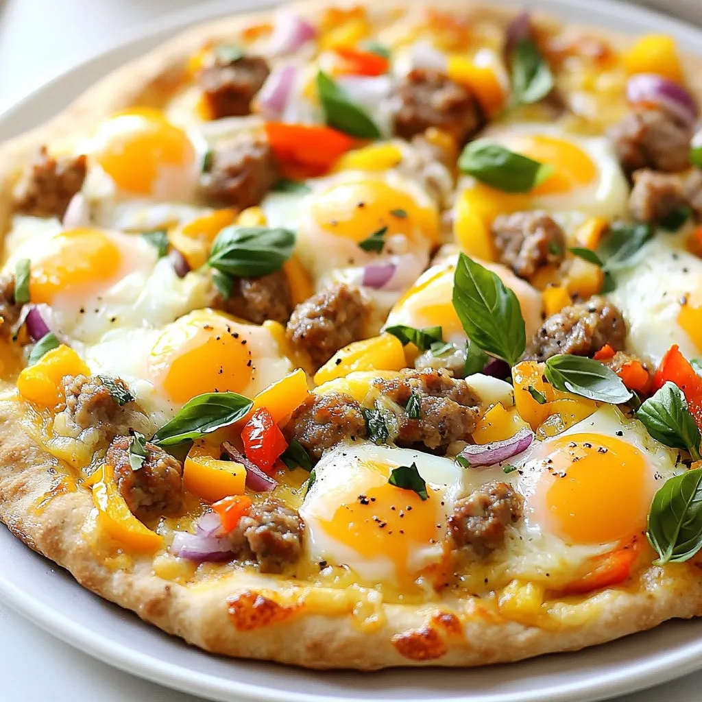 - 1 whole wheat pizza crust - 1 cup low-fat mozzarella cheese, shredded - 4 large eggs - 1 cup turkey sausage, crumbled and fully cooked - 1/2 cup assorted bell peppers, diced - 1/4 cup red onion, finely chopped - 1 tablespoon olive oil - 1 teaspoon garlic powder - 1/2 teaspoon smoked paprika - Salt and pepper, to taste - Fresh basil leaves, for garnish - Whole wheat pizza crust: It has more fiber than white crust. Fiber helps digestion and keeps you full. - Low-fat mozzarella cheese: This cheese has less fat but still gives great flavor. It provides calcium, which is good for bones. - Eggs: Eggs are packed with protein and vitamins. They help build muscle and keep your energy up. - Turkey sausage: This sausage has less fat than pork sausage. It gives you protein without the extra calories. - Bell peppers: They are full of vitamins A and C. These vitamins help your skin and immune system. - Red onion: Red onions have antioxidants. They can help reduce inflammation in the body. - Olive oil: This oil is heart-healthy. It has good fats that help lower bad cholesterol. - Garlic powder: Garlic helps boost your immune system. It also adds flavor without extra calories. - Smoked paprika: This spice adds a smoky taste. It contains antioxidants that can help overall health. - Salt and pepper: These spices enhance the taste of your dish. Use them to make your pizza flavorful. - Fresh basil leaves: Basil adds a fresh touch. It has anti-inflammatory properties and tastes great. - Calories: 290 - Protein: 20g - Fat: 12g - Carbohydrates: 30g - Fiber: 4g - Sugar: 2g - Sodium: 450mg This breakfast pizza is a smart choice. It combines flavor and nutrition in every bite. Enjoy your protein sausage and egg breakfast pizza! {{ingredient_image_2}} To make your Protein Sausage and Egg Breakfast Pizza, gather your ingredients first. You will need a whole wheat pizza crust, low-fat mozzarella cheese, eggs, turkey sausage, bell peppers, red onion, olive oil, and seasonings. This pizza comes together quickly, so have everything prepped and ready. 1. Preheat the oven: Start by setting your oven to 425°F (220°C). This step is key for a crispy crust. 2. Roll out the crust: On a floured surface, roll the whole wheat pizza crust. Make it even and fit it onto your pizza stone or baking sheet. 3. Sauté the veggies: Heat olive oil in a skillet over medium heat. Add diced bell peppers and red onion. Cook for 3-4 minutes until they soften. Stir often to avoid burning. 4. Season the veggies: Sprinkle garlic powder, smoked paprika, salt, and pepper over the veggies. Stir to mix well, then set the skillet aside. 5. Add turkey sausage: Spread the crumbled turkey sausage evenly over the pizza crust. This will give your pizza a tasty base. 6. Layer the veggies: Add the sautéed vegetable mix atop the sausage. Spread it out so each slice has some veggies. 7. Prepare the eggs: Crack the eggs into a bowl and whisk until smooth. Make small wells in the topping with a spoon. Pour eggs gently into each well. 8. Add cheese: Sprinkle shredded mozzarella cheese all over the pizza. This will create a delicious, melty layer when baked. 9. Bake the pizza: Place the pizza in the preheated oven and bake for 12-15 minutes. The cheese should be bubbly and golden, and the eggs should be set. 10. Cool and garnish: After baking, take the pizza out of the oven. Let it cool for a minute. Before serving, add fresh basil leaves for extra flavor. - Make sure to preheat your oven fully. This helps the crust become crisp. - When sautéing, do not overcook the veggies. They should be soft but still colorful. - Use a non-stick baking sheet if you don’t have a pizza stone. This helps with easy removal. - Customize the toppings to your taste. Different veggies or proteins can give new flavors. - Letting the pizza cool for a minute makes slicing easier and prevents burns. To make the best breakfast pizza, use a hot oven. Preheat it to 425°F (220°C). This helps the crust get crispy and the cheese melt perfectly. You can bake your pizza on a pizza stone or a baking sheet. Both work well. For an extra crisp crust, consider using a pizza stone. It holds heat better and cooks the base evenly. One common mistake is overloading your pizza with toppings. While it’s tempting, too many toppings can make it soggy. Stick to a balance. Also, do not skip the step of pre-cooking your veggies. Sautéing them first brings out their flavors and helps them cook through. Lastly, remember to let the pizza cool for a minute before slicing. This small step helps keep the toppings intact. Having the right tools can make cooking easier. Here’s what I suggest: - Pizza stone or baking sheet - Rolling pin for stretching the dough - Medium-sized skillet for sautéing - Whisk for mixing the eggs - Spatula for spreading toppings These tools will help you create your breakfast pizza with ease and style. Pro Tips Use Fresh Ingredients: Using fresh vegetables and high-quality turkey sausage will enhance the flavor and nutritional value of your breakfast pizza. Customize Your Toppings: Feel free to mix and match toppings based on your preferences. Spinach, mushrooms, or even avocado can be great additions! Check Egg Doneness: To ensure the eggs are perfectly cooked, keep an eye on the pizza toward the end of baking. The eggs should be set but still slightly soft. Let It Cool: Allow the pizza to cool for a minute after baking. This helps the cheese set and makes for easier slicing. {{image_4}} You can switch turkey sausage for other proteins. Try chicken sausage for a lighter taste. If you want something plant-based, use crumbled tofu. Lentils can also add protein and flavor. Each choice gives a new twist to the pizza. Feel free to change the veggies on your pizza. Zucchini or spinach can work well. You can also add mushrooms for extra texture. Broccoli adds a nice crunch too. Use what you love or what you have in your fridge. While whole wheat crust is great, you can try other kinds. A cauliflower crust is a low-carb choice. You can even use a flatbread for a quick option. If you like a little crunch, go for a traditional pizza dough. Each crust adds its own flavor and texture. Once your pizza cools, slice it into pieces. Place the slices in an airtight container. You can keep them in the fridge for up to three days. Make sure to label the container, so you know when you made it. To reheat, preheat your oven to 350°F (175°C). Place your pizza slices on a baking sheet. Bake for about 10-12 minutes, or until they are warm and the cheese is melty again. You can also use a microwave, but the oven gives you a crispier crust. If you want to freeze your pizza, wrap each slice tightly in plastic wrap. Then, place the wrapped slices in a freezer bag. Make sure to press out any air. You can freeze them for up to three months. When you're ready to eat, thaw in the fridge overnight and reheat. Yes, you can make this pizza ahead of time. Prepare the pizza and cook it, but don't add the eggs yet. Let it cool, then cover it and store it in the fridge. Add the eggs and bake it when you are ready to eat. This keeps the eggs from overcooking. If you want to swap turkey sausage, try lean chicken sausage or plant-based sausage. These options still give great flavor. You can also use crumbled bacon or ham for a different taste. Each choice adds its unique twist. Yes, you can use a gluten-free pizza crust. Many stores sell gluten-free crusts made from rice or almond flour. You can even make your own by mixing gluten-free flour with water and oil. Just ensure it fits your toppings well. Cooking times can vary by oven type. If your oven runs hot, check the pizza a few minutes early. For ovens that run cool, you may need to bake it a bit longer. The cheese should be bubbling, and the eggs set. Keep an eye on your pizza to avoid overcooking. This blog post covered how to make a delicious breakfast pizza. We talked about key ingredients, their health benefits, and what nutrients they bring. You learned step-by-step instructions and tips for making it just right. I shared cooking methods, common mistakes, and important tools to use. We also discussed tasty variations and how to store your leftovers. In summary, you can customize this dish to fit your needs. Enjoy creating your perfect breakfast pizza!