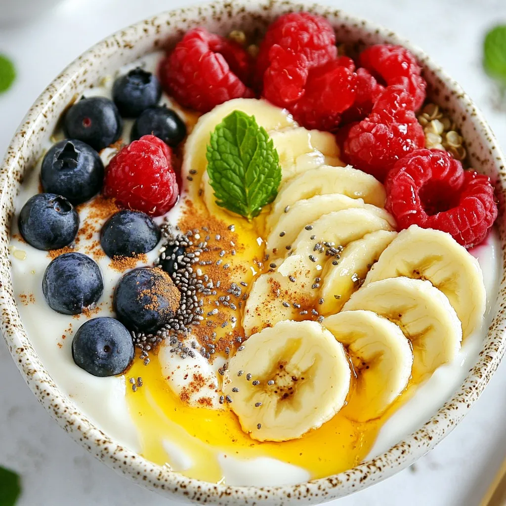 - 1 cup cooked quinoa - 1/2 cup plain Greek yogurt - 1/2 cup mixed berries - 1 ripe banana - 2 tablespoons almond butter - 1 tablespoon chia seeds - 1 tablespoon honey or maple syrup - A pinch of ground cinnamon - Fresh mint leaves for garnish This breakfast bowl starts with cooked quinoa. Quinoa is a great source of protein. It fills you up and keeps you going. I like to cook the quinoa ahead of time. This makes mornings easier. Next, we add Greek yogurt. It adds creaminess and more protein. Greek yogurt is thick and tangy. It balances the sweetness of the fruit. Mixed berries bring a burst of flavor. I use blueberries, strawberries, and raspberries. They are colorful and sweet. You can use fresh or frozen berries. Both work well in this bowl. A ripe banana adds natural sweetness. Sliced banana creates a nice texture. It pairs well with the yogurt and berries. Almond butter gives richness. It adds healthy fats and protein. You can swap it for peanut butter if you prefer. Chia seeds are small but mighty. They add crunch and fiber. They also help to thicken the bowl. For sweetness, use honey or maple syrup. Both options work great. Just drizzle it on top to finish. A pinch of ground cinnamon adds warmth. It enhances the flavors in this bowl. Finally, fresh mint leaves make the dish pop. They add a nice color and aroma. These ingredients mix together for a tasty breakfast. They give you energy for your busy day. {{ingredient_image_2}} To cook quinoa perfectly, start by rinsing 1 cup of quinoa under cold water. This removes any bitter taste. Then, combine the quinoa with 2 cups of water in a pot. Bring it to a boil, then cover and reduce to a simmer. Cook for about 15 minutes, or until the quinoa absorbs all the water. Fluff the quinoa with a fork and let it cool to room temperature. Cooling quinoa is key for your breakfast bowl. If you skip this step, the warm quinoa can melt the yogurt. Once cooled, it’s ready to layer in your bowl. Begin by layering the cooled quinoa as the base in a serving bowl. Spread it evenly across the bottom. This creates a hearty foundation for your meal. Next, gently spoon 1/2 cup of plain Greek yogurt over the quinoa. Spread it evenly to ensure a balanced flavor in every bite. Now, it’s time to add color and taste. Arrange 1/2 cup of mixed berries and 1 ripe banana, sliced, on top of the yogurt. This not only makes it look beautiful but also adds fresh flavors. Next, drizzle 2 tablespoons of almond butter over the fruit. This adds creaminess and a rich taste. For sweetness, drizzle 1 tablespoon of honey or maple syrup over the bowl. This step makes every bite delightful. Sprinkle 1 tablespoon of chia seeds on top for added crunch and nutrition. Finally, dust a pinch of ground cinnamon over the bowl. This elevates the flavor with warmth and spice. For a finishing touch, garnish with fresh mint leaves. This adds a pop of color and freshness. Enjoy your beautiful and tasty Protein Power Breakfast Bowl! To get the best from your breakfast bowl, focus on layering. Start with a solid base of quinoa. Spread it evenly across the bowl. Next, add Greek yogurt. This gives a creamy texture. Make sure to cover the quinoa well. Then comes the fun part—adding fruits. Use seasonal fruits for the best taste. Fresh berries add color and flavor. You can also use ripe banana slices. They bring sweetness and a nice bite. Serving in a deep, wide bowl makes a big difference. It shows off the layers nicely. You can make it even prettier by adding a swirl of honey over the yogurt. This adds a touch of shine. For garnishing, fresh mint leaves work wonders. They give a pop of color and a fresh smell. You can also sprinkle a few extra chia seeds on top. Not only do they add crunch, but they also look great! Pro Tips Use Cold Quinoa: Allow your quinoa to cool completely in the fridge before assembling the bowl. This keeps the yogurt from melting and ensures a refreshing breakfast. Berry Selection: Choose seasonal berries for the best flavor. If you can, opt for organic berries to enhance the freshness and reduce pesticide exposure. Nut Butter Variations: Experiment with different nut butters like peanut or cashew for a unique flavor twist, or try sunflower seed butter for a nut-free option. Make It Ahead: Prepare the quinoa and yogurt the night before. Just layer the other ingredients in the morning for a quick and nutritious breakfast. {{image_4}} You can easily adapt this recipe to fit different diets. For a vegan version, swap the Greek yogurt with coconut yogurt or almond yogurt. These options provide a creamy texture and delicious flavor without any dairy. Instead of honey, you can use maple syrup for sweetness. If you need a gluten-free option, this recipe is already perfect! Quinoa is naturally gluten-free. Just make sure any toppings, like granola, are also gluten-free. This way, everyone can enjoy this tasty breakfast bowl. Don't be afraid to get creative with flavors! Try different nut butters, like peanut or cashew butter, to change the taste. Each nut butter adds its unique twist to your breakfast. You can also add fun toppings! Granola adds crunch and texture, while coconut flakes bring a tropical vibe. Mix and match these toppings to find your favorite combination. The more you experiment, the more fun your breakfast will be! To keep your Protein Power Breakfast Bowl fresh, store it in the fridge. Use airtight containers. This will prevent air from getting in and drying it out. If you have leftover quinoa, store it separately. Quinoa can last up to five days in the fridge. However, the fruit and yogurt should be eaten within two days for best taste. - Best Practices: - Store in airtight containers. - Keep fruit separate from yogurt and quinoa. - Recommended Storage Containers: - Glass containers with lids work well. - Plastic containers with tight seals are also good. Meal prepping makes busy mornings easier. Start by cooking a larger batch of quinoa. This can last throughout the week. You can then portion it into containers. - Preparing Ingredients in Advance: - Cook and cool quinoa ahead of time. - Wash and slice fruits and store them in the fridge. - Assembling Bowls for Quick Breakfasts: - Grab a container of quinoa. - Add yogurt, fruit, and toppings right before serving. With these tips, your Protein Power Breakfast Bowl can be ready in minutes. Enjoy a healthy start to your day! Can I use frozen berries instead of fresh? Yes, you can use frozen berries. They work well in this recipe. They will soften when you mix them in. Just let them sit a bit to thaw. This makes them easier to blend with the yogurt and other ingredients. How to adjust the recipe for multiple servings? To make more bowls, just multiply each ingredient by the number of servings. For example, if you want to make three bowls, use three cups of quinoa, one and a half cups of yogurt, and so on. This keeps the flavors balanced and the layers nice. Caloric content and macronutrient breakdown One serving of this bowl has about 450 calories. It has around 20 grams of protein, 15 grams of fat, and 60 grams of carbs. This mix gives you energy and helps you feel full. Health benefits of the ingredients used - Quinoa: This grain is rich in protein and fiber. It helps with digestion and keeps you full. - Greek yogurt: It adds protein and probiotics, which are good for gut health. - Berries: They are full of vitamins and antioxidants, which help fight free radicals. - Banana: It gives you potassium and quick energy. - Almond butter: This nut butter has healthy fats and protein. - Chia seeds: They add omega-3s and fiber for heart health. - Honey or maple syrup: Natural sweeteners that provide energy without refined sugars. In this article, we explored a tasty breakfast bowl that combines health and flavor. We covered each ingredient, from cooked quinoa to fresh berries. I shared step-by-step instructions for making the bowl and tips for perfect presentation. You can also try different variations to suit your diet. Remember to store leftovers properly for future meals. This breakfast bowl is a simple, healthy option to start your day strong. Get creative, enjoy your meal, and nourish your body!