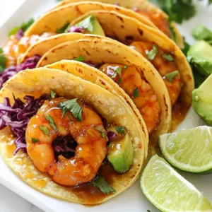 - 1 lb large shrimp, peeled and deveined - 3 tablespoons honey - 3 cloves garlic, finely minced - 2 tablespoons soy sauce - 1 tablespoon fresh lime juice - 1 teaspoon ground cumin - 8 small corn or flour tortillas - 1 ripe avocado, sliced - 1 cup red cabbage, finely shredded - Fresh cilantro leaves for garnish - Lime wedges for serving - Salt and freshly ground black pepper to taste The star of this dish is the shrimp. I love using large shrimp because they cook quickly and have great texture. Use fresh shrimp when you can. The honey adds a sweet touch that balances the garlic. I use three cloves for a strong flavor. Soy sauce brings in that umami taste. Fresh lime juice brightens everything up. Ground cumin adds warmth. Next, the tortillas are a key part. You can choose corn or flour based on your taste. Corn tortillas have a nice flavor, while flour tortillas are soft and chewy. Don’t forget the toppings! Sliced avocado adds creaminess. Red cabbage gives a nice crunch. Fresh cilantro adds a pop of flavor. Lime wedges are perfect for squeezing over the tacos. This combination makes Honey Garlic Shrimp Tacos a delight. Each ingredient plays a role in creating a tasty meal. {{ingredient_image_2}} To start, grab a medium-sized bowl. In it, whisk together the following: - 3 tablespoons honey - 3 cloves garlic, finely minced - 2 tablespoons soy sauce - 1 tablespoon fresh lime juice - 1 teaspoon ground cumin Mix well until the marinade looks smooth. This blend of sweet and salty will make the shrimp shine. Next, add 1 pound of peeled and deveined shrimp to the bowl. Make sure each shrimp gets a good coat of the marinade. Cover the bowl and let it sit for about 15 to 20 minutes. This time allows the shrimp to soak up all those great flavors. Now it's time to cook! Preheat a non-stick skillet over medium-high heat. Add the marinated shrimp to the hot skillet. Cook for 3 to 4 minutes. Stir occasionally until the shrimp turn pink and opaque. To check if they are done, look for that bright pink color and firm texture. Season with salt and freshly ground black pepper to taste. While the shrimp cooks, warm up your tortillas. You can do this in two ways: - Heat a dry skillet over low heat. Place each tortilla in for about one to two minutes on each side. - Alternatively, wrap them in aluminum foil and place them in a preheated oven for a few minutes. Once your tortillas are warm, it's time to build your tacos! On each tortilla, layer a handful of finely shredded red cabbage. Top it with a generous portion of cooked shrimp. Finally, add a few slices of ripe avocado for creaminess. To finish, sprinkle fresh cilantro leaves on top of each taco. Serve them with lime wedges on the side. This adds a burst of freshness. For presentation, arrange the tacos on a colorful plate or wooden board. Add extra lime wedges around to make it pop! To make great shrimp, check for a firm texture and a pink color. Fresh shrimp should feel slightly springy. Avoid overcooking; this makes shrimp rubbery. Cook only until they turn pink and opaque. A common mistake is cooking shrimp too long. Always watch the time closely for the best results. Corn tortillas have a nice earthy flavor. They are also gluten-free. Flour tortillas are softer and can hold more filling. If you want a crunch, go with corn. For a chewy bite, choose flour. Your choice can change the taco's taste, so pick what you enjoy most. Try adding spices like chili powder or paprika for extra kick. Fresh jalapeños can add heat, too. For a twist, mix in diced mango for a sweet touch. Adjust spice levels based on your taste. If you like mild, stick to cumin and garlic. If you love heat, add more spices to your shrimp or toppings. Pro Tips Use Fresh Shrimp: For the best flavor and texture, opt for fresh shrimp instead of frozen. If using frozen, make sure to thaw them properly before marinating. Perfectly Warm Tortillas: To keep tortillas pliable, cover them with a kitchen towel while warming. This will prevent them from drying out and help maintain their softness. Customize Your Toppings: Feel free to get creative with toppings! Add diced tomatoes, sliced jalapeños, or a drizzle of crema for an extra kick and flavor. Marinate Longer for Intense Flavor: If time permits, marinate the shrimp for up to an hour to enhance the flavors even further. Just be cautious not to over-marinate, as the acid can change the shrimp's texture. {{image_4}} You can switch up the filling for your tacos. If you want to try other seafood options, consider using fish like tilapia or mahi-mahi. These have a mild flavor and cook quickly. You might also enjoy scallops or crab meat for a twist. For a meat-free version, think about using grilled vegetables. Bell peppers, zucchini, and mushrooms add great texture. You can also use black beans or chickpeas for a hearty bite. These options keep the dish light yet satisfying. Homemade salsa can really elevate your tacos. A simple tomato salsa with diced tomatoes, onion, and cilantro works great. Add some lime juice for zest. You can also try a mango salsa for a sweet touch. For sauces, consider a creamy avocado sauce. Just blend avocado, yogurt, lime, and salt until smooth. A chipotle mayo can add a nice kick too. Mix mayonnaise with chipotle peppers in adobo for a smoky flavor. These sauces and salsas enhance the overall taste of your tacos. Incorporating local ingredients can make your tacos unique. For instance, if you live near the coast, use fresh catch seafood. You can also consider tropical fruits like pineapple or papaya. These add sweetness and freshness. In some regions, tacos are served with pickled onions or jalapeños. These toppings can add a spicy crunch that many enjoy. Explore how different cultures make tacos. In Korean cuisine, you might find a spicy kimchi taco. This fusion can create exciting new flavors that expand your palate. To keep your cooked shrimp fresh, follow these steps: - Allow shrimp to cool to room temperature. - Place shrimp in an airtight container. - Store in the fridge for up to 3 days. This method helps maintain flavor and texture. If you want to keep shrimp longer, consider freezing. In that case, use a freezer-safe bag and remove as much air as possible. Frozen shrimp can last up to 3 months. To preserve your tortillas’ freshness: - Keep them in their original packaging. - Store in a cool, dry place. If you want to freeze tortillas, stack them with parchment paper in between. Wrap them tightly in foil or plastic wrap. They can last up to 6 months in the freezer. When ready to use, thaw them in the fridge overnight. Reheating shrimp and tortillas is easy. For shrimp: - Heat a skillet over medium heat. - Add shrimp and cook until warmed through. For tortillas: - Place them in a skillet for 30 seconds on each side. - Alternatively, wrap them in a damp paper towel and microwave for 15-20 seconds. This keeps the tortillas soft and tasty. Enjoy your tacos like they are fresh again! Yes, you can use frozen shrimp. To thaw, place the shrimp in the fridge overnight. If you need them fast, submerge them in cold water for about 15-20 minutes. Change the water every few minutes for even thawing. Once thawed, pat them dry before adding to the marinade. I love adding fresh toppings to my tacos. Popular choices include: - Sliced jalapeños for heat - Diced tomatoes for freshness - Crumbled feta or cheese for creaminess - Pickled red onions for a tangy crunch - Fresh lime juice for zest Feel free to mix and match to find your favorite combo! Perfectly cooked shrimp turns pink and opaque. It should be firm to the touch but not rubbery. If they curl into a C shape, that’s a good sign. Avoid overcooking, as shrimp can become tough and chewy. Absolutely! You can make the marinade a day in advance. Store it in the fridge in an airtight container. When you're ready, just toss in the shrimp and let them soak. This saves time and deepens the flavor! Honey Garlic Shrimp Tacos can be healthy! Shrimp is low in calories and high in protein. The avocado adds healthy fats, and cabbage provides fiber and vitamins. Just watch the honey and soy sauce for sugar and sodium levels. Adjust these to suit your diet! Honey Garlic Shrimp Tacos are simple to make and full of flavor. You learned how to combine honey, garlic, and spices to create a tasty marinade. We covered marinating, cooking shrimp, and warming tortillas for the best results. You can customize your tacos with different fillings and toppings. Remember to store leftovers properly to keep them fresh. With these tips, you can enjoy delicious tacos any time, making your meals more exciting and enjoyable.