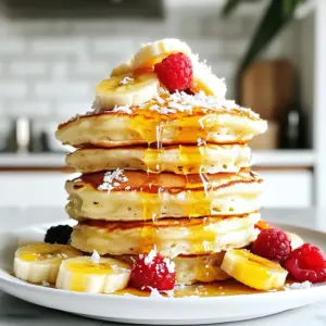 - 1 cup all-purpose flour - 1 tablespoon baking powder - 1/4 teaspoon salt - 1 cup coconut milk (for a rich, creamy texture, use canned) - 1/4 cup unsweetened shredded coconut - 2 tablespoons sugar (you can substitute with coconut sugar for a deeper flavor) - 1 large egg - 2 tablespoons melted coconut oil (or you may use vegetable oil if preferred) - 1/2 teaspoon pure vanilla extract - Additional shredded coconut and fresh fruit (like sliced bananas or mixed berries) for serving I love using all-purpose flour for a light texture. Baking powder helps the pancakes rise. The salt balances the sweetness and enhances flavors. Coconut milk brings creaminess and a tropical taste. Unsweetened shredded coconut adds a nice chew and coconut flavor. Sugar sweetens the batter, and you can swap it for coconut sugar for a deeper taste. The egg binds everything together. Melted coconut oil adds moisture and a subtle coconut flavor. Pure vanilla extract rounds out the taste, making it more aromatic. If you don't have all-purpose flour, you can try whole wheat flour. For a gluten-free option, use almond flour or coconut flour, but adjust the amount. If you want to skip the egg, use a flaxseed meal or applesauce instead. Instead of coconut milk, any milk works, but it won't have the same coconut flavor. You can replace melted coconut oil with any vegetable oil. Want a sweeter pancake? Add honey or maple syrup to the batter. {{ingredient_image_2}} Start by gathering your dry ingredients. You need one cup of all-purpose flour, one tablespoon of baking powder, and a pinch of salt. In a medium bowl, add the flour, baking powder, and salt. Use a whisk to mix them well. Make sure there are no lumps in the mixture. This step is key for light and fluffy pancakes. Now, let’s move to the wet ingredients. Grab a larger mixing bowl and pour in one cup of coconut milk. I like to use canned coconut milk for a rich taste. Next, add one-fourth cup of unsweetened shredded coconut, two tablespoons of sugar, one large egg, two tablespoons of melted coconut oil, and half a teaspoon of pure vanilla extract. Whisk these together until the mixture is smooth. It should look creamy and inviting. Preheat your non-stick skillet over medium heat. Lightly brush the skillet with coconut oil to keep the pancakes from sticking. For each pancake, pour about one-fourth cup of the batter onto the skillet. Cook for two to three minutes. Look for bubbles to form on the surface. When the edges look set, it’s time to flip. Cook for another two to three minutes until golden brown. Once cooked, stack your pancakes on a warm plate. Serve them with a sprinkle of extra shredded coconut and some fresh fruit like sliced bananas or mixed berries. Enjoy the tropical bliss! To make fluffy pancakes, you need to mix the batter gently. Overmixing can make them tough. When you combine the dry and wet ingredients, stir just until you see no dry flour. Small lumps are okay; they help keep your pancakes light. Also, using canned coconut milk gives a rich creaminess that makes a big difference. A few common mistakes can ruin your pancakes. First, don’t skip preheating your skillet. If it’s too cool, the pancakes won’t rise well. Second, use the right amount of batter. Pour about 1/4 cup per pancake. Too much batter can lead to uneven cooking. Lastly, don’t flip too soon. Wait until you see bubbles on top. This shows they are ready to flip. You can serve these pancakes in many fun ways. Top them with extra shredded coconut for a tropical feel. Fresh fruit makes a great addition too. Try slices of banana or a handful of berries. For a sweet touch, drizzle maple syrup or honey on top. You can also add a dollop of whipped cream for extra creaminess. Enjoy your delicious treat! Pro Tips Use Canned Coconut Milk: For the richest and creamiest texture, opt for canned coconut milk instead of the carton variety. Don’t Overmix the Batter: Mix the batter just until the dry ingredients are incorporated; a few lumps will ensure your pancakes are fluffy. Preheat Your Skillet: Make sure your skillet or griddle is properly preheated before cooking to achieve a golden-brown exterior. Add Flavor Variations: Experiment with spices like cinnamon or nutmeg, or try adding a bit of lime zest for a refreshing twist! {{image_4}} You can add fruits to the batter for extra flavor. Bananas and blueberries work great. Just mash the bananas or toss in the blueberries as you mix. This adds a sweet twist and makes your pancakes even tastier. The fruit cooks perfectly and gives a nice burst in each bite. If you want a different sweetness, try using coconut sugar. It adds a rich flavor that pairs well with coconut. You can also use honey or maple syrup. Just adjust the amount to fit your taste. These sweeteners can change the taste, making your pancakes unique. You can make these pancakes vegan by swapping a few ingredients. Use a flax egg instead of a regular egg. Mix one tablespoon of ground flaxseed with three tablespoons of water, then let it sit for a few minutes. Replace the coconut oil with a plant-based oil, like canola or sunflower oil. These simple swaps keep the taste and make them suitable for everyone. To store leftover pancakes, place them in an airtight container. Make sure they cool down first. You can keep them in the fridge for up to three days. This way, they stay fresh and tasty. I recommend stacking them with parchment paper in between. This helps prevent sticking. If you want to keep pancakes longer, freezing is a great option. Place cooled pancakes in a single layer on a baking sheet. Make sure they are not touching. Freeze them for about an hour until firm. Then, transfer the pancakes to a freezer bag or container. They can last up to two months in the freezer. Just remember to label the bag with the date. When you're ready to enjoy your pancakes again, reheating is easy. For the microwave, heat on high for about 30 seconds. If they are frozen, add an extra 15 seconds. For a crispier texture, use a skillet. Heat over medium heat for a few minutes on each side. This makes them taste fresh and fluffy again! You can use coconut flour, but it won't act the same. Coconut flour absorbs more liquid. If you try it, reduce the amount of coconut flour. Use about 1/4 cup of coconut flour for every cup of all-purpose flour. You will also need to add more coconut milk. Start with 1/2 cup and adjust as needed. The pancakes will taste different. They may be denser but still tasty. You can make pancakes without eggs by using a substitute. A common choice is mashed banana or applesauce. Use 1/4 cup of mashed banana or applesauce for each egg. Another option is flaxseed meal. Mix 1 tablespoon of flaxseed meal with 2.5 tablespoons of water. Let it sit for five minutes to thicken. This mixture works well in pancakes and keeps them fluffy. Toppings can make your pancakes even better. I love using extra shredded coconut for texture. Fresh fruit is also a great choice. Try bananas, berries, or mango slices. Drizzle honey or maple syrup for sweetness. A dollop of whipped cream adds creaminess. You can mix and match toppings to find your favorite combo. Enjoy your pancakes however you like! Coconut cream pancakes are simple and fun to make. We covered all the ingredients you need, the steps to cook, and tips for success. You learned how to avoid common mistakes and explore tasty variations. This recipe can adapt well to your taste. Keep these storage tips in mind for leftovers and enjoy them later. Now, get cooking! Your perfect morning treat awaits.