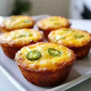 - 1 cup cornmeal - 1 cup all-purpose flour - 1 tablespoon baking powder - 1/2 teaspoon salt - 1/4 teaspoon black pepper - 1 cup buttermilk - 1/3 cup vegetable oil - 1 large egg, beaten - 1 cup shredded sharp cheddar cheese - 1/2 cup fresh jalapeños, finely chopped (seeds removed for less heat) - 2 tablespoons honey (optional, for a touch of sweetness) The mix of dry and wet ingredients sets the stage for flavor. Cornmeal gives a nice base. The all-purpose flour adds fluffiness. Baking powder helps the muffins rise. Salt and black pepper bring out all the flavors. The wet mix starts with buttermilk. It adds creaminess and moisture. Vegetable oil keeps the muffins light and tender. The egg binds everything together, adding richness. Now, let’s talk about the exciting flavors. Sharp cheddar cheese melts into gooey goodness. It gives a rich taste that pairs well with the corn. Fresh jalapeños add a spicy kick. You can remove the seeds to lower the heat. If you want a hint of sweetness, add honey. It balances the spice and cheese. These ingredients work together to create a flavor explosion in every bite. {{ingredient_image_2}} Set your oven to 400°F (200°C). This temperature helps the muffins rise and brown well. Prepare your muffin tin by lightly greasing it or using paper liners. This makes it easy to remove the muffins later. In a large bowl, combine 1 cup of cornmeal, 1 cup of all-purpose flour, 1 tablespoon of baking powder, 1/2 teaspoon of salt, and 1/4 teaspoon of black pepper. Whisk these ingredients together until they blend well. This step ensures the baking powder spreads evenly, giving you fluffy muffins. In another bowl, whisk together 1 cup of buttermilk, 1/3 cup of vegetable oil, and 1 large beaten egg. Mix until it feels smooth and creamy. This mix adds moisture and richness to your muffins. Pour the wet mixture into the dry ingredients. Use a spatula to gently stir until just combined. Don’t overmix; small lumps are okay. This keeps your muffins tender and light. Now, gently fold in 1 cup of shredded sharp cheddar cheese and 1/2 cup of finely chopped jalapeños. If you like a hint of sweetness, add 2 tablespoons of honey. Make sure the cheese and jalapeños spread evenly in the batter. Spoon the batter into the prepared muffin cups. Fill each cup about two-thirds full to allow for rising. Place the muffin tin in the oven. Bake for 15 to 20 minutes. They are ready when the tops are golden and a toothpick comes out clean. After baking, take the muffins out of the oven. Let them cool in the tin for about 5 minutes. Then, transfer them to a wire rack to cool completely. This cooling helps them firm up and enhances their texture. Enjoy the warm muffins with butter or a spicy dip! - Overmixing the batter: Mixing too much can make your muffins tough. Stir just enough to combine the wet and dry ingredients. Small lumps are okay! - Incorrect oven temperature: Always preheat your oven to 400°F (200°C). An incorrect temperature can lead to uneven baking. - Adjusting jalapeño quantity for heat preference: If you like it hot, add more jalapeños. For less heat, remove the seeds or use fewer peppers. - Cheese substitution options: Sharp cheddar is great, but you can try mozzarella or pepper jack for a different taste. - Serving suggestions with butter or dipping sauces: Serve warm muffins with melted butter on top. You can also pair them with a spicy dipping sauce. - Garnishing for added visual appeal: Add a slice of fresh jalapeño on each muffin. This not only looks nice but also adds a kick! Pro Tips Use Fresh Jalapeños: For the best flavor and heat, opt for fresh jalapeños instead of jarred ones. Remove the seeds for a milder taste or keep them for an extra kick! Experiment with Cheese: While sharp cheddar adds great flavor, feel free to mix in other cheeses like pepper jack or Monterey Jack for a different twist. Check for Doneness: To ensure your muffins are perfectly baked, insert a toothpick into the center; it should come out clean or with only a few crumbs. Storage Tips: Store any leftover muffins in an airtight container at room temperature for up to 3 days or freeze them for longer shelf life. Reheat in the oven for the best texture. {{image_4}} To amp up the heat in your cornbread muffins, try adding more jalapeños. You can also swap in different peppers. For a smoky flavor, use poblano or chipotle peppers. If you love spice, consider serrano peppers. Each pepper brings its unique taste. Adjust the quantity based on your heat tolerance. If you crave a hint of sweetness, add sugar or honey. You can use brown sugar for a richer flavor. Maple syrup also pairs well with the savory notes. Just remember to balance the sweetness with the salty cheese. This mix creates a fun, sweet-savory bite. Cheddar is great, but feel free to play with other cheeses. Mozzarella provides a mild, gooey texture. Pepper jack adds spice and creaminess. You can even blend several cheeses for a more complex flavor. Experimenting with cheese lets you create a new muffin every time. I like to store Cheddar Jalapeño Cornbread Muffins at room temperature. Keep them in an airtight container. This keeps them soft and fresh. If you want to keep them longer, you can refrigerate them. Just note, refrigeration may dry them out a bit. Freezing is a great way to save extras. To freeze, wrap each muffin well in plastic wrap. Then, place them in a freezer bag. This prevents freezer burn. When you want to enjoy them, take a muffin out and let it thaw. You can reheat it in the oven for a warm treat. Heat at 350°F (175°C) for about 10-15 minutes. Homemade cornbread muffins stay fresh for about 2-3 days at room temperature. If you keep them in the fridge, they can last up to a week. When frozen, they stay good for about 2-3 months. Just remember to label your bags with dates to keep track. Yes, you can make these muffins ahead of time. Bake them and let them cool. Store the muffins in an airtight container for up to three days. You can also freeze them for later use. Just thaw and reheat before serving. This makes it easy to enjoy them fresh, even on busy days. To make these muffins gluten-free, swap all-purpose flour with a gluten-free flour blend. Ensure the blend has xanthan gum for better texture. Also, check that your baking powder is gluten-free. This way, you can enjoy the same great taste without the gluten. These muffins pair well with many dishes. You can serve them with chili for a warm meal. They also go great with soups or stews. For a lighter option, enjoy them with a fresh salad. Don’t forget to add a dab of butter or a spicy dipping sauce for extra flavor. Yes, you can use regular milk instead of buttermilk. To mimic buttermilk, add one tablespoon of lemon juice or vinegar to the milk. Let it sit for five minutes before using. This helps achieve a similar tangy flavor and keeps the muffins moist. You learned how to make Cheddar Jalapeño Cornbread Muffins from scratch. We covered ingredients, mixing, baking, and tips to enhance flavor. Remember to avoid common mistakes like overmixing the batter. Try adding your own twist! Change the cheese or adjust the heat level with jalapeños. Store your muffins well to keep them fresh. Enjoy your baking journey, and share your creations with family and friends!