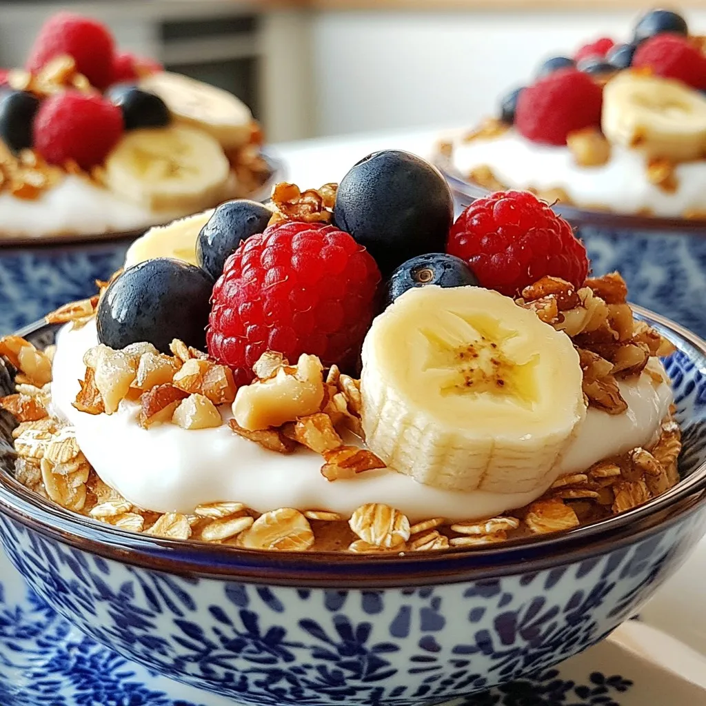 - Rolled oats: They are the base of this dish. Oats provide fiber and help you feel full. They also add a nice texture. - Banana: A ripe banana adds natural sweetness and moisture. It helps bind the batter for a smooth mix. - Protein powder: This boosts the protein content. Choose vanilla or chocolate to match your taste. - Milk alternatives: I like almond milk, but you can use any milk you prefer. It helps blend the ingredients and keeps everything moist. - Sweeteners: Maple syrup is optional. It adds a touch of sweetness if you like your pancakes sweeter. - Variety of berries: Fresh berries, like blueberries, strawberries, and raspberries, add flavor and color. They are also rich in vitamins. - Nuts: Chopped nuts, like walnuts or almonds, add crunch. They also provide healthy fats and protein. - Yogurt options: Top with Greek yogurt or almond yogurt. This adds creaminess and extra protein. - Additional flavor enhancers: Consider adding a sprinkle of cinnamon or a drizzle of honey for more taste. {{ingredient_image_2}} Start by preheating your oven to 350°F (175°C). This step makes sure the pancake bowls bake evenly. While the oven heats, grease a muffin tin with cooking spray or a bit of oil. This prevents the bowls from sticking. Next, grab a large mixing bowl. Here, combine one cup of rolled oats, one ripe mashed banana, one scoop of your favorite protein powder, and two tablespoons of almond milk. Add one teaspoon of baking powder and one teaspoon of ground cinnamon. If you like it sweeter, mix in one tablespoon of maple syrup. Stir until you have a smooth batter. Now, it's time to add some fun! Carefully fold in half a cup of mixed berries and one tablespoon of chopped nuts. Make sure they spread throughout the batter for yummy bites. Next, spoon the batter into the muffin tin, filling each cup about two-thirds full. This allows room for the pancake bowls to rise while baking. Place the muffin tin in the oven and bake for 15 to 20 minutes. They are done when the tops turn golden and a toothpick comes out clean. When the timer goes off, take the muffin tin out of the oven. Let the pancake bowls cool for a few minutes. This makes them easier to handle. Serve them warm, topping each bowl with Greek yogurt or almond yogurt. For a pretty touch, add a few extra fresh berries on top. Enjoy your tasty and healthy baked protein pancake bowls! To get the best texture, measure your ingredients carefully. Accurate measurements make a big difference. Too much flour or oats can make your pancake bowls dry. Use a kitchen scale if you can. Baking time is also key. Bake your pancake bowls for 15-20 minutes. Check them at 15 minutes. The tops should be golden, and a toothpick should come out clean. If they need more time, add a couple of minutes. One common mistake is overmixing the batter. Mix just until combined. Overmixing makes the texture tough. On the flip side, under-mixing can leave lumps. Aim for a smooth batter, but don’t worry about perfection. Another mistake is not greasing the tin well. If you skip this step, your pancake bowls might stick. Use cooking spray or a bit of oil to coat the tin well. This way, your bowls will pop out easily after baking. You can swap out protein powder easily. Try Greek yogurt or nut butter for added protein. These options can also boost flavor. To increase fiber and nutrients, add seeds like chia or flaxseed. You can also use whole grain oats instead of regular oats. Mixing in spinach or sweet potato puree adds nutrition without changing the taste much. Pro Tips Use Ripe Bananas: The riper the banana, the sweeter your pancake bowls will be. This natural sweetness can reduce the need for added sugars. Experiment with Flavors: Feel free to mix in different spices such as nutmeg or vanilla extract to customize the flavor profile of your pancake bowls. Berry Variations: Try using seasonal berries or even chopped apples for a different taste and texture. Adjust the baking time if using larger fruit pieces. Make Ahead: These pancake bowls can be made in advance and stored in the fridge. Just reheat them in the microwave for a quick breakfast option. {{image_4}} You can change the flavor of your baked protein pancake bowls in many ways. Try different fruit combinations. Use strawberries, blueberries, or even apples. Each fruit will bring its own flavor. You can also mix spices for unique tastes. Instead of just cinnamon, try nutmeg or vanilla extract. These small changes can make a big difference. If you need gluten-free options, use gluten-free oats. They work the same but are safe for those with gluten issues. For vegan adaptations, swap the protein powder for a plant-based kind. You can use almond milk or coconut milk instead of regular milk. This way, everyone can enjoy these tasty bowls. You can change your ingredients based on the season. In summer, add fresh peaches or cherries. In winter, use pumpkin puree or spiced apples. These seasonal choices keep your pancake bowls exciting. For festive toppings, consider using crushed peppermint in December or fresh berries for a spring touch. Enjoying what's in season makes each bowl special. To keep your baked protein pancake bowls fresh, store them in the fridge. Place them in an airtight container. This will help them last for about three to five days. You can also wrap them in plastic wrap before putting them in a container. If you want to keep them longer, freezing is a great option. Allow the pancake bowls to cool completely. Then, wrap each bowl in plastic wrap and place them in a freezer bag. They can stay good for up to three months in the freezer. When you're ready to eat them, just take out the number you need. When it’s time to enjoy your pancake bowls again, there are a few easy ways to reheat them. The microwave is the quickest method. Place a pancake bowl on a microwave-safe plate and heat it for about 30 seconds to one minute. Check to see if it's warm enough. If not, heat it in 10-second bursts. If you want to keep the texture nice, try reheating in the oven. Preheat your oven to 350°F (175°C). Place the pancake bowls on a baking sheet and heat for about 10 minutes. This method keeps them fluffy and delicious. Remember to add a dollop of yogurt or some fresh berries on top after reheating. This enhances the taste and makes them feel fresh again! You can replace protein powder with Greek yogurt or nut butter. Greek yogurt adds creaminess and protein, while nut butter gives healthy fats. You can use about 1/4 cup of Greek yogurt or 2 tablespoons of nut butter. This change keeps the dish tasty and boosts nutrition. Yes, you can easily make these pancake bowls vegan. Replace the egg with flaxseed meal or applesauce. Use almond milk or any plant-based milk for dairy. Opt for a plant-based protein powder if you want to keep the protein boost. These swaps keep the flavors and texture great! Baked protein pancake bowls can last up to five days in the fridge. Store them in an airtight container to keep them fresh. You can also freeze them for up to three months. To reheat, just pop them in the microwave or oven for a few minutes. To sum up, baked protein pancake bowls combine rolled oats, bananas, and protein powder for nutrition. You can personalize them with berries, nuts, and yogurt. Follow the step-by-step guide for perfect baking. Remember to measure ingredients carefully. Avoid mixing too much to get the right texture. Explore different flavors and dietary options to keep things exciting. With proper storage and reheating tips, enjoy them fresh every time. These bowls can be a delicious part of your day. Enjoy making and eating them!