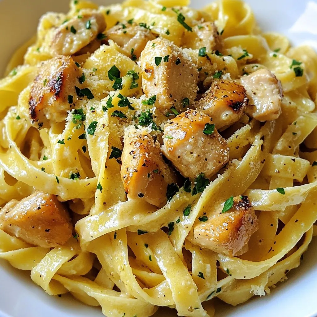 - 8 oz fettuccine pasta - 2 boneless, skinless chicken breasts, diced into bite-sized pieces - 4 cloves garlic, minced - 1 cup heavy cream - 1 cup freshly grated Parmesan cheese - 2 tablespoons olive oil - 1 teaspoon Italian seasoning blend - Salt and freshly cracked black pepper, to taste - Fresh parsley, finely chopped, for garnish This dish shines because of its simple yet flavorful ingredients. Fettuccine pasta provides a perfect base. It holds the creamy sauce well. Chicken breasts add protein and heartiness. Diced into small pieces, they cook quickly and blend perfectly with the sauce. Garlic is the star in this recipe. It brings a rich flavor that enhances every bite. I use fresh garlic cloves for the best taste. Heavy cream makes the sauce rich and smooth. It creates a velvety texture that pairs wonderfully with the pasta. Parmesan cheese adds a salty note and depth. Freshly grated cheese melts better, giving a wonderful creaminess to the sauce. The olive oil adds richness and helps cook the chicken. Italian seasoning blends perfectly with the chicken, adding herbs and spices. Salt and pepper are essential. They enhance all the flavors in this dish. Finally, fresh parsley adds color and a hint of brightness. It makes the dish look appealing and fresh. {{ingredient_image_2}} Cooking Fettuccine To start, fill a large pot with salted water. Bring it to a boil. Add 8 ounces of fettuccine pasta. Cook it according to the package instructions until it reaches al dente, which means it should be firm to the bite. Stir the pasta occasionally to prevent it from sticking together. Draining and Reserving Pasta Water Once cooked, carefully drain the pasta in a colander. Be sure to save about 1/2 cup of the starchy pasta water. This water is important for adjusting the sauce later. Set the drained pasta aside while you move on to the chicken. Sautéing in Olive Oil In a large skillet, pour 2 tablespoons of olive oil. Heat it over medium heat until it shimmers. Then, add the diced chicken breasts to the skillet. Seasoning the Chicken Sprinkle the chicken with salt, freshly cracked black pepper, and 1 teaspoon of Italian seasoning. Cook the chicken for about 5 to 7 minutes. Stir it often until the chicken turns golden brown and is cooked through. Incorporating Garlic Once the chicken is done, add 4 cloves of minced garlic to the skillet. Stir it in and let it cook for 1 to 2 minutes. Keep an eye on the garlic so it doesn't burn. Burnt garlic can taste bitter and ruin your dish. Adding Cream and Cheese Lower the heat to a gentle simmer. Pour in 1 cup of heavy cream and stir well. Mix the cream with the chicken and garlic. Slowly add 1 cup of grated Parmesan cheese to the skillet. Stir continuously until the cheese melts and the sauce is smooth. If the sauce is too thick, mix in a splash of the reserved pasta water until it reaches your desired consistency. Combining with Pasta Now, gently toss the drained fettuccine into the skillet. Make sure every strand of pasta is coated with the creamy garlic Parmesan sauce. Taste the dish and add more salt or pepper if needed. Serve it hot, and enjoy each delicious bite! Avoiding Burnt Garlic Garlic adds great flavor, but it can burn quickly. To prevent this, keep the heat at medium. Add the garlic after the chicken is cooked. Stir it in and watch closely. Cook for just one to two minutes until fragrant. If it starts to brown too fast, lower the heat immediately. Adjusting Sauce Thickness The sauce should be creamy but not too thick. If it is too thick, use the reserved pasta water. Add a little at a time while stirring. This helps to thin the sauce and keep it smooth. Remember, you can always add more, but you can't take it out. Presentation Tips To make your dish look great, use a large serving bowl. Twirl the fettuccine with a fork when serving. This gives it a nice, elegant look. Top with extra Parmesan cheese and fresh parsley. This adds color and makes it more appealing. Complementary Side Dishes Pair this pasta with a simple salad or garlic bread. A light green salad with lemon dressing works well. You can also serve roasted vegetables on the side. They add a nice crunch and balance the meal. Pro Tips Perfect Pasta Texture: Always cook your pasta until al dente for the best texture. It will continue to cook slightly when mixed with the sauce, preventing it from becoming mushy. Cheese Quality Matters: Use freshly grated Parmesan cheese instead of pre-grated for a creamier and more flavorful sauce. Freshly grated cheese melts better and enhances the dish. Starchy Water Secrecy: Don't forget to reserve some pasta water! It contains starch that helps to thicken and bind the sauce, making it adhere better to the pasta. Garlic Caution: Keep an eye on the garlic while cooking; it can burn quickly and turn bitter. Add it just before the cream to preserve its flavor. {{image_4}} Different Pasta Types You can swap fettuccine for other pasta shapes. Try penne, spaghetti, or farfalle. Each type gives a unique bite and texture. The cooking time may vary, so check the package. Alternate Proteins If you want a change from chicken, shrimp or tofu works well. Shrimp cooks fast and adds a seafood twist. Tofu brings a vegetarian option and can soak up the sauce flavor. Adding Vegetables Boost the dish by adding veggies like spinach or broccoli. Spinach wilts down and adds color. Broccoli offers crunch and nutrition. Add them when cooking the garlic for a quick sauté. Spice Variations Want some heat? Sprinkle in red pepper flakes. A little goes a long way! For a fresh zing, add lemon zest. It brightens the sauce and enhances the flavors. After enjoying your Garlic Parmesan Chicken Pasta, store any leftovers in an airtight container. This helps keep it fresh. Make sure to refrigerate it within two hours of cooking. It will stay good for about three to four days in the fridge. To reheat, simply place the pasta in a skillet over low heat. Add a splash of water or cream to keep it moist. Stir gently until it's heated through. You can also use a microwave. Just cover the dish and heat in short bursts, stirring in between. You can freeze Garlic Parmesan Chicken Pasta to enjoy later. First, let it cool completely before packing it into freezer-safe bags or containers. Remove as much air as possible to prevent freezer burn. It can last up to three months in the freezer. When you're ready to eat, take the pasta out of the freezer. Thaw it overnight in the fridge or use the microwave's defrost setting. Reheat in a skillet over low heat, adding a bit of water or cream to help it become creamy again. Stir until it’s hot, and enjoy your tasty meal! You can pair Garlic Parmesan Chicken Pasta with several tasty side dishes. Here are some great options: - Garlic Bread: It complements the garlic flavor in the pasta. - Caesar Salad: This adds a fresh, crunchy texture to your meal. - Steamed Vegetables: Broccoli or green beans work well for color and nutrition. - Roasted Potatoes: They add a hearty touch to the meal. - Caprese Salad: Fresh tomatoes and mozzarella make a great side. These sides will enhance your meal and make it even more enjoyable. Yes, you can use different cheeses in this dish. Here are some good alternatives: - Pecorino Romano: This cheese has a bold flavor and adds a nice twist. - Asiago: It's sharp and creamy, similar to Parmesan. - Mozzarella: This cheese melts well and gives a gooey texture. - Ricotta: It can make your sauce creamier and richer. Feel free to mix and match to find your perfect blend. To make Garlic Parmesan Chicken Pasta dairy-free, you can swap a few ingredients. Here are some suggestions: - Cream Substitute: Use coconut cream or cashew cream for a rich texture. - Cheese Replacement: Nutritional yeast can give a cheesy flavor without dairy. - Butter Alternative: Use olive oil or vegan butter instead of regular butter. With these changes, you can enjoy a delicious dairy-free version of this dish. You now have all the tools to make delicious Garlic Parmesan Chicken Pasta. From choosing fresh ingredients like fettuccine and chicken to mastering the sauce, each step is key. Remember to tweak it with your favorite flavors and enjoy leftovers later. With these tips, you'll impress everyone at the table. Cooking can be fun and rewarding. Your culinary journey begins with this dish, so dive in and savor every bite!
