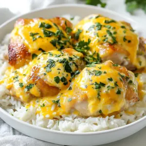 - 4 boneless, skinless chicken thighs - 1 cup long-grain rice - 2 cups low-sodium chicken broth - 1 medium onion, diced - 3 cloves garlic, minced - 1 cup heavy cream - 1 cup grated cheddar cheese - 1 teaspoon paprika - 1 teaspoon dried thyme - Salt and pepper, to taste - Fresh parsley, chopped (for garnish) To create my creamy smothered chicken and rice, I use a mix of fresh and simple ingredients. Chicken thighs bring a juicy texture, while long-grain rice absorbs flavors well. The low-sodium chicken broth adds warmth without too much salt. I love adding a diced onion and minced garlic for depth. Each brings its own sweet taste that blends so nicely. The heavy cream and cheddar make the dish rich and smooth. For seasonings, I use paprika and thyme. They enhance the chicken and rice with a warm, earthy taste. Salt and pepper balance everything out. Finally, I like to garnish with fresh parsley. It adds a pop of color and freshness to my dish. These ingredients come together to create a comforting meal that I always enjoy making and sharing. {{ingredient_image_2}} - Seasoning the chicken thighs: Begin by seasoning four boneless, skinless chicken thighs. Use salt, pepper, and paprika. Make sure to rub the spices into the meat. This step ensures a burst of flavor in every bite. - Searing the chicken for flavor: Heat two tablespoons of olive oil in a large skillet over medium-high heat. When the oil is hot, carefully add the seasoned chicken thighs. Sear each side for about 5–7 minutes until they are golden brown. The chicken should reach an internal temperature of 165°F (74°C). After searing, remove the chicken and set it aside. - Sautéing the vegetables: In the same skillet, lower the heat to medium. Add one diced onion and three cloves of minced garlic. Cook this mixture for 3–4 minutes until the onion is soft and fragrant. Stir occasionally to avoid burning. - Adding and cooking the rice: Next, add one cup of long-grain rice to the skillet. Stir well to coat the rice with oil and mix it with the onion and garlic. Let the rice cook for another 2 minutes. This step helps to enhance its flavor. - Whisking together heavy cream and cheese: While the rice cooks, take a mixing bowl and whisk together one cup of heavy cream and one cup of grated cheddar cheese. Mix until the sauce is smooth and well-combined. - Combining with rice: Once the rice is tender after about 15 minutes, stir in the creamy cheese mixture along with one teaspoon of dried thyme. Mix until everything is fully blended. - Nestling seared chicken back in: Place the seared chicken thighs back into the skillet. Ensure they are coated with the creamy rice mixture. This adds flavor and keeps the chicken moist. - Allowing flavors to meld: Let everything simmer together for an additional 5 minutes. This step allows the flavors to meld beautifully, creating a rich and comforting dish. - Ensuring chicken is cooked to the right temperature Always check the chicken's internal temperature. Use a meat thermometer to ensure it reaches 165°F (74°C). This keeps the chicken safe and juicy. - Enhancing rice flavor through sautéing Sauté the rice with onion and garlic for a few minutes. This step adds depth to the rice's taste. It helps the grains absorb the flavors when you add the broth. - Best ways to serve the dish Serve the creamy chicken and rice in shallow bowls. This lets the rice show beneath the chicken. It makes the dish look inviting and warm. - Garnishing for visual appeal Top your dish with fresh parsley. This bright green adds color and freshness. You can also sprinkle extra cheese on top for a cheesy finish. - Modifying cream and cheese ratios to taste If you want a richer dish, add more cream or cheese. For a lighter option, cut back on these ingredients. Adjust based on your family's preference. - Alternative ingredients for creaminess Try using Greek yogurt or sour cream for a tangy twist. You can also use a dairy-free cream for a different take, keeping the dish creamy and delicious. Pro Tips Season Well: Ensure to season not only the chicken but also the rice and vegetables as they cook. This enhances the overall flavor of the dish. Use Fresh Herbs: Fresh thyme or parsley can elevate the flavor profile significantly. Consider adding them at the end for a vibrant taste. Check Rice Doneness: If the rice isn't fully cooked after the suggested time, add a splash more broth and cover to steam for a few additional minutes. Make It Your Own: Feel free to customize the dish by adding vegetables like spinach or bell peppers for added nutrition and flavor. {{image_4}} You can easily change the protein in this dish. Using chicken breast instead of thighs gives a leaner option. Chicken breast cooks quickly and stays tender. If you prefer seafood, try substituting with shrimp. Shrimp cooks fast and adds a sweet flavor. Another option is tofu for a plant-based meal. Make sure to press the tofu to remove excess water before cooking. Adding veggies boosts flavor and nutrition. Spinach and peas work well in this dish. Simply stir them in during the last few minutes of cooking. They will wilt and blend into the creamy sauce. You can also use seasonal vegetables. Think about zucchini in summer or butternut squash in fall. These fresh additions make your meal colorful and tasty. Spice up the dish with different herbs and spices. For a kick, add red pepper flakes or cayenne pepper. This will give it heat without overpowering the creaminess. Fresh herbs like basil or cilantro can brighten the flavors too. Experiment with what you have on hand. Each change can turn the dish into a unique delight. To store leftovers, let the dish cool down. Place the creamy smothered chicken and rice in an airtight container. This helps keep it fresh. Use containers that seal well, like glass or plastic. They prevent moisture loss and keep flavors intact. It’s best to eat leftovers within three days for the best taste. For reheating, use a microwave or stovetop. If using a microwave, cover the dish with a lid or microwave-safe wrap. This keeps moisture in. Heat at medium power for even warming. Stir halfway through to get the heat right. On the stovetop, warm it gently over low heat. This helps keep the chicken tender. Avoid high heat; it can dry out the dish. To freeze, let the dish cool completely first. Then, scoop the chicken and rice into freezer-safe bags or containers. Remove as much air as possible to prevent freezer burn. Write the date on the container. You can freeze it for up to three months. When ready to eat, thaw it in the fridge overnight. Reheat on low heat to enjoy its creamy goodness again. Yes, you can prep Creamy Smothered Chicken and Rice ahead. To do this, cook the chicken and rice mixture as directed. Once done, let it cool completely. Store it in an airtight container in the fridge for up to three days. When you are ready to eat, reheat it on the stove over low heat. Add a splash of chicken broth to keep it moist. Stir often to ensure even heating. If you want a lighter dish, you can use half-and-half or whole milk instead of heavy cream. Both options will still give a creamy texture. You can also try coconut milk for a dairy-free version. If you use milk, add a bit of flour or cornstarch to thicken the sauce. This keeps the dish rich and flavorful without the extra calories. Creamy Smothered Chicken and Rice goes well with many sides. Here are some tasty options: - Steamed broccoli for color and crunch - Garlic bread for a buttery touch - A fresh salad with a light vinaigrette - Roasted carrots for sweetness These sides will enhance your meal and add balance to the flavors. This blog post covered a delicious Creamy Smothered Chicken and Rice. You learned about the key ingredients, step-by-step cooking instructions, and helpful tips. I shared ways to adjust flavors, presented variations, and gave smart storage advice. You can create a tasty dish that fits your taste and lifestyle. Remember, this recipe is flexible! Explore different proteins and veggies to suit your preferences. Now, let your kitchen skills shine with this creamy favorite. Enjoy every bite!