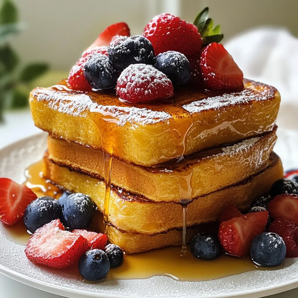 Here’s what you need to make perfect French toast: - 4 large eggs - 1 cup whole milk - 1 teaspoon vanilla extract - 1 teaspoon ground cinnamon - 1 tablespoon granulated sugar - 8 slices of thick bread (brioche or challah) - 2 tablespoons unsalted butter - Toppings: maple syrup, fresh berries, powdered sugar These ingredients work together to create a rich, fluffy treat. The eggs and milk form the base of the custard. The vanilla and cinnamon add warmth and flavor. The sugar balances the mix, making each bite sweet and delightful. Using thick bread like brioche or challah gives your French toast a soft, custardy center. The unsalted butter helps achieve that golden, crispy outer layer. Don’t forget the toppings! Maple syrup, fresh berries, and powdered sugar elevate the dish to a new level. When you gather these ingredients, you set the stage for a breakfast that delights. Enjoy the process and let the flavors shine! {{ingredient_image_2}} To start, grab a large mixing bowl. Add the eggs, whole milk, vanilla extract, ground cinnamon, and sugar. Whisk these ingredients together until smooth. You want the mixture to be frothy and well-mixed. This step is key for light and fluffy French toast. Next, heat a non-stick skillet over medium heat. Add a tablespoon of unsalted butter to the skillet. Let it melt and cover the pan evenly. Take a slice of your thick bread and dip it in the egg mixture. Make sure both sides are coated, but don’t soak it too long. Let the extra mixture drip off before cooking. Place the slice in the skillet. Cook for 2-3 minutes on each side. Look for a nice golden-brown color. If needed, add more butter for the next slices. Repeat this with the rest of the bread until all are cooked. Once all the French toast slices are ready, serve them warm on a plate. Drizzle each slice with maple syrup. Add some fresh berries on top for a pop of color and flavor. A light dusting of powdered sugar makes it look special. Enjoy your delicious meal! To get soft and fluffy French toast, focus on the egg mixture. Use fresh eggs and whisk them well. This adds air and makes your toast rise. Mix in whole milk for creaminess. Vanilla and cinnamon give flavor and warmth. Soak the bread gently, just enough to coat. If you soak too long, the bread may fall apart. Let any extra mixture drip off before cooking. This helps the toast stay light and fluffy. One common mistake is using thin bread. Thick slices, like brioche or challah, hold up better. Another error is cooking at too high a heat. Medium heat allows even cooking and prevents burning. Don’t skip the butter in the pan. It adds flavor and helps the toast brown nicely. Lastly, avoid overcrowding the skillet. Cook in batches if needed to ensure each slice has space. You can easily change the flavor of your French toast. To make it sweeter, add chocolate chips or Nutella to the mix. For a fruity twist, blend in mashed bananas or pureed strawberries. You can also experiment with spices like nutmeg or cardamom. If you want a savory option, try adding cheese or herbs. The key is to balance flavors while keeping the base recipe intact. Pro Tips Use Day-Old Bread: Slightly stale bread absorbs the egg mixture better without getting too soggy, resulting in a fluffier texture. Customize the Spice: Experiment with different spices like nutmeg or cardamom for a unique flavor twist that complements the sweetness. Keep It Warm: If cooking in batches, place cooked French toast on a baking sheet in a warm oven (200°F) to keep them warm while you finish the rest. Garnish Creatively: Enhance your presentation with a variety of toppings such as whipped cream, chocolate chips, or a sprinkle of citrus zest for added flavor. {{image_4}} You can make French toast even sweeter. Try Nutella for a rich treat. Just spread it on one side of the bread before dipping. You can also add chocolate chips. Sprinkle them on the bread after soaking in the egg mix. The heat will melt them, making each bite extra special. Fresh fruit like bananas or strawberries works great too. Just slice them up and layer them on top for a fruity twist. If you want a savory twist, think outside the box. Try adding cheese. A slice of cheddar or cream cheese adds a nice touch. You can also use cooked spinach. Just mix it into the egg mix before soaking the bread. This gives you a nice flavor boost. You can even add herbs like chives or basil for more taste. These options make French toast fun and different! You can enjoy French toast even if you’re gluten or dairy-free. Use gluten-free bread made from rice or almond flour. It works just as well. For dairy-free, substitute the milk with almond or oat milk. The taste remains delicious, and you won’t miss the dairy. Just follow the same steps as usual, and you will have a tasty breakfast that fits your needs. To store leftover French toast, let it cool first. Place it in an airtight container. You can keep it in the fridge for up to three days. If you want to enjoy it later, freezing is a good option. When you're ready to eat the leftover French toast, you can reheat it easily. Use your toaster or a skillet. For the toaster, pop it in until it's warm. If using a skillet, heat it on low for a few minutes. Add a bit of butter for extra flavor. To freeze French toast, slice it first. Lay the slices in a single layer on a baking sheet. Freeze them for about an hour until solid. Then, transfer the slices to a freezer bag. Label the bag with the date. French toast can be frozen for up to three months. Yes, you can use almond milk. It makes a nice, lighter French toast. Just keep in mind that almond milk may change the flavor a bit. Choose unsweetened almond milk for the best taste. You can make French toast without eggs by using mashed bananas or a mix of ground flaxseeds and water. For each egg, use one ripe banana or one tablespoon of flaxseed with three tablespoons of water. Mix well and soak your bread. Thick bread works best for French toast. Brioche and challah are my favorites. Their rich texture soaks up the egg mixture well. You can also use sourdough for a tangy twist. Yes, you can make French toast ahead of time. Cook the slices, then cool them on a wire rack. Store them in the fridge. To reheat, just pop them in the toaster or warm them in the oven. To keep French toast warm, place it on a baking sheet in the oven at 200°F (93°C). This way, it stays warm while you finish cooking the rest. Many toppings pair well with French toast. I love using maple syrup, fresh berries, and powdered sugar. You can also try whipped cream, nuts, or even chocolate sauce for a sweet treat. To make French toast healthier, use whole grain bread. You can also reduce the sugar or skip it altogether. Add toppings like fresh fruit or yogurt for extra nutrition. Yes, you can freeze French toast. Let it cool, then wrap each slice in plastic wrap. Store them in a freezer bag. When ready, just reheat in the toaster or oven. French toast lasts about 3-4 days in the fridge. Keep it in an airtight container to maintain freshness. Just reheat it when you’re ready to enjoy again. This blog post covered everything you need to make great French toast. We looked at the ingredients, cooking steps, and tips for the perfect dish. You learned about sweet and savory variations, plus how to store leftovers. Keep these ideas in mind for tasty breakfasts or brunches anytime. Remember, practice makes perfect, so don’t hesitate to customize your French toast. Enjoy your cooking adventures and create delicious meals for yourself and others.