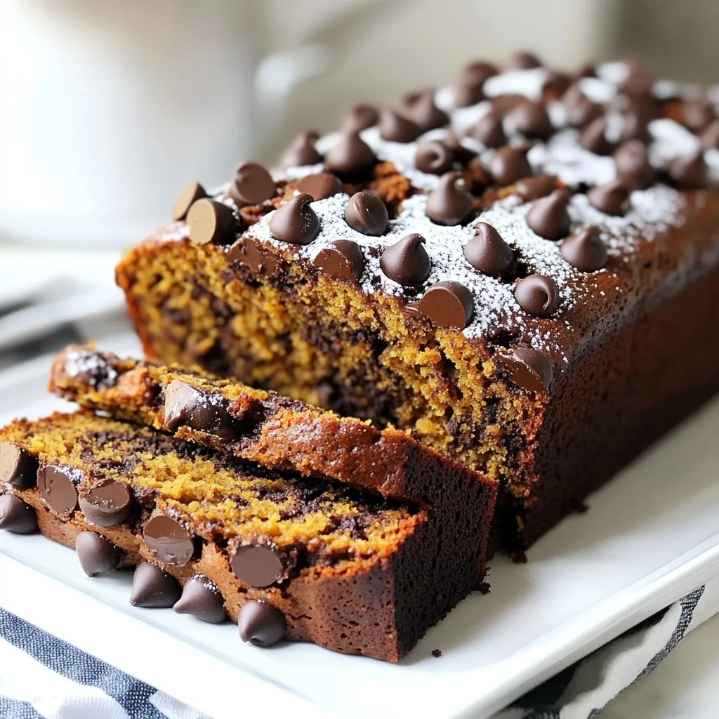 - 1 cup pure pumpkin puree - ½ cup unsweetened applesauce - ½ cup honey or maple syrup - 2 large eggs - 1 teaspoon vanilla extract - 1 ½ cups whole wheat flour - ½ cup unsweetened cocoa powder - 1 teaspoon baking soda - ½ teaspoon baking powder - ½ teaspoon salt - 1 teaspoon ground cinnamon - ½ teaspoon ground nutmeg - ½ cup dark chocolate chips This recipe combines simple, healthy ingredients to create a rich chocolate pumpkin bread. Each item plays an important role in flavor and texture. Pumpkin puree gives your bread moisture and a slight sweetness. Unsweetened applesauce adds more flavor and keeps the bread soft. You can use honey or maple syrup to sweeten it naturally. Both options work well in this recipe. The eggs bind everything together. They also help the bread rise. Vanilla extract adds a warm aroma that enhances the taste. Whole wheat flour brings fiber and a nutty flavor. Cocoa powder is what makes this bread chocolatey and delicious. Baking soda and baking powder help it rise, giving it a light texture. Salt balances the sweetness and enhances the flavors. Ground spices like cinnamon and nutmeg bring warmth and depth. Finally, dark chocolate chips add rich bursts of flavor. You can choose dairy-free chips if you prefer. These ingredients create a delightful bread that is both healthy and satisfying. {{ingredient_image_2}} - Preheat your oven to 350°F (175°C). - Grease a 9x5 inch loaf pan or line it with parchment paper. - In a large mixing bowl, combine: - 1 cup pure pumpkin puree - ½ cup unsweetened applesauce - ½ cup honey or maple syrup - 2 large eggs - 1 teaspoon vanilla extract - Whisk these ingredients until smooth and well mixed. - In another bowl, sift together: - 1 ½ cups whole wheat flour - ½ cup unsweetened cocoa powder - 1 teaspoon baking soda - ½ teaspoon baking powder - ½ teaspoon salt - 1 teaspoon ground cinnamon - ½ teaspoon ground nutmeg - Make sure there are no clumps in the dry mix. - Gradually add the dry mix to the wet mix. Stir gently until just combined. - Fold in ½ cup dark chocolate chips carefully. - Pour the batter into the prepared loaf pan. - Use a spatula to smooth the top evenly. - If you saved some chocolate chips, sprinkle them on top. - Bake for 50-60 minutes. - Check for doneness by inserting a toothpick in the center. It should come out clean. - If the top gets too brown, cover it with aluminum foil for the last 15 minutes. - Let the bread cool in the pan for about 10 minutes. - Carefully transfer it to a wire rack to cool completely. - To avoid overmixing, mix gently. Stir until ingredients just blend. - Use a spatula to fold in chocolate chips. This keeps your bread light. - Check your oven’s temperature. An oven thermometer can help. - Rotate the pan halfway through baking. This helps it bake evenly. - Serve slices with a dollop of Greek yogurt for creaminess. - Spread almond butter on warm bread for a nutty taste. - For decoration, lightly dust with cocoa powder or powdered sugar. - Place a few dark chocolate chips on top for a nice touch. - Use flax eggs or chia eggs for a vegan option. Mix 1 tablespoon with 3 tablespoons of water. Let it sit for 5 minutes. - Swap honey for agave syrup or coconut sugar for lower GI. - Try almond flour or oat flour for gluten-free bread. Adjust the amount as needed. Pro Tips Use Fresh Pumpkin Puree: For the best flavor, consider roasting your own pumpkin to make fresh puree instead of using canned. This will enhance the natural sweetness and depth of flavor in your bread. Mixing Technique: When combining wet and dry ingredients, mix until just combined. Overmixing can lead to a dense texture, so be gentle! Chocolate Chip Variation: Feel free to experiment with different types of chocolate chips, such as white chocolate or peanut butter chips, for a unique flavor twist. Storage Tips: Store the bread in an airtight container at room temperature for up to 3 days, or refrigerate it for up to a week. You can also freeze slices for longer storage. {{image_4}} You can easily adapt this recipe for different diets. For a gluten-free version, swap whole wheat flour with almond flour or a gluten-free blend. This keeps the bread moist and tasty. To reduce sugar, use less honey or maple syrup. You can also try a sugar substitute like stevia. This way, you can enjoy the bread without guilt. Want to add some crunch? Toss in chopped nuts or seeds. Walnuts or pecans work great. They add a lovely texture. You can also switch up the chocolate. Use milk chocolate, dark chocolate, or even white chocolate. Each choice gives the bread a unique flavor twist. Spices can change the mood of your bread. For fall, add more cinnamon and a pinch of cloves. In winter, try ginger or allspice. These spices make the bread feel warm and cozy. You can also add dried fruits. Cranberries or raisins add sweetness and chewiness. They are perfect for holiday gatherings or a cozy treat. To keep your healthy chocolate pumpkin bread fresh, store it in an airtight container. This prevents moisture loss and keeps it soft. You can also wrap it in plastic wrap before placing it in the container for extra protection. A glass or plastic container works best for this purpose. If you want to save some for later, freeze slices or whole loaves. Wrap each slice in plastic wrap, then place them in a freezer bag. For a whole loaf, wrap it well and label it with the date. To thaw, leave it in the fridge overnight or at room temperature for a few hours. This keeps the taste fresh and delicious. At room temperature, the bread lasts about 3 to 4 days. If you store it in the fridge, it can stay good for up to a week. Just remember to keep it in a container to maintain its moisture and flavor. Can I make this recipe in a muffin tin instead of a loaf? Yes, you can! Just fill each muffin cup about two-thirds full. Bake for 20-25 minutes, checking for doneness with a toothpick. Muffins will cook faster than the loaf. What can I substitute for pumpkin puree? You can use mashed bananas or applesauce. Both will keep the bread moist and add sweetness. How can I lower the calorie count in this recipe? To cut calories, use less honey or maple syrup. You can also reduce the chocolate chips or switch to a low-calorie sweetener. This bread is a great source of fiber and vitamins. Here are some key ingredients and their health benefits: - Pumpkin puree: High in vitamin A and antioxidants. - Whole wheat flour: Rich in fiber, helps digestion. - Cocoa powder: Contains flavonoids that may boost heart health. - Dark chocolate chips: Provide antioxidants and can improve mood. Caloric breakdown per serving: Each slice contains approximately 150 calories. This makes it a great snack or dessert option that won’t break your diet. What to do if the bread doesn’t rise? If your bread does not rise, check your baking soda and baking powder. Make sure they are fresh. Also, avoid overmixing the batter. How to fix bread that is too dry or too wet? If the bread is too dry, try adding a bit more pumpkin puree or applesauce next time. If it’s too wet, reduce the liquid ingredients a little. Check the baking time as well. This blog post covered a delicious pumpkin bread recipe. You learned about key ingredients, preparation, baking steps, and cooling methods. We also discussed tips, variations, storage, and common questions. Enjoy experimenting with flavors or substitutions to make this recipe your own. Proper storage will keep your bread fresh for days. Happy baking!