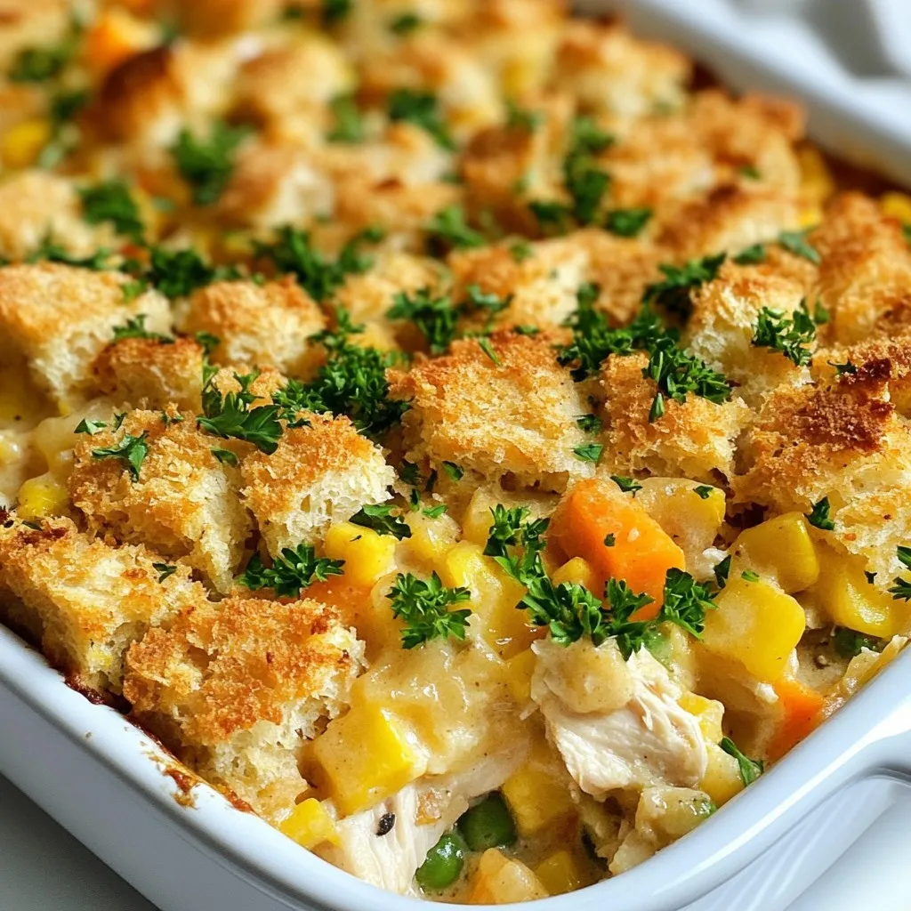 To make Cozy Chicken & Stuffing Casserole, gather these simple ingredients: - 2 cups cooked chicken, shredded - 1 cup chicken broth - 1 can (10.5 oz) cream of mushroom soup - 1 cup frozen mixed vegetables (carrots, peas, corn) - 1 tablespoon olive oil - 1 teaspoon garlic powder - 1 teaspoon onion powder - 1 teaspoon dried thyme - 1 package (6 oz) seasoned stuffing mix - 1/4 cup chopped fresh parsley (for garnish) - Salt and pepper to taste These ingredients create a comforting dish that warms the heart. For extra flavor and appeal, try these garnishes and sides: - Chopped fresh herbs like thyme or rosemary - A light side salad for freshness - Warm bread rolls to balance the meal These additions can enhance your dining experience. If you need to make changes, here are some easy swaps: - Use cooked turkey instead of chicken for a holiday twist. - Swap cream of mushroom soup with cream of chicken soup for a different flavor. - Frozen vegetables can be replaced with fresh veggies if you prefer. These substitutions keep the dish flexible and fun! {{ingredient_image_2}} Start by preheating your oven to 350°F (175°C). This helps your casserole bake evenly. In a large bowl, mix together 2 cups of shredded chicken, 1 cup of chicken broth, and 1 can of cream of mushroom soup. Add 1 cup of frozen mixed vegetables, like carrots, peas, and corn. Next, sprinkle in 1 teaspoon each of garlic powder, onion powder, and dried thyme. Season with salt and pepper to taste. Stir until all the ingredients blend well. This base mixture is the heart of your casserole. Grease a 9x13 inch casserole dish with a bit of olive oil. This step prevents sticking. Spread the chicken mixture evenly across the bottom of the dish. In another bowl, prepare the seasoned stuffing mix as per the package instructions. Usually, you will add hot water or broth and let it soak. Once it's fluffy, spoon the stuffing over your chicken mixture. Spread it out evenly. Drizzle 1 tablespoon of olive oil on top for extra flavor and moisture. Cover the dish tightly with aluminum foil to trap steam inside. Place the covered casserole in your preheated oven. Bake it for 25 minutes. After that, remove the foil. Continue baking for another 20 minutes. This allows the stuffing to get crispy and golden brown. When the casserole is bubbling and the top looks nice, it’s ready. Take it out and let it cool for 5-10 minutes. This helps the layers set. Right before serving, sprinkle fresh parsley on top for a burst of color. Enjoy your cozy meal! To get a great texture, use cooked chicken that is shredded. This helps mix well. If the chicken is too large, it will not blend right. Next, prepare the stuffing just as the package says. Soaking it in hot broth or water makes it fluffy. When you spoon it over the chicken, spread it evenly. This ensures every bite has a nice balance. For a tasty casserole, season well. Use garlic powder, onion powder, and dried thyme. These spices bring out the best in the chicken and veggies. Taste the mixture before you bake it. Adjust the salt and pepper to your liking. You can also add herbs like rosemary or sage for a twist. One common mistake is not greasing the pan enough. This can cause sticking. Also, do not skip covering your dish with foil when baking. This keeps moisture in, making the casserole tender. Lastly, avoid overbaking it. Watch for that golden crust and bubbling edges. Let it cool slightly before serving for better slicing. Pro Tips Use Rotisserie Chicken: For a time-saving shortcut, consider using store-bought rotisserie chicken. It adds excellent flavor and reduces prep time significantly. Customize Your Veggies: Feel free to swap out the frozen mixed vegetables for your favorites, such as green beans or bell peppers, to personalize the dish to your taste. Make Ahead: This casserole can be assembled a day in advance. Just cover it and refrigerate until you’re ready to bake, making it a convenient option for busy nights. Check for Doneness: Ensure the casserole is heated through and the stuffing is golden by using a food thermometer; the internal temperature should reach 165°F (74°C). {{image_4}} You can switch up the protein in this casserole. Instead of chicken, try turkey. You can use leftover turkey after holidays. For a heartier dish, shredded beef works well too. If you like seafood, cooked shrimp or crab can add a nice twist. Each protein brings its own flavor and texture, making your casserole unique. Just ensure the protein is cooked through before adding it to the mix. For a vegetarian take, skip the chicken and use hearty vegetables. Try mushrooms, zucchini, or bell peppers. A mix of beans can add protein and fiber. You can also use veggie broth instead of chicken broth. To keep it creamy, swap the cream of mushroom soup for a vegan version. This way, everyone can enjoy a cozy dish that fits their diet. Changing the spices can create new flavors. Add smoked paprika for a smoky taste. If you love heat, a pinch of cayenne pepper can spice things up. Fresh herbs like rosemary or basil can replace dried thyme for a fresh touch. You can also experiment with different soups. Cream of celery soup or a cheese soup can change the dish's flavor. Mixing these ideas helps you customize your casserole to match your taste. Store any leftover Cozy Chicken & Stuffing Casserole in an airtight container in the fridge. It stays fresh for up to three days. Make sure it cools to room temperature before sealing. This helps prevent moisture buildup and keeps it nice and tasty. You can freeze this casserole for up to three months. First, let it cool completely. Then, wrap it tightly in plastic wrap and foil. Label it with the date for easy tracking. When you’re ready to eat, just remember to thaw it in the fridge overnight before reheating. To reheat, place the casserole in a preheated oven at 350°F (175°C). Cover it with foil to keep it moist. Heat for about 25-30 minutes or until it's hot all the way through. You can also microwave individual portions on high for about 2-3 minutes. Just be careful, as the center may take longer to heat. It takes about 45 minutes to bake your casserole. You bake it for 25 minutes covered in foil. Then, remove the foil and bake for another 20 minutes. This helps the stuffing get golden brown and crispy. Yes, you can use fresh vegetables. Just chop them into small pieces. You may need to cook them for a few minutes before adding them to the dish. Fresh veggies can add great taste and color to your casserole. Reheat leftovers in the oven for the best results. Preheat the oven to 350°F (175°C). Place the casserole in a baking dish and cover it with foil. Heat for about 20 minutes, until it's warm all the way through. You can also use the microwave for quick reheating, but the oven keeps it crispy. This blog post covered everything you need for a great casserole. We explored essential ingredients and smart substitutions. I shared step-by-step instructions, tips for perfect texture, and flavor boosts. We also discussed various protein options and storage tips. Casseroles are forgiving and fun to make. Don't hesitate to experiment with flavors and ingredients. Enjoy your cooking and make the dish your own!