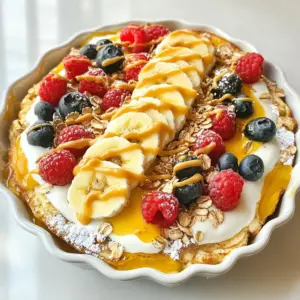- 1 cup rolled oats - 1 scoop vanilla protein powder - 1 teaspoon baking powder - 1/2 teaspoon ground cinnamon These ingredients form the base of your protein pancake bowls. The rolled oats give the dish a hearty texture and a good dose of fiber. The vanilla protein powder boosts the protein content, making it a filling choice. Baking powder helps the pancakes rise, while ground cinnamon adds warmth and flavor. - 1 cup almond milk (or alternative milk) - 1 large ripe banana, mashed - 1 tablespoon maple syrup (optional for sweetness) These liquid ingredients blend well to create a smooth batter. Almond milk or your preferred milk keeps it creamy. Mashed banana adds natural sweetness and moisture. If you like it sweeter, add maple syrup for an extra touch. - 1/4 cup assorted berries (blueberries, raspberries, strawberries) - 2 tablespoons nut butter (such as peanut butter or almond butter) - Greek yogurt, sliced banana, additional berries, and chopped nuts These add-ins and toppings turn your pancake bowls into a feast. Berries provide a burst of flavor and color. Nut butter adds richness and healthy fats. Greek yogurt gives creaminess and extra protein, while bananas and nuts add texture and taste. {{ingredient_image_2}} Start by preheating your oven to 350°F (175°C). This helps the pancake cook evenly. While the oven heats, prepare a baking dish. You can grease it lightly or line it with parchment paper. This will make it easy to remove the pancake later. In a large mixing bowl, combine the following dry ingredients: - 1 cup rolled oats - 1 scoop vanilla protein powder - 1 teaspoon baking powder - 1/2 teaspoon ground cinnamon Stir them well so they mix evenly. This step is important for flavor and texture. Now, take a ripe banana and mash it in a separate bowl. It should be smooth. Then add: - 1 cup almond milk (or your preferred milk) - 1 tablespoon maple syrup (if you want some sweetness) Mix these together until they blend well. This mixture adds moisture and flavor to your pancake. Carefully pour the banana mixture into the bowl with the dry ingredients. Stir gently until a batter forms. Be careful not to overmix, as this can change the texture. Next, fold in: - 1/4 cup assorted berries (like blueberries, raspberries, or diced strawberries) This keeps the berries whole and juicy. Pour the batter into your prepared baking dish. Spread it out evenly for even baking. Bake in the oven for 25-30 minutes. You’ll know it’s done when the center is set and the edges are lightly golden. Once baked, take the dish out of the oven. Let it cool for a few minutes. Then slice the pancake into bowls. Serve each bowl with toppings like: - Greek yogurt - Sliced banana - Extra berries - Drizzles of nut butter This adds flavor and makes each bowl look great. Enjoy your tasty and energizing breakfast! To get the best pancake texture, avoid overmixing. When you mix your dry and wet ingredients, stir until just combined. A few lumps are okay. Overmixing makes the pancakes tough. You want them light and fluffy. Keep an eye on the baking time too. Check for a golden edge and set center. This helps ensure even baking. If you have leftovers, store them in an airtight container. They can last in the fridge for up to three days. For longer storage, freeze them in single layers. When you’re ready to eat, simply microwave them. Heat for about 30 seconds to one minute. This keeps them soft and tasty. You can also reheat them in the oven at 350°F for about 10 minutes. Toppings can make your pancake bowls pop! Try Greek yogurt for creaminess. Add sliced bananas or extra berries for color. Chopped nuts add crunch and flavor. You can also drizzle nut butter on top for a tasty finish. Get creative! Use colorful bowls to make your meal look great. Arrange toppings in fun patterns. This makes breakfast not only delicious but also fun to eat. Pro Tips Use Ripe Bananas: The riper the banana, the sweeter and more flavorful your pancake bowls will be. Look for bananas with brown spots for the best taste. Experiment with Milk Alternatives: While almond milk works great, feel free to substitute with oat milk, soy milk, or any other dairy-free options to match your dietary preferences. Customize Your Toppings: Get creative with your toppings! Try adding seeds, coconut flakes, or a drizzle of honey to personalize your pancake bowls. Storage Tips: These pancake bowls can be stored in the fridge for up to 3 days. Reheat individual servings in the microwave for a quick breakfast! {{image_4}} You can switch up the flavor of your baked protein pancake bowls easily. Start with different protein powder flavors. Use chocolate, strawberry, or cinnamon protein powder for a new taste. Each flavor adds a unique twist. Try mixing two flavors for a fun outcome. This simple swap gives you a fresh breakfast every time. If you need to adjust ingredients, there are many swaps you can use. For oats, consider using ground oats or almond flour. If you want a sweeter taste, try honey or agave instead of maple syrup. You can also swap almond milk for coconut milk or soy milk. These changes keep the recipe fun and flexible. Make your pancake bowls special for holidays and seasons. In summer, add fresh peaches or cherries for a fruity boost. During fall, use pumpkin puree and spice it up with nutmeg. For winter, top with warm apple slices and cinnamon. These changes keep your breakfast exciting and festive. Each serving of baked protein pancake bowls has about: - Protein: 13 grams - Carbs: 35 grams - Fats: 10 grams This balance helps fuel your body and keep you full. The protein comes from the protein powder and nut butter. The oats provide healthy carbs, and the nut butter adds good fats. Baked protein pancake bowls offer many health benefits: - Oats are high in fiber. They help with digestion and keep you full longer. - Protein helps to build and repair muscles. It’s great for active people. - Berries are rich in vitamins and antioxidants. They add natural sweetness and color. - For toppings, use Greek yogurt for extra protein. Add sliced bananas and nuts for texture. The entire recipe has about 400 calories. Each serving contains around 100 calories. This makes it a light yet satisfying meal. Enjoying these bowls can fit well into your daily eating plan. Yes, you can make these pancakes gluten-free. Use gluten-free rolled oats instead of regular oats. Check the label to ensure they are certified gluten-free. You can also substitute oat flour for the oats if you prefer a smoother texture. This option keeps the recipe tasty and safe for those avoiding gluten. To make this recipe vegan, choose a vegan protein powder. Many brands offer plant-based options like pea or brown rice protein. For the egg alternative, use a flax egg. To make a flax egg, mix one tablespoon of ground flaxseed with three tablespoons of water. Let it sit for a few minutes until it thickens. This will help bind your pancake mixture. Yes, you can freeze these baked protein pancake bowls. After baking, let them cool completely. Then, cut them into portions and wrap each piece in plastic wrap. Place them in a freezer bag or airtight container. To reheat, thaw the bowls in the fridge overnight. Warm them in the microwave or oven until heated through. Enjoy a quick and healthy breakfast anytime! In this post, we explored how to make delicious protein pancake bowls. We discussed the main ingredients like oats, protein powder, and ripe bananas. You learned step-by-step instructions, tips for perfect texture, and ways to customize your pancakes. Remember, you can swap out ingredients or vary flavors based on the season. This recipe is not just tasty; it’s also packed with nutrients. Try it out, experiment, and enjoy the benefits of a healthy breakfast option that fits your needs.