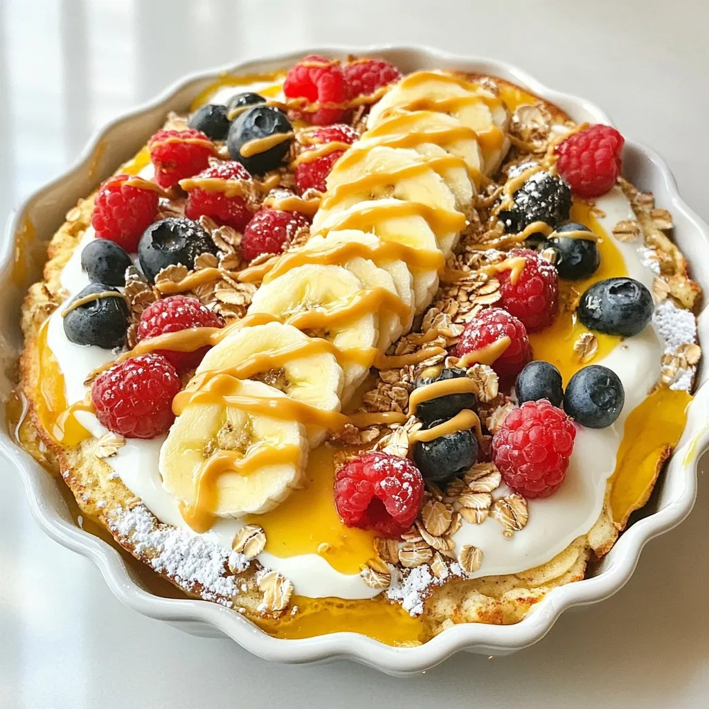 - 1 cup rolled oats - 1 scoop vanilla protein powder - 1 teaspoon baking powder - 1/2 teaspoon ground cinnamon These ingredients form the base of your protein pancake bowls. The rolled oats give the dish a hearty texture and a good dose of fiber. The vanilla protein powder boosts the protein content, making it a filling choice. Baking powder helps the pancakes rise, while ground cinnamon adds warmth and flavor. - 1 cup almond milk (or alternative milk) - 1 large ripe banana, mashed - 1 tablespoon maple syrup (optional for sweetness) These liquid ingredients blend well to create a smooth batter. Almond milk or your preferred milk keeps it creamy. Mashed banana adds natural sweetness and moisture. If you like it sweeter, add maple syrup for an extra touch. - 1/4 cup assorted berries (blueberries, raspberries, strawberries) - 2 tablespoons nut butter (such as peanut butter or almond butter) - Greek yogurt, sliced banana, additional berries, and chopped nuts These add-ins and toppings turn your pancake bowls into a feast. Berries provide a burst of flavor and color. Nut butter adds richness and healthy fats. Greek yogurt gives creaminess and extra protein, while bananas and nuts add texture and taste. {{ingredient_image_2}} Start by preheating your oven to 350°F (175°C). This helps the pancake cook evenly. While the oven heats, prepare a baking dish. You can grease it lightly or line it with parchment paper. This will make it easy to remove the pancake later. In a large mixing bowl, combine the following dry ingredients: - 1 cup rolled oats - 1 scoop vanilla protein powder - 1 teaspoon baking powder - 1/2 teaspoon ground cinnamon Stir them well so they mix evenly. This step is important for flavor and texture. Now, take a ripe banana and mash it in a separate bowl. It should be smooth. Then add: - 1 cup almond milk (or your preferred milk) - 1 tablespoon maple syrup (if you want some sweetness) Mix these together until they blend well. This mixture adds moisture and flavor to your pancake. Carefully pour the banana mixture into the bowl with the dry ingredients. Stir gently until a batter forms. Be careful not to overmix, as this can change the texture. Next, fold in: - 1/4 cup assorted berries (like blueberries, raspberries, or diced strawberries) This keeps the berries whole and juicy. Pour the batter into your prepared baking dish. Spread it out evenly for even baking. Bake in the oven for 25-30 minutes. You’ll know it’s done when the center is set and the edges are lightly golden. Once baked, take the dish out of the oven. Let it cool for a few minutes. Then slice the pancake into bowls. Serve each bowl with toppings like: - Greek yogurt - Sliced banana - Extra berries - Drizzles of nut butter This adds flavor and makes each bowl look great. Enjoy your tasty and energizing breakfast! To get the best pancake texture, avoid overmixing. When you mix your dry and wet ingredients, stir until just combined. A few lumps are okay. Overmixing makes the pancakes tough. You want them light and fluffy. Keep an eye on the baking time too. Check for a golden edge and set center. This helps ensure even baking. If you have leftovers, store them in an airtight container. They can last in the fridge for up to three days. For longer storage, freeze them in single layers. When you’re ready to eat, simply microwave them. Heat for about 30 seconds to one minute. This keeps them soft and tasty. You can also reheat them in the oven at 350°F for about 10 minutes. Toppings can make your pancake bowls pop! Try Greek yogurt for creaminess. Add sliced bananas or extra berries for color. Chopped nuts add crunch and flavor. You can also drizzle nut butter on top for a tasty finish. Get creative! Use colorful bowls to make your meal look great. Arrange toppings in fun patterns. This makes breakfast not only delicious but also fun to eat. Pro Tips Use Ripe Bananas: The riper the banana, the sweeter and more flavorful your pancake bowls will be. Look for bananas with brown spots for the best taste. Experiment with Milk Alternatives: While almond milk works great, feel free to substitute with oat milk, soy milk, or any other dairy-free options to match your dietary preferences. Customize Your Toppings: Get creative with your toppings! Try adding seeds, coconut flakes, or a drizzle of honey to personalize your pancake bowls. Storage Tips: These pancake bowls can be stored in the fridge for up to 3 days. Reheat individual servings in the microwave for a quick breakfast! {{image_4}} You can switch up the flavor of your baked protein pancake bowls easily. Start with different protein powder flavors. Use chocolate, strawberry, or cinnamon protein powder for a new taste. Each flavor adds a unique twist. Try mixing two flavors for a fun outcome. This simple swap gives you a fresh breakfast every time. If you need to adjust ingredients, there are many swaps you can use. For oats, consider using ground oats or almond flour. If you want a sweeter taste, try honey or agave instead of maple syrup. You can also swap almond milk for coconut milk or soy milk. These changes keep the recipe fun and flexible. Make your pancake bowls special for holidays and seasons. In summer, add fresh peaches or cherries for a fruity boost. During fall, use pumpkin puree and spice it up with nutmeg. For winter, top with warm apple slices and cinnamon. These changes keep your breakfast exciting and festive. Each serving of baked protein pancake bowls has about: - Protein: 13 grams - Carbs: 35 grams - Fats: 10 grams This balance helps fuel your body and keep you full. The protein comes from the protein powder and nut butter. The oats provide healthy carbs, and the nut butter adds good fats. Baked protein pancake bowls offer many health benefits: - Oats are high in fiber. They help with digestion and keep you full longer. - Protein helps to build and repair muscles. It’s great for active people. - Berries are rich in vitamins and antioxidants. They add natural sweetness and color. - For toppings, use Greek yogurt for extra protein. Add sliced bananas and nuts for texture. The entire recipe has about 400 calories. Each serving contains around 100 calories. This makes it a light yet satisfying meal. Enjoying these bowls can fit well into your daily eating plan. Yes, you can make these pancakes gluten-free. Use gluten-free rolled oats instead of regular oats. Check the label to ensure they are certified gluten-free. You can also substitute oat flour for the oats if you prefer a smoother texture. This option keeps the recipe tasty and safe for those avoiding gluten. To make this recipe vegan, choose a vegan protein powder. Many brands offer plant-based options like pea or brown rice protein. For the egg alternative, use a flax egg. To make a flax egg, mix one tablespoon of ground flaxseed with three tablespoons of water. Let it sit for a few minutes until it thickens. This will help bind your pancake mixture. Yes, you can freeze these baked protein pancake bowls. After baking, let them cool completely. Then, cut them into portions and wrap each piece in plastic wrap. Place them in a freezer bag or airtight container. To reheat, thaw the bowls in the fridge overnight. Warm them in the microwave or oven until heated through. Enjoy a quick and healthy breakfast anytime! In this post, we explored how to make delicious protein pancake bowls. We discussed the main ingredients like oats, protein powder, and ripe bananas. You learned step-by-step instructions, tips for perfect texture, and ways to customize your pancakes. Remember, you can swap out ingredients or vary flavors based on the season. This recipe is not just tasty; it’s also packed with nutrients. Try it out, experiment, and enjoy the benefits of a healthy breakfast option that fits your needs.