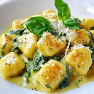 - 1 pound gnocchi (store-bought or homemade) - 5 cups fresh spinach, roughly chopped - 4 ounces feta cheese, crumbled - 2 tablespoons olive oil - 3 cloves garlic, minced - 1 cup heavy cream - ½ cup grated Parmesan cheese - ½ teaspoon freshly grated nutmeg - Salt and black pepper to taste - Fresh basil leaves for garnish In this dish, the gnocchi shines as the star. You can use store-bought or make your own. I often choose store-bought for ease. The fresh spinach adds a bright, healthy touch. I love how it wilts down and mixes with the creamy sauce. Feta cheese gives the dish a tangy kick. I crumble it right before adding to the sauce. Olive oil is my go-to for sautéing. It brings out the garlic's flavor without overpowering it. Speaking of garlic, I use three cloves for a nice, rich taste. Heavy cream makes this dish ultra creamy. It creates a velvety sauce that coats the gnocchi perfectly. I also add Parmesan cheese for depth. Nutmeg adds a warm, subtle note. Lastly, fresh basil brightens the dish. It gives a pop of color and flavor. These ingredients come together to create a delightful meal that is both comforting and elegant. Each bite is a balance of creamy, tangy, and fresh flavors that will impress anyone at your table. {{ingredient_image_2}} To boil gnocchi properly, start with a large pot. Fill it with water and add salt. Bring the water to a roaring boil. Carefully add the gnocchi to the pot. Cook them for 2-3 minutes. They are done when they float to the surface. Drain them well and set aside. Timing is key for perfect texture. Overcooked gnocchi can become mushy. Stick to the 2-3 minutes for the best results. For the creamy sauce, begin by sautéing garlic for flavor. Heat olive oil in a large skillet over medium heat. Add 3 cloves of minced garlic. Gently sauté for about 1 minute. You want it fragrant, not browned. If it browns, it will taste bitter. Next, add 5 cups of chopped spinach. Stir continuously for 3-4 minutes. This will help the spinach wilt down nicely. Once the spinach is wilted, it's time to mix in the cheeses. Pour in 1 cup of heavy cream. Stir constantly until everything combines. Add 4 ounces of crumbled feta and ½ cup of grated Parmesan cheese. Mix until the cheeses melt into the cream. This creates a wonderfully creamy texture. Now, season the sauce with ½ teaspoon of freshly grated nutmeg. Add salt and black pepper to taste. Finally, gently incorporate the cooked gnocchi into the sauce. Toss them well to coat. Let the gnocchi cook for 2-3 minutes in the sauce. This helps them absorb all that rich flavor. To make your gnocchi creamy, choose good-quality cheese. Feta adds a tangy taste, while Parmesan gives richness. Both melt well, creating a smooth sauce. Don't forget seasoning! A pinch of salt and black pepper can elevate flavors. Nutmeg adds warmth, making the dish feel cozy. Balance is key, so taste as you go. Sauté garlic in olive oil over medium heat. This brings out its flavor without burning it. Then, add spinach gradually. Stir it until it wilts down. Fresh spinach works best, but frozen can work too. If using frozen, thaw it first and squeeze out extra water. Garnish your dish with fresh basil leaves. This adds color and a fresh taste. Serve it with crusty bread or a light salad. These sides make for a complete meal. A vibrant plate gets attention and makes eating more fun! Pro Tips Use Fresh Spinach: Fresh spinach provides the best flavor and texture. If using frozen spinach, make sure to thaw and drain it well to avoid excess water in the sauce. Adjust Creaminess: For a lighter version, substitute half of the heavy cream with low-fat milk or vegetable broth. This will still give you a creamy texture while reducing calories. Customize the Cheese: Feel free to experiment with different cheeses like goat cheese or ricotta for a unique flavor. Just keep in mind that different cheeses will alter the overall taste of the dish. Perfect Gnocchi Cooking: Don’t overcook the gnocchi! Once they float to the surface, they are done. Overcooking can make them mushy and less enjoyable. {{image_4}} You can switch up your cheese for this dish. Try mozzarella or goat cheese. Both add unique flavors. If you want a lighter dish, replace heavy cream with half-and-half or whole milk. This keeps it creamy while cutting calories. Adding proteins can make this dish heartier. For meat lovers, chicken or shrimp works well. Just cook them first, then mix them into the sauce. If you prefer a vegetarian option, consider chickpeas or lentils. They add protein and texture. Herbs and spices can elevate your dish. Fresh basil or oregano brings freshness. A pinch of red pepper flakes can add heat. You can also add extra veggies like bell peppers or mushrooms for more texture. They blend well with the creamy sauce and spinach. To store your Ultra Creamy Spinach Feta Gnocchi, let it cool first. Place it in an airtight container. This will keep it fresh for up to three days. When you want to eat it, just reheat it on the stove or in the microwave. Freezing this dish is a great option. First, let it cool completely. Then, portion it into freezer-safe bags. Squeeze out as much air as you can before sealing. You can freeze it for up to three months. When it's time to eat, thaw it overnight in the fridge. Reheat it on low heat, adding a splash of cream if it seems dry. For meal prep, consider making a big batch. You can have quick meals ready for busy nights. Just heat and enjoy! Gnocchi is ready when it floats. This means the dough is cooked through. The cooking time is usually 2-3 minutes in boiling water. Be sure to check it closely. If you wait too long, gnocchi can become mushy. Once they float, scoop them out and drain them well. Yes, you can prepare this dish in advance. Cook the gnocchi and sauce separately. Store them in the fridge. When you are ready to eat, reheat them together in a skillet. Add a splash of cream if the sauce is too thick. This keeps the gnocchi creamy and delicious. You can use gluten-free gnocchi for this recipe. Look for brands made from rice or potato flour. They work well in this dish. If you can't find gluten-free gnocchi, you can try making your own. Use gluten-free flour blends to create a tasty alternative. This blog post showed how to create a tasty gnocchi dish. We explored main ingredients like gnocchi, spinach, and feta. The steps included cooking and making a creamy sauce. You learned tips for texture and flavor and how to present your meal. Remember, you can switch ingredients or add proteins to suit your taste. Store leftovers the right way for future meals. Enjoy making this dish and impressing those around you with your skills!