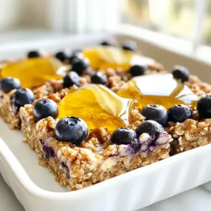 - 2 cups rolled oats - 1 cup almond flour - 1/2 cup honey or maple syrup - 1/2 cup unsweetened applesauce - 1 teaspoon vanilla extract - 1 teaspoon baking powder - 1/2 teaspoon ground cinnamon - 1/4 teaspoon sea salt - 1 cup fresh or frozen blueberries - 1/4 cup walnuts or pecans (optional) The ingredients for blueberry oatmeal breakfast bars are simple and healthy. Rolled oats form the base, giving these bars a chewy texture. Almond flour adds a nutty flavor and extra protein. Honey or maple syrup brings sweetness. Unsweetened applesauce keeps the bars moist. Vanilla extract enhances the taste. Baking powder helps them rise, while cinnamon adds warmth. Sea salt balances the flavors. Fresh or frozen blueberries provide bursts of flavor. If you like, add walnuts or pecans for crunch. For those who need gluten-free options, use certified gluten-free rolled oats and almond flour. You can make these bars vegan by replacing honey with maple syrup. Unsweetened applesauce is already vegan, so no need to change that. Make sure to check that the almond flour is also vegan. These simple swaps let everyone enjoy these tasty bars! Each bar has about 150 calories. You'll gain fiber from oats and antioxidants from blueberries. Almond flour adds healthy fats and protein. These bars pack vitamins and minerals, making them a nutritious start to your day. They are perfect for breakfast or as a snack! Enjoy the tasty benefits and feel good about what you eat. {{ingredient_image_2}} First, preheat your oven to 350°F (175°C). This step warms the oven to bake the bars evenly. Next, grab an 8x8 inch baking dish. Line it with parchment paper, letting some hang over the edges. This helps you lift the bars out easily later. In a large mixing bowl, combine 2 cups of rolled oats, 1 cup of almond flour, 1 teaspoon of baking powder, 1/2 teaspoon of ground cinnamon, and 1/4 teaspoon of sea salt. Stir well to mix all the dry ingredients. This step ensures even flavor throughout the bars. In another bowl, whisk together 1/2 cup of honey (or maple syrup), 1/2 cup of unsweetened applesauce, and 1 teaspoon of vanilla extract. Mix until smooth. This wet mixture adds sweetness and moisture to the bars. Now, pour the wet ingredients into the bowl of dry ingredients. Gently stir until just combined. It’s okay if there are a few lumps. Next, fold in 1 cup of blueberries and 1/4 cup of chopped walnuts or pecans, if you want. Be careful not to break the blueberries. Transfer the mixture to the prepared baking dish. Use a spatula to spread the batter evenly. Press it down well for a nice texture. Place the dish in the oven and bake for 25-30 minutes. You know the bars are done when the edges are golden brown and a toothpick comes out clean from the center. After baking, let the bars cool in the pan for about 10-15 minutes. Once slightly cool, lift them out using the parchment paper. Set them on a wire rack to cool completely. When ready, slice them into squares or rectangles. Enjoy right away or store them in an airtight container for up to a week. To get the best texture for your blueberry oatmeal breakfast bars, avoid overmixing the batter. When you mix the wet and dry ingredients, stop as soon as they come together. A few lumps are fine. This keeps the bars soft and chewy. Press the mixture evenly into the baking dish. Use a spatula or your hands to smooth the top. Pressing down firmly helps the bars hold together well. You want them to be nice and even when baked. You can add more flavor to your bars with spices. Consider using nutmeg or ginger for a nice twist. A pinch of cardamom can also brighten the taste. These spices can elevate your breakfast bars to a new level. When choosing blueberries, fresh ones often taste better than frozen. If you use frozen blueberries, they can be a bit mushy. However, they still work well in the recipe. Just remember to fold them in gently. For a creative way to serve your bars, stack them on a pretty plate. Dust a little cinnamon on top for flair. Place a few fresh blueberries around the edges for color. This small touch makes your breakfast bars look inviting. Garnishing can take your bars to the next level. You might drizzle some honey or maple syrup on top. A sprinkle of chopped nuts can add crunch and charm, too. Enjoy making your breakfast bars look as good as they taste! Pro Tips Freshness Matters: Using fresh blueberries will enhance the flavor and texture of your bars. If using frozen, ensure they are not overly thawed to prevent excess moisture. Perfect Texture: For chewier bars, slightly underbake them. If you prefer a firmer texture, bake until they are golden brown and a toothpick comes out clean. Customizable Ingredients: Feel free to substitute the nuts with seeds or omit them altogether for a nut-free version. You can also add other fruits like raspberries or chopped apples for variety. Storage Tips: Store the bars in an airtight container at room temperature for up to a week, or refrigerate for longer shelf life. They can also be frozen for up to three months. {{image_4}} You can easily switch up the flavors in these breakfast bars. Try a berry medley. Use strawberries, raspberries, or blackberries along with the blueberries. Each berry adds its unique taste and color, making the bars more fun. Another tasty option is to add chocolate chips. Mix in about half a cup of dark or milk chocolate chips. The chocolate pairs well with the oats and blueberries. It makes for a sweet treat that feels indulgent yet healthy. If you want a sugar-free option, use ripe bananas instead of honey or maple syrup. The bananas add natural sweetness without extra sugar. You can also try using a sugar substitute like stevia. This makes the bars great for those tracking their sugar intake. For nut-free variations, skip the nuts entirely. You can replace almond flour with oat flour or whole wheat flour. This keeps the bars tasty while avoiding nuts. They will still be soft and chewy, perfect for breakfast or snacks. These bars are great on their own, but you can make them even better. Pair them with yogurt for extra creaminess. A dollop of Greek yogurt on top adds protein and flavor. You can also serve them with fresh fruit. Slices of banana or berries create a colorful plate. These bars also work as snack bars. They are easy to grab and perfect for busy days. You can pack them for school, work, or a picnic. To keep your blueberry oatmeal breakfast bars fresh, store them in an airtight container. This method helps keep the moisture in while preventing them from drying out. You can keep them at room temperature for up to a week. For longer storage, place them in the fridge. They can last up to two weeks in the fridge without losing flavor. Freezing is a great option if you want to save some bars for later. To freeze, wrap each bar tightly in plastic wrap. Then, place them in a freezer-safe bag or container. They can stay frozen for up to three months. When you’re ready to enjoy, let them thaw in the fridge overnight. You can also reheat them in the microwave for about 20-30 seconds for a warm treat. It's essential to check your bars for spoilage. If they smell off or have a strange color, it’s best to toss them. Another sign is if they become hard or dry. Stale bars won't taste good, so it's better to enjoy them fresh. Always trust your senses when deciding whether to eat or discard. These bars last up to a week when stored in an airtight container. Keep them in a cool and dry place. If you want them to last longer, try freezing them. They stay fresh for up to three months in the freezer. Yes, you can use quick oats. However, the texture will change. Quick oats make the bars softer and chewier. Rolled oats give a heartier bite. If you prefer a firmer bar, stick to rolled oats for the best results. Absolutely! These bars are perfect for kids. They pack a good amount of fiber and vitamins. Blueberries add antioxidants, while oats provide lasting energy. Plus, they are easy to grab for busy mornings or snacks. Yes, you can make them nut-free. Simply leave out the walnuts or pecans. You can also add seeds like sunflower or pumpkin seeds for crunch. This keeps the bars nutritious and safe for those with nut allergies. To reheat, place a bar in the microwave for about 15-20 seconds. This warms them up nicely without drying them out. You can also enjoy them cold, as they taste great either way! These blueberry oatmeal breakfast bars are easy to make and tasty. We covered the key ingredients, how to mix them, and unique variations. You learned about storage tips to keep them fresh longer. These bars are not just great for breakfast; they make a perfect snack too. With a few simple steps, you can enjoy them any time. Try adding different flavors or toppings to make them your own. Enjoy your baking adventure!