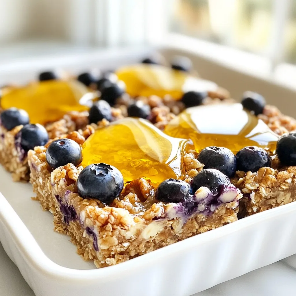 - 2 cups rolled oats - 1 cup almond flour - 1/2 cup honey or maple syrup - 1/2 cup unsweetened applesauce - 1 teaspoon vanilla extract - 1 teaspoon baking powder - 1/2 teaspoon ground cinnamon - 1/4 teaspoon sea salt - 1 cup fresh or frozen blueberries - 1/4 cup walnuts or pecans (optional) The ingredients for blueberry oatmeal breakfast bars are simple and healthy. Rolled oats form the base, giving these bars a chewy texture. Almond flour adds a nutty flavor and extra protein. Honey or maple syrup brings sweetness. Unsweetened applesauce keeps the bars moist. Vanilla extract enhances the taste. Baking powder helps them rise, while cinnamon adds warmth. Sea salt balances the flavors. Fresh or frozen blueberries provide bursts of flavor. If you like, add walnuts or pecans for crunch. For those who need gluten-free options, use certified gluten-free rolled oats and almond flour. You can make these bars vegan by replacing honey with maple syrup. Unsweetened applesauce is already vegan, so no need to change that. Make sure to check that the almond flour is also vegan. These simple swaps let everyone enjoy these tasty bars! Each bar has about 150 calories. You'll gain fiber from oats and antioxidants from blueberries. Almond flour adds healthy fats and protein. These bars pack vitamins and minerals, making them a nutritious start to your day. They are perfect for breakfast or as a snack! Enjoy the tasty benefits and feel good about what you eat. {{ingredient_image_2}} First, preheat your oven to 350°F (175°C). This step warms the oven to bake the bars evenly. Next, grab an 8x8 inch baking dish. Line it with parchment paper, letting some hang over the edges. This helps you lift the bars out easily later. In a large mixing bowl, combine 2 cups of rolled oats, 1 cup of almond flour, 1 teaspoon of baking powder, 1/2 teaspoon of ground cinnamon, and 1/4 teaspoon of sea salt. Stir well to mix all the dry ingredients. This step ensures even flavor throughout the bars. In another bowl, whisk together 1/2 cup of honey (or maple syrup), 1/2 cup of unsweetened applesauce, and 1 teaspoon of vanilla extract. Mix until smooth. This wet mixture adds sweetness and moisture to the bars. Now, pour the wet ingredients into the bowl of dry ingredients. Gently stir until just combined. It’s okay if there are a few lumps. Next, fold in 1 cup of blueberries and 1/4 cup of chopped walnuts or pecans, if you want. Be careful not to break the blueberries. Transfer the mixture to the prepared baking dish. Use a spatula to spread the batter evenly. Press it down well for a nice texture. Place the dish in the oven and bake for 25-30 minutes. You know the bars are done when the edges are golden brown and a toothpick comes out clean from the center. After baking, let the bars cool in the pan for about 10-15 minutes. Once slightly cool, lift them out using the parchment paper. Set them on a wire rack to cool completely. When ready, slice them into squares or rectangles. Enjoy right away or store them in an airtight container for up to a week. To get the best texture for your blueberry oatmeal breakfast bars, avoid overmixing the batter. When you mix the wet and dry ingredients, stop as soon as they come together. A few lumps are fine. This keeps the bars soft and chewy. Press the mixture evenly into the baking dish. Use a spatula or your hands to smooth the top. Pressing down firmly helps the bars hold together well. You want them to be nice and even when baked. You can add more flavor to your bars with spices. Consider using nutmeg or ginger for a nice twist. A pinch of cardamom can also brighten the taste. These spices can elevate your breakfast bars to a new level. When choosing blueberries, fresh ones often taste better than frozen. If you use frozen blueberries, they can be a bit mushy. However, they still work well in the recipe. Just remember to fold them in gently. For a creative way to serve your bars, stack them on a pretty plate. Dust a little cinnamon on top for flair. Place a few fresh blueberries around the edges for color. This small touch makes your breakfast bars look inviting. Garnishing can take your bars to the next level. You might drizzle some honey or maple syrup on top. A sprinkle of chopped nuts can add crunch and charm, too. Enjoy making your breakfast bars look as good as they taste! Pro Tips Freshness Matters: Using fresh blueberries will enhance the flavor and texture of your bars. If using frozen, ensure they are not overly thawed to prevent excess moisture. Perfect Texture: For chewier bars, slightly underbake them. If you prefer a firmer texture, bake until they are golden brown and a toothpick comes out clean. Customizable Ingredients: Feel free to substitute the nuts with seeds or omit them altogether for a nut-free version. You can also add other fruits like raspberries or chopped apples for variety. Storage Tips: Store the bars in an airtight container at room temperature for up to a week, or refrigerate for longer shelf life. They can also be frozen for up to three months. {{image_4}} You can easily switch up the flavors in these breakfast bars. Try a berry medley. Use strawberries, raspberries, or blackberries along with the blueberries. Each berry adds its unique taste and color, making the bars more fun. Another tasty option is to add chocolate chips. Mix in about half a cup of dark or milk chocolate chips. The chocolate pairs well with the oats and blueberries. It makes for a sweet treat that feels indulgent yet healthy. If you want a sugar-free option, use ripe bananas instead of honey or maple syrup. The bananas add natural sweetness without extra sugar. You can also try using a sugar substitute like stevia. This makes the bars great for those tracking their sugar intake. For nut-free variations, skip the nuts entirely. You can replace almond flour with oat flour or whole wheat flour. This keeps the bars tasty while avoiding nuts. They will still be soft and chewy, perfect for breakfast or snacks. These bars are great on their own, but you can make them even better. Pair them with yogurt for extra creaminess. A dollop of Greek yogurt on top adds protein and flavor. You can also serve them with fresh fruit. Slices of banana or berries create a colorful plate. These bars also work as snack bars. They are easy to grab and perfect for busy days. You can pack them for school, work, or a picnic. To keep your blueberry oatmeal breakfast bars fresh, store them in an airtight container. This method helps keep the moisture in while preventing them from drying out. You can keep them at room temperature for up to a week. For longer storage, place them in the fridge. They can last up to two weeks in the fridge without losing flavor. Freezing is a great option if you want to save some bars for later. To freeze, wrap each bar tightly in plastic wrap. Then, place them in a freezer-safe bag or container. They can stay frozen for up to three months. When you’re ready to enjoy, let them thaw in the fridge overnight. You can also reheat them in the microwave for about 20-30 seconds for a warm treat. It's essential to check your bars for spoilage. If they smell off or have a strange color, it’s best to toss them. Another sign is if they become hard or dry. Stale bars won't taste good, so it's better to enjoy them fresh. Always trust your senses when deciding whether to eat or discard. These bars last up to a week when stored in an airtight container. Keep them in a cool and dry place. If you want them to last longer, try freezing them. They stay fresh for up to three months in the freezer. Yes, you can use quick oats. However, the texture will change. Quick oats make the bars softer and chewier. Rolled oats give a heartier bite. If you prefer a firmer bar, stick to rolled oats for the best results. Absolutely! These bars are perfect for kids. They pack a good amount of fiber and vitamins. Blueberries add antioxidants, while oats provide lasting energy. Plus, they are easy to grab for busy mornings or snacks. Yes, you can make them nut-free. Simply leave out the walnuts or pecans. You can also add seeds like sunflower or pumpkin seeds for crunch. This keeps the bars nutritious and safe for those with nut allergies. To reheat, place a bar in the microwave for about 15-20 seconds. This warms them up nicely without drying them out. You can also enjoy them cold, as they taste great either way! These blueberry oatmeal breakfast bars are easy to make and tasty. We covered the key ingredients, how to mix them, and unique variations. You learned about storage tips to keep them fresh longer. These bars are not just great for breakfast; they make a perfect snack too. With a few simple steps, you can enjoy them any time. Try adding different flavors or toppings to make them your own. Enjoy your baking adventure!