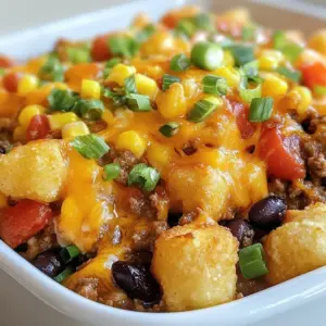 To make Slow Cooker Cowboy Casserole, gather these simple ingredients: - 1 lb ground beef - 1 medium onion, finely diced - 2 cloves garlic, minced - 1 can (15 oz) kidney beans, drained and rinsed - 1 can (15 oz) black beans, drained and rinsed - 1 can (15 oz) sweet corn, drained - 1 can (14.5 oz) diced tomatoes, including their juices - 1 tablespoon chili powder - 1 teaspoon ground cumin - 1 teaspoon smoked paprika - Salt and freshly ground black pepper, to taste - 2 cups shredded sharp cheddar cheese - 1 bag (10 oz) frozen tater tots Each ingredient brings its own flavor. The ground beef serves as a hearty base. Onions and garlic add depth and aroma. Beans and corn boost nutrition and texture. Diced tomatoes add moisture and tang. The spices tie everything together, making flavors pop. You can find most of these items at your local store. If you want to save time, consider using pre-diced onions or canned beans. This recipe allows for easy swaps. You can tailor it to your taste or pantry. Enjoy cooking this hearty meal! {{ingredient_image_2}} First, heat a medium skillet over medium heat. Add 1 pound of ground beef. As it cooks, break it into small pieces. Cook until the beef is brown. This should take about 5 to 7 minutes. Add 1 finely diced onion and 2 minced garlic cloves. Stir until the onion is soft and clear. Drain any extra fat from the skillet. This step keeps the dish lean and tasty. Next, move the cooked beef mixture into the slow cooker. Scrape all the tasty bits from the skillet into the cooker. Now, add the drained kidney beans, black beans, and sweet corn. Also, include the canned diced tomatoes with their juices. For flavor, sprinkle in 1 tablespoon of chili powder, 1 teaspoon of ground cumin, and 1 teaspoon of smoked paprika. Don't forget to add salt and black pepper to taste. Mix everything well so the spices coat the ingredients evenly. Cover the slow cooker and set it to low for 4 hours or high for 2 hours. This cooking time helps the flavors mix well. After this, spread a bag of frozen tater tots over the top. Cover the cooker again. Cook on high for another 30 minutes. This step makes the tater tots crispy and golden. In the last few minutes, add 2 cups of shredded sharp cheddar cheese on top. Cover until the cheese is melted and bubbly. Now, your hearty casserole is ready to serve! To enhance the flavor of your Slow Cooker Cowboy Casserole, use fresh herbs. Adding fresh cilantro or parsley right before serving can elevate the dish. You can also mix in some chopped jalapeños for a spicy kick. If you prefer a smoky taste, add a bit more smoked paprika. This will deepen the flavor profile and make every bite exciting. Timing matters when cooking tater tots. If you want them crispy, add them during the last 30 minutes. Make sure your slow cooker is set to high heat for this step. This ensures they cook through while getting that perfect golden finish. If you want them softer, you can add them earlier in the cooking process. Garnishes can make your casserole look special. I recommend using freshly chopped green onions and cilantro. They add color and a fresh taste. You can also serve with a dollop of sour cream or a sprinkle of cheese on top. These small touches can make your dish not just tasty, but also beautiful. Pro Tips Use Lean Ground Beef: Opt for lean ground beef to reduce the amount of grease in the final dish, making it healthier while still maintaining flavor. Customize the Beans: Feel free to mix and match your beans! Chickpeas or pinto beans can add a different texture and flavor, making the dish even more interesting. Layer the Cheese: For a gooier texture, try adding some cheese between the layers of the casserole before adding the tater tots on top. Spice it Up: Adjust the spices to your taste! If you like it spicier, consider adding diced jalapeños or a splash of hot sauce to the mixture before cooking. {{image_4}} To make a vegetarian version of the Slow Cooker Cowboy Casserole, swap the ground beef for plant-based crumbles. You can also use lentils or chickpeas for added protein. Replace the cheese with a dairy-free option or simply skip it. This makes the dish hearty and satisfying, even without meat. If you like heat, add diced jalapeños or a splash of hot sauce to the mix. You can also stir in a teaspoon of cayenne pepper or a dash of crushed red pepper flakes. This will kick up the flavor and give your casserole a nice zing. Feel free to customize the beans. Use pinto beans or black-eyed peas instead of kidney and black beans. You can also switch out the corn for diced bell peppers or zucchini. Experiment with different spices, like oregano or coriander, to create your own unique flavor profile. After cooking your Slow Cooker Cowboy Casserole, let it cool down. Once cooled, transfer it to an airtight container. It will stay fresh in the fridge for about 3-4 days. Make sure to label the container with the date. This simple step helps you track how long your meal has been stored. If you want to save some for later, freezing is a great option. Portion the casserole into freezer-safe containers or bags. This helps prevent freezer burn. You can freeze it for up to 2-3 months. When you're ready to enjoy it, just thaw it in the fridge overnight before reheating. To reheat the casserole, you have a few choices. You can use the microwave or the oven. If using the microwave, place a portion in a bowl and heat it on high for 2-3 minutes. Stir halfway through for even heating. If you prefer the oven, preheat it to 350°F (175°C). Place the casserole in an oven-safe dish, cover it with foil, and heat for about 20-25 minutes. Make sure it’s hot all the way through before serving. Yes, you can make this casserole ahead of time. Prepare the dish up to the point of cooking. Store it in the slow cooker insert in the fridge overnight. In the morning, just plug in the slow cooker and cook as directed. This saves time and makes meal prep easy. You can use several options instead of ground beef. Ground turkey or chicken works well. For a vegetarian option, try using lentils or mushrooms. These choices add great flavor and texture. Make sure to adjust the seasoning to match your taste. Store any leftovers in an airtight container. Keep them in the fridge for up to four days. For longer storage, you can freeze the casserole. Just make sure to let it cool completely before freezing. This keeps the taste fresh and yummy. Yes, you can cook this casserole on the stovetop. Start by browning the meat in a large pot. Then, add all the other ingredients and stir well. Simmer on low heat for about 30 minutes. This method gives you a quick and tasty meal. This blog post covered how to make a delicious Slow Cooker Cowboy Casserole. We explored essential ingredients, step-by-step cooking, and helpful tips. You learned how to enhance flavor and customize with swaps. Plus, we discussed storage for leftovers and answered common questions. Enjoy this easy meal with friends or family. It’s comforting, tasty, and simple to prepare. You can’t go wrong with a cozy casserole that satisfies everyone’s cravings. Dive into cooking, and make this dish your own!