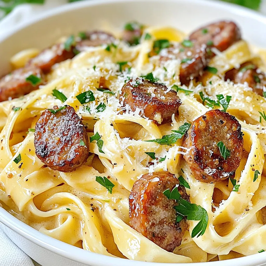- 8 oz fettuccine pasta - 1 lb smoked sausage, sliced - 2 tablespoons olive oil - 1 small onion, chopped - 3 cloves garlic, minced - 1 teaspoon Cajun seasoning - 1 cup heavy cream - 1 cup grated Parmesan cheese - 1/2 cup fresh parsley, chopped - Salt and pepper to taste To make Cajun Smoked Sausage Alfredo, you will need a few key ingredients. First, choose 8 oz of fettuccine pasta. This pasta holds the sauce well. For protein, use 1 pound of smoked sausage, sliced into rounds. This sausage adds a rich flavor to your dish. You also need 2 tablespoons of olive oil to sauté the sausage. For the base, have 1 small onion, chopped finely, and 3 cloves of garlic, minced. They add great depth to the dish. To spice it up, include 1 teaspoon of Cajun seasoning. This gives the dish its signature kick. Next, for creaminess, 1 cup of heavy cream is essential. Finally, you need 1 cup of grated Parmesan cheese to create a luscious sauce. Don’t forget 1/2 cup of fresh parsley for a pop of color and freshness. Season with salt and pepper to taste. - Extra Parmesan cheese for garnish - Paprika for garnish - Additional toppings or spices For those who want to elevate their dish, consider optional ingredients. Extra Parmesan cheese makes for a lovely garnish. A sprinkle of paprika adds a nice color and hint of flavor. You can also add other toppings or spices to fit your taste. {{ingredient_image_2}} - Boil salted water in a large pot. - Add 8 oz of fettuccine and cook until al dente, about 8-10 minutes. - Heat 2 tablespoons of olive oil in a large skillet. - Add 1 lb of sliced smoked sausage. Brown it for about 5-7 minutes, stirring often for even cooking. - Once browned, add 1 small chopped onion and 3 minced garlic cloves. - Sauté until the onion is soft and clear, about 3-4 minutes. - Sprinkle in 1 teaspoon of Cajun seasoning and mix it well. - Pour in 1 cup of heavy cream and stir as it simmers for 3-5 minutes. - Lower the heat and add 1 cup of grated Parmesan cheese. - Stir until the sauce is smooth. If too thick, add some reserved pasta water. - Toss the cooked fettuccine in the sauce until fully coated. - Before serving, stir in 1/2 cup of chopped fresh parsley for a touch of color. To get the right sauce thickness, you need to stir. Start with low heat and slowly add the cream. This helps it blend well. If it gets too thick, add a bit of pasta water. This keeps the sauce smooth and creamy. Using fresh ingredients makes a big difference. Fresh garlic and parsley add great flavor. Fresh Parmesan cheese melts better than the pre-grated kind. These small changes make your dish taste amazing. Pair your dish with a light salad. A simple green salad with vinaigrette works well. Garlic bread is another great choice. It soaks up the creamy sauce. For a nice presentation, use deep bowls. Serve the pasta and sprinkle extra cheese on top. A little paprika adds color, and a sprig of parsley makes it look fancy. One common mistake is overcooking the pasta. Cook it until it's al dente for the best texture. This keeps it firm and helps it hold onto the sauce. Not seasoning enough can also ruin the dish. Always taste before serving. Add salt and pepper as needed. Don’t skip this step; it makes a huge difference in flavor. Pro Tips Use Fresh Ingredients: Fresh parsley and high-quality Parmesan cheese can significantly enhance the flavor of your Alfredo sauce. Adjust the Spice Level: If you like it spicier, add more Cajun seasoning or a pinch of cayenne pepper to the sauce. Don’t Overcook the Pasta: Cook the fettuccine until just al dente, as it will continue to cook slightly when mixed with the hot sauce. Save Pasta Water: Keep a cup of the reserved pasta water handy to adjust the sauce's consistency if it becomes too thick. {{image_4}} You can change the sausage type. Try chicken or turkey for a lighter meal. These options keep your dish tasty. You can also use different pasta shapes. Penne or rigatoni work well and hold sauce nicely. Want more heat? Adjust your Cajun seasoning. Add more or less based on your taste. You can also include fresh peppers. Jalapeños or serranos can give your dish a spicy kick. A dash of hot sauce works too! For a vegetarian version, use plant-based sausage. Many brands offer tasty options that mimic meat. You can substitute heavy cream with plant-based cream too. This keeps the dish creamy and delicious without dairy. To keep your Cajun Smoked Sausage Alfredo fresh, store leftovers right. Use airtight containers to seal in moisture. Glass or BPA-free plastic containers work best. Before sealing, let the dish cool to room temperature. This step helps prevent condensation. Always label your containers with the date. Aim to eat leftovers within three days for best taste. For reheating, use a skillet on low heat. Add a splash of water or cream to help the sauce. Stir gently to avoid burning. This keeps the sauce creamy and smooth. If using a microwave, heat in short bursts. Stir after each burst to ensure even heating. Avoid overheating, as it can change the sauce's texture. You can freeze Alfredo, but it may change texture. To freeze, let the dish cool completely. Place it in freezer-safe containers. Leave some space for expansion. Label with the date and name. Thaw overnight in the fridge before reheating. For best results, reheat slowly on the stove. Add a little cream to restore its creaminess. To add heat, use more Cajun seasoning. You can also add crushed red pepper flakes. If you enjoy fresh heat, chop up jalapeños or add diced hot peppers. Incorporating spicy sausage can also boost the heat level. Remember to taste as you go, so you don’t overpower the dish. Cajun Smoked Sausage Alfredo pairs well with various side dishes. Here are some great options: - Garlic bread for a crunchy side - A fresh green salad with a tangy dressing - Roasted vegetables for extra flavor and nutrition - Steamed broccoli for a healthy crunch These sides will enhance your meal and balance the rich flavors of the Alfredo sauce. Yes, you can prepare Cajun Smoked Sausage Alfredo ahead of time. Cook the pasta and sauce, then store them separately in the fridge. When ready to serve, combine them in a skillet. Add a splash of cream or pasta water to refresh the sauce. For best results when reheating, use low heat on the stove. Stir gently to avoid sticking. You can also add a little cream to revive the sauce’s smooth texture. This recipe for Cajun Smoked Sausage Alfredo is easy and fun to make. We covered the key ingredients, step-by-step cooking tips, and common mistakes to avoid. Remember to adjust the spice level to suit your taste. You can experiment with different sausages or pasta types. Enjoy your meal fresh or store it for later. This dish is sure to impress anyone. With simple steps, you can create a tasty meal in no time. Dive into this recipe and enjoy every bite!