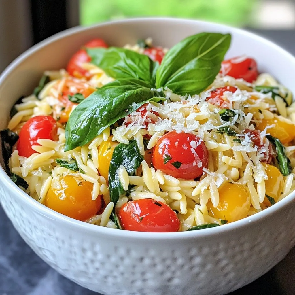 To make this One-Pot Creamy Orzo Dinner, you need a few simple ingredients. Here’s the list: - One cup of orzo pasta - One tablespoon extra virgin olive oil - One small onion, finely chopped - Two cloves garlic, minced - One cup baby spinach, roughly chopped - One cup cherry tomatoes, halved - Two cups vegetable broth (low-sodium recommended) - One cup heavy cream - One teaspoon dried Italian herb blend (oregano, basil, thyme) - Salt and freshly cracked black pepper to taste - Half a cup freshly grated Parmesan cheese - Fresh basil leaves for garnish Each ingredient plays a key role in creating a rich and creamy flavor. The orzo pasta is the base. It cooks up soft and absorbs all the tasty broth. The olive oil adds a smooth richness, while the onion and garlic give depth to the dish. The baby spinach brings a fresh touch and color. Cherry tomatoes add a sweet burst. The vegetable broth makes everything moist and flavorful. Heavy cream gives it that creamy texture you desire. The dried herbs tie everything together, while Parmesan cheese adds a salty, nutty flavor. Finally, fresh basil leaves make for a perfect garnish. With these ingredients, you can create a meal that is both comforting and satisfying. {{ingredient_image_2}} - Heat 1 tablespoon of extra virgin olive oil in a large pot over medium heat. - Add 1 small finely chopped onion. Cook it for about 3-4 minutes until it is translucent. - Next, add 2 minced garlic cloves. Sauté briefly for 1 minute to bring out the flavor. - Now, it is time to add 1 cup of orzo pasta to the pot. - Toast the orzo for 2 minutes while stirring often. This step adds a nice nutty flavor. - Pour in 2 cups of vegetable broth. Stir well to combine. - Bring the mixture to a simmer. Cover the pot and let it cook for 10 minutes. - Stir occasionally until the orzo is al dente and most of the liquid is absorbed. - After the orzo is cooked, stir in 1 cup of heavy cream. - Add 1 cup of roughly chopped baby spinach and 1 cup of halved cherry tomatoes. - Sprinkle in 1 teaspoon of the dried Italian herb blend. Mix everything well and cook for 2-3 minutes until the spinach wilts. - Remove the pot from heat and fold in 1/2 cup of freshly grated Parmesan cheese. - Season with salt and freshly cracked black pepper to taste. Stir until the cheese melts and creates a creamy sauce. - Let the dish rest for 5 minutes to thicken. - Serve the creamy orzo in deep bowls. Garnish with fresh basil leaves and a sprinkle of extra Parmesan. Enjoy! - Ensure the orzo is lightly toasted: To start, toast the orzo in olive oil. This step adds a nutty flavor. Stir it for about two minutes until it gets a light golden color. - Stir frequently to prevent sticking: Keep your orzo moving! Stir it often while it cooks. This helps to prevent clumping and sticking to the bottom of the pot. - Suggestions for additional herbs and spices: You can add fresh herbs like parsley or dill for extra flavor. A pinch of red pepper flakes can give it a nice kick. Experiment with spices like paprika or cumin to add depth. - Options for adding protein: Want to make it heartier? Try adding cooked chicken, shrimp, or even sautéed mushrooms. These will elevate the dish and make it more filling. - Best practices for plating the dish: Use deep bowls for serving. This makes it look inviting and keeps the creamy orzo warm. - Garnishing ideas for visual appeal: Top your dish with fresh basil leaves and a sprinkle of extra Parmesan cheese. This not only looks good but adds fresh flavors too. For a rustic touch, serve with crusty bread on the side. Pro Tips Use Fresh Ingredients: Fresh vegetables and herbs enhance the flavor profile of your dish. Opt for organic cherry tomatoes and fresh spinach when possible. Adjust the Creaminess: For a lighter version, substitute half of the heavy cream with low-fat milk or a plant-based cream alternative. Customize with Proteins: Add cooked chicken, shrimp, or chickpeas for a protein boost and make the dish more filling. Make it Ahead: This dish can be prepared in advance. Simply reheat gently on the stove, adding a splash of broth to loosen the sauce if it thickens too much. {{image_4}} You can easily make this dish vegetarian. Try substituting vegetables like zucchini, bell peppers, or peas. These add color and flavor. You can also use plant-based creams, like coconut cream or cashew cream, to keep it creamy without dairy. They provide a nice richness. Want to add protein? Chicken, turkey, or shrimp work well. For chicken or turkey, cook bite-sized pieces in the pot before adding the orzo. This gives great flavor. For shrimp, add them in during the last few minutes of cooking. They cook quickly and blend nicely with the dish. If you need a gluten-free meal, use gluten-free pasta. Brown rice or quinoa pasta are good choices. You may need to adjust cooking times slightly. To keep that creamy texture, add extra plant-based cream or a splash of vegetable broth. This ensures you still enjoy a rich, satisfying meal. To keep your creamy orzo fresh, you should refrigerate or freeze it. If you plan to eat it within a few days, place the leftovers in an airtight container. Make sure to cool the orzo to room temperature first. For longer storage, freeze it in a freezer-safe container. Glass or BPA-free plastic containers work well. Label each container with the date. When reheating, you want to keep the creaminess. The best way is to use a stovetop. Add a splash of broth or cream to help keep it moist. Heat on low, stirring often to avoid sticking. You can also use the microwave, but cover it loosely to let steam escape. This prevents overcooking, which can make it dry. In the fridge, your one-pot creamy orzo will last about 3-5 days. If you freeze it, it can last up to 2-3 months. However, the texture may change after thawing. Always check for any off smells or signs of spoilage before eating. Yes, you can make this orzo dish a day before. Cook it and let it cool. Store it in an airtight container in the fridge. When you are ready to eat, just reheat it gently. If you want a lighter dish, use half-and-half or whole milk. You could also try coconut milk for a dairy-free option. These swaps will change the flavor a bit but still taste great. To reheat, add a splash of broth or milk. This keeps it creamy. Heat on low in a pot, stirring often. Avoid the microwave if you can, as it may dry out the orzo. You can easily double this recipe. Just use a larger pot. The cooking time may stay the same, but check for doneness. Stir more often to avoid sticking. This creamy orzo goes well with a simple green salad. You can also serve it with grilled chicken or fish. Garlic bread adds a nice touch too. This blog post covered a tasty creamy orzo dish. We explored ingredients, cooking steps, and tips to enhance your meal. I shared ways to store leftovers and reheat them without losing flavor. In conclusion, this dish is easy to make and can fit any diet. With simple changes, you can enjoy it your way. Give it a try, and you may discover a new favorite recipe!