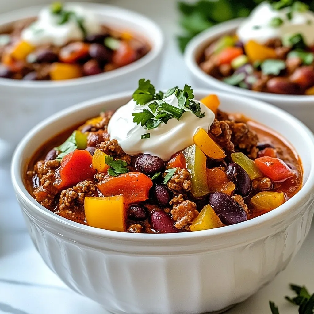 To make a great chili, you need these main ingredients: - 1 lb ground beef or plant-based meat - 1 medium onion, finely chopped - 2 cloves garlic, minced - 1 can (15 oz) black beans, drained and rinsed - 1 can (15 oz) kidney beans, drained and rinsed - 1 can (28 oz) crushed tomatoes - 2 tablespoons chili powder - 1 tablespoon ground cumin - 1 teaspoon smoked paprika - 1 tablespoon olive oil - 1 bell pepper (any color), diced - 1 jalapeño pepper, diced (remove seeds for a milder flavor) - Salt and black pepper to taste These ingredients work together to create a rich and hearty flavor. The combination of beans adds texture and protein. The spices give it warmth and depth. For an extra touch, consider these optional toppings: - Shredded cheese - Sour cream - Fresh herbs, like cilantro or green onions These toppings can enhance the chili's flavor and presentation. They let everyone customize their bowl, making it even more fun. Enjoy experimenting with your favorite toppings! {{ingredient_image_2}} 1. Sauté onions and garlic First, grab a large pot. Heat 1 tablespoon of olive oil over medium heat. Add 1 medium onion, finely chopped, and 2 cloves of minced garlic. Sauté for about 3-4 minutes. The onion should look clear, and the garlic will smell great. 2. Cooking ground meat Next, raise the heat to medium-high. Add 1 pound of ground beef or plant-based meat. Break the meat apart with a spatula. Cook it until brown, which takes about 5-7 minutes. 1. Incorporating bell and jalapeño peppers Time to add flavor! Dice one bell pepper of any color and one jalapeño pepper (remove seeds for less heat). Stir these into the pot. Cook for another 3-4 minutes until the peppers soften. 2. Blooming spices for enhanced flavor Now, sprinkle in 2 tablespoons of chili powder, 1 tablespoon of ground cumin, and 1 teaspoon of smoked paprika. Stir well to coat everything. Cook for 1-2 minutes. This step helps the spices release their full flavor. 1. Adding tomatoes and beans Pour in 28 ounces of crushed tomatoes. Then, add 15 ounces each of drained black beans and kidney beans. Stir until everything combines well. 2. Adjusting seasoning and cooking time Season with salt and black pepper to taste. Bring the pot to a gentle simmer. Once it simmers, lower the heat, cover, and let it cook for at least 30 minutes. For richer flavor, let it simmer for up to 2 hours. Stir occasionally to keep it from sticking. Sautéing vegetables adds depth to your chili. Start with onion and garlic. Cook them until soft and fragrant. This brings out their sweet flavors. Next, add your meat. Brown it well for a rich taste. The key is to let the meat get some color. This adds a savory layer to your dish. Simmering is also important. Once you've combined all ingredients, let the chili simmer. A good simmer allows the flavors to meld. For best results, simmer for at least 30 minutes. If you can, let it cook longer. It only gets better with time. You can easily adjust the spice levels. For milder chili, remove the seeds from the jalapeño. You can also skip the jalapeño altogether. If you like heat, add more chili powder. Taste as you go to find your perfect balance. For a vegetarian option, swap ground beef for plant-based meat. Keep all the other ingredients the same. This way, you still get all the great flavors without meat. Serving chili can be fun and creative. Ladle it into nice bowls. Offer a variety of toppings on the side. This could include cheese, sour cream, or fresh herbs. Let guests customize their chili to their liking. For containers, use deep bowls or rustic mugs. They add charm to your meal. Make sure to have a big spoon for serving. This makes it easy for everyone to dig in! Pro Tips Enhance Flavor: For a deeper flavor, consider adding a splash of beer or a tablespoon of cocoa powder to the chili while it simmers. Make It Ahead: This chili tastes even better the next day! Make it ahead of time and let the flavors meld in the refrigerator overnight. Adjust Spice Level: If you prefer a spicier chili, leave the seeds in the jalapeño or add a pinch of cayenne pepper to the mix. Freezing Tips: This chili freezes well! Portion it into airtight containers and freeze for up to 3 months for a quick meal later. {{image_4}} Chili varies by region. Texas-style chili is thick and meaty. It usually skips beans. On the other hand, Cincinnati chili is sweet and served over spaghetti. It often includes spices like cinnamon and chocolate. If you're looking for a meat-free option, try vegetarian chili. Use plant-based meat or extra beans for texture. Vegan chili can skip dairy too, focusing on veggies and spices. Want to make your chili unique? Add dark chocolate for richness. Just a small amount enhances the flavors. Beer is another great addition. It adds depth and a slight bitterness. Different beans can also change the taste. Try using pinto beans or chickpeas alongside black and kidney beans. Each bean has its own flavor and texture. Chili is fun to serve in many ways. You can make nachos with chili on top! Just layer chips with cheese, then add hot chili. Bake it until the cheese melts. Another tasty idea is chili-stuffed baked potatoes. Scoop out some potato and fill it with chili. Top with cheese, sour cream, or green onions for extra flavor. These options make your meal fun and interactive! To keep your chili fresh, follow these simple steps: - Allow the chili to cool to room temperature. - Transfer the chili to airtight containers. Glass or plastic containers work well. - Store the chili in the fridge for up to four days. - Label the container with the date to track freshness. Using airtight containers helps keep the flavors intact. If you have more chili than you can eat, freezing is a great option. Here’s how to do it: - Portion the chili into freezer-safe bags or containers. - Remove as much air as possible to avoid freezer burn. - Label the bags or containers with the date and contents. Chili can last in the freezer for about three months. When you're ready to enjoy it again, thaw it in the fridge overnight. Reheat it on the stove or in the microwave before serving. Enjoy your flavorful chili any time! Award-winning chili stands out due to its rich flavors and perfect balance. Here are key factors: - Quality Ingredients: Use fresh vegetables and good meat or beans. They add depth. - Spices: A mix of chili powder, cumin, and smoked paprika creates a warm, bold taste. - Cooking Technique: Sautéing onions and garlic first builds a strong flavor base. - Simmer Time: Longer cooking times let flavors meld and deepen. Aim for at least 30 minutes. By focusing on these areas, your chili can impress judges and friends alike. Yes! You can make this chili in a slow cooker. Here’s how to adjust: - Sauté First: Cook onions and garlic in a skillet before adding. This boosts flavor. - Layer Ingredients: Put meat, beans, tomatoes, and spices in the slow cooker. - Cook Time: Set it on low for 6-8 hours or high for 3-4 hours. This method makes it easy and allows flavors to develop slowly. Serving chili at a party is fun and easy. Here are some ideas: - Chili Bar: Set up a chili bar with bowls of toppings. Include shredded cheese, sour cream, and fresh herbs. - Bowls and Spoons: Use individual bowls for a neat serving. Provide spoons for guests. - Pairings: Offer cornbread or tortilla chips as tasty sides. With these tips, your chili will be a hit at any gathering! You learned how to make chili from scratch with key ingredients and simple steps. I shared tips to enhance flavor and customize your dish. Remember, the best chili suits your taste. Feel free to experiment with toppings and spices. You can even adapt recipes based on your dietary needs. Whether shared at a party or enjoyed solo, chili warms the heart. Don’t forget to store leftovers wisely for later. Enjoy your delicious, homemade chili!